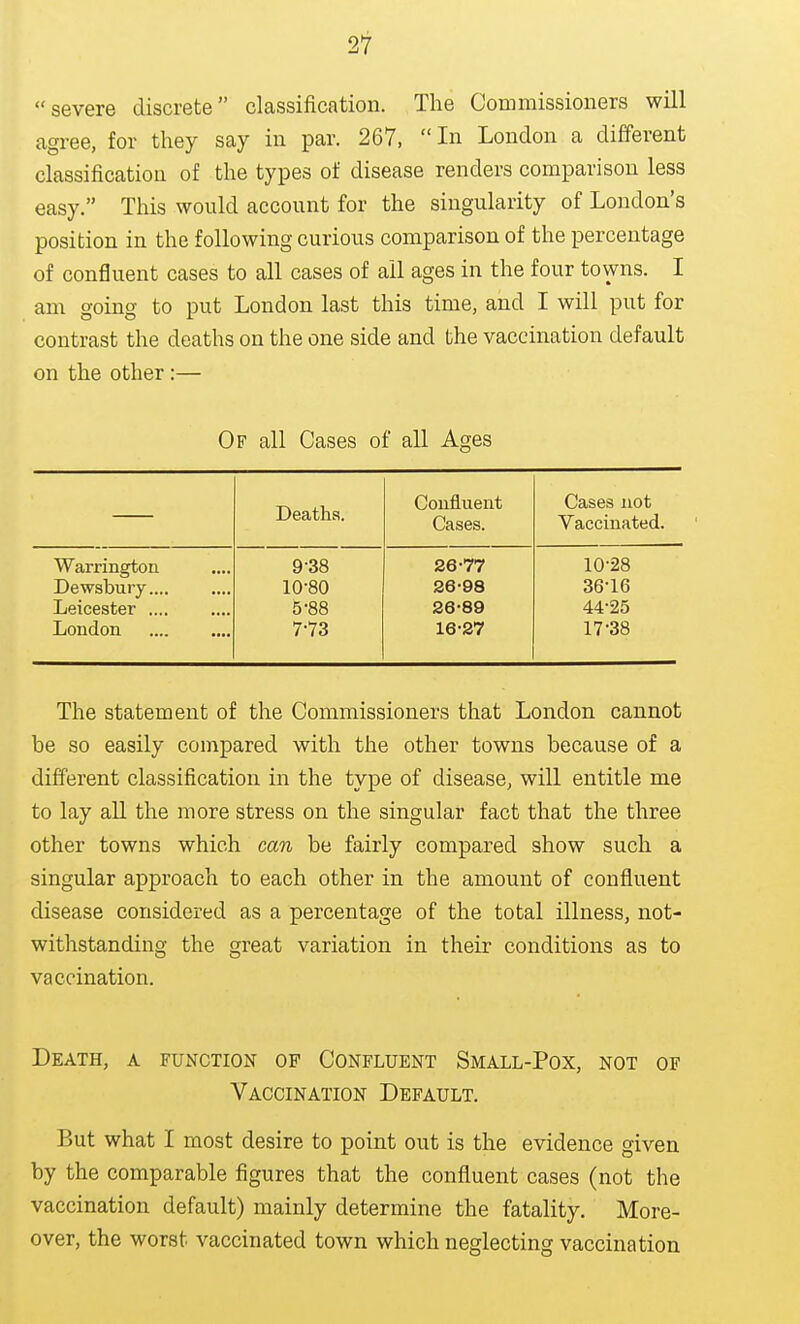 2*7 severe discrete classification. The Commissioners will agree, for they say in par. 267, In London a different classification of the types of disease renders comparison less easy. This would account for the singularity of London's position in the following curious comparison of the percentage of confluent cases to all cases of all ages in the four towns. I am going to put London last this time, and I will put for contrast the deaths on the one side and the vaccination default on the other:— Of all Cases of all Ages Deaths. Confluent Cases. Cases not Vaccinated. Warrington 9-38 26-77 10-28 Dewsbury.... 10-80 26-98 36-16 Leicester 5-88 26-89 44-25 London 7-73 16-27 17-38 The statement of the Commissioners that London cannot be so easily compared with the other towns because of a different classification in the type of disease, will entitle me to lay aU the more stress on the singular fact that the three other towns which can be fairly compared show such a singular approach to each other in the amount of confluent disease considered as a percentage of the total illness, not- withstanding the great variation in their conditions as to vaccination. Death, a function of Confluent Small-Pox, not of Vaccination Default. But what I most desire to point out is the evidence given by the comparable figures that the confluent cases (not the vaccination default) mainly determine the fatality. More- over, the worst vaccinated town which neglecting vaccination