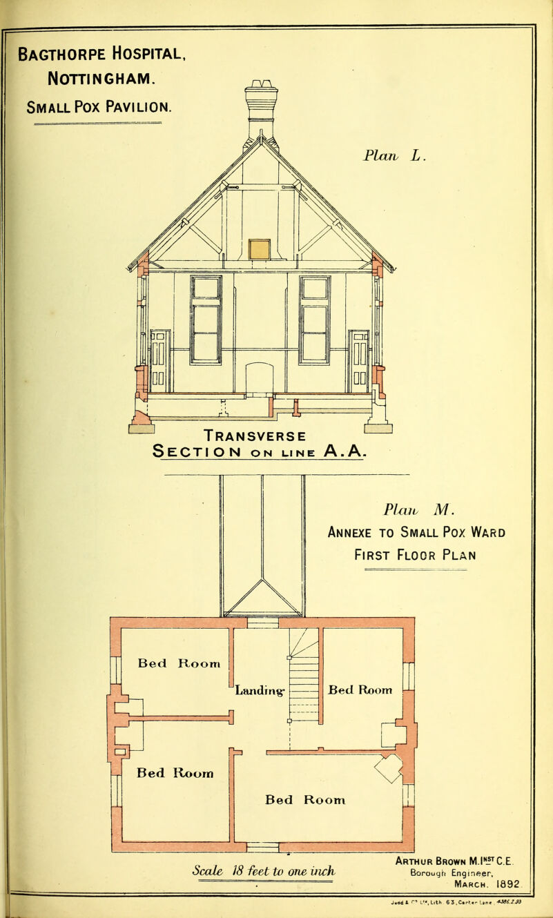 Bagthorpe Hospital, Nottingham. Small Pox Pavilion. nn. Plcuv L Transverse Section on line A.A. Plato M. Annexe to Small Pox Ward First Floor Plan Scale 18 feet to one inch Arthur Brown M ltf^CE Boroutjh Engineer, March. 1892