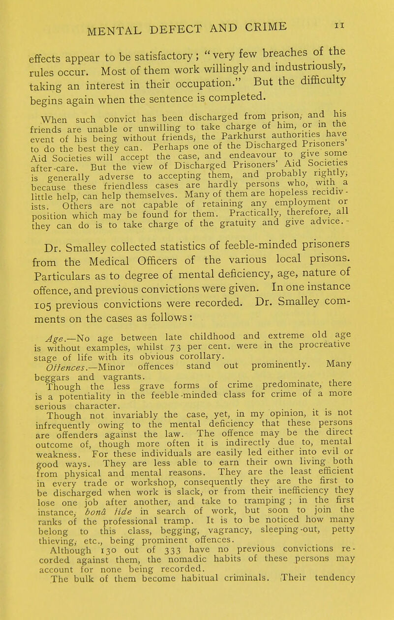 effects appear to be satisfactory;  very few breaches of the rules occur. Most of them work willingly and industriously, taking an interest in their occupation. But the difficulty begins again when the sentence is completed. When such convict has been discharged from prison,- and his friends are unable or unwilling to take charge of him, or in the event of his being without friends, the Parkhurst authorities have to do the best they can. Perhaps one of the Discharged Prisoners Aid Societies will accept the case, and endeavour to give some after-care. But the view of Discharged Prisoners Aid Societ es is generally adverse to accepting them, and probably rightly, because these friendless cases are hardly persons who, with a little help, can help themselves. Many of them are hopeless recidiv- ists Others are not capable of retaining any employment or position which may be found for them. Practically, therefore, all they can do is to take charge of the gratuity and give advice.- Dr. Smalley collected statistics of feeble-minded prisoners from the Medical Officers of the various local prisons. Particulars as to degree of mental deficiency, age, nature of offence, and previous convictions were given. In one instance 105 previous convictions were recorded. Dr. Smalley com- ments on the cases as follows : j_ge _No age between late childhood and extreme old age is without examples, whilst 73 per cent, were in the procreative stage of life with its obvious corollary. Offences— Minor offences stand out prominently. Many beggars and vagrants. Though the less grave forms of crime predominate, there is a potentiality in the feeble-minded class for crime of a more serious character. Though not invariably the case, yet, in my opinion, it is not infrequently owing to the mental deficiency that these persons are offenders against the law. The offence may be the direct outcome of, though more often it is indirectly due to, mental weakness. For these individuals are easily led either into evil or good ways. They are less able to earn their own living both from physical and mental reasons. They are the least efficient in every trade or workshop, consequently they are the first to be discharged when work is slack, or from their inefficiency they lose one job after another, and take to tramping j in the first instance, bond fide in search of work, but soon to join the ranks of the professional tramp. It is to be noticed how many belong to this class, begging, vagrancy, sleeping-out, petty thieving, etc., being prominent offences. Although 130 out of 333 have no previous convictions re- corded against them, the nomadic habits of these persons may account for none being recorded. The bulk of them become habitual criminals. Their tendency