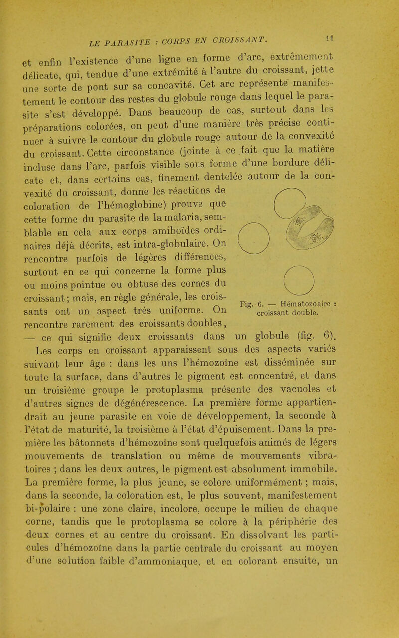 LE PARASITE : CORPS EN CROISSANT. ! 1 et enfin l'existence d'une ligne en forme d'arc, extrêmement délicate, qui, tendue d'une extrémité à l'autre du croissant, jette une sorte de pont sur sa concavité. Cet arc représente mamfes-- tement le contour des restes du globule rouge dans lequel le para- site s'est développé. Dans beaucoup de cas, surtout dans les préparations colorées, on peut d'une manière très précise conti- nuer à suivre le contour du globule rouge autour de la convexité du croissant. Cette circonstance (jointe à ce fait que la matière incluse dans l'arc, parfois visible sous forme d'une bordure déli- cate et, dans certains cas, finement dentelée autour de la con- vexité du croissant, donne les réactions de coloration de l'hémoglobine) prouve que cette forme du parasite de la malaria, sem- blable en cela aux corps amiboïdes ordi- naires déjà décrits, est intra-globulaire. On rencontre parfois de légères différences, surtout en ce qui concerne la forme plus ou moins pointue ou obtuse des cornes du croissant; mais, en règle générale, les crois- ' ° .p r\ Fig. 6. — Hématozoaire : sants ont un aspect très uniforme. Un croissant double, rencontre rarement des croissants doubles, — ce qui signifie deux croissants dans un globule (fig. 6). Les corps en croissant apparaissent sous des aspects variés suivant leur âge : dans les uns l'hémozoïne est disséminée sur toute la surface, dans d'autres le pigment est concentré, et dans un troisième groupe le protoplasma présente des vacuoles et d'autres signes de dégénérescence. La première forme appartien- drait au jeune parasite en voie de développement, la seconde à l'état de maturité, la troisième à l'état d'épuisement. Dans la pre- mière les bâtonnets d'hémozoïne sont quelquefois animés de légers mouvements de translation ou même de mouvements vibra- toires ; dans les deux autres, le pigment est absolument immobile. La première forme, la plus jeune, se colore uniformément ; mais, dans la seconde, la coloration est, le plus souvent, manifestement bi-polaire : une zone claire, incolore, occupe le milieu de chaque corne, tandis que le protoplasma se colore à la périphérie des deux cornes et au centre du croissant. En dissolvant les parti- cules d'hémozoïne dans la partie centrale du croissant au moyen d'une solution faible d'ammoniaque, et en colorant ensuite, un