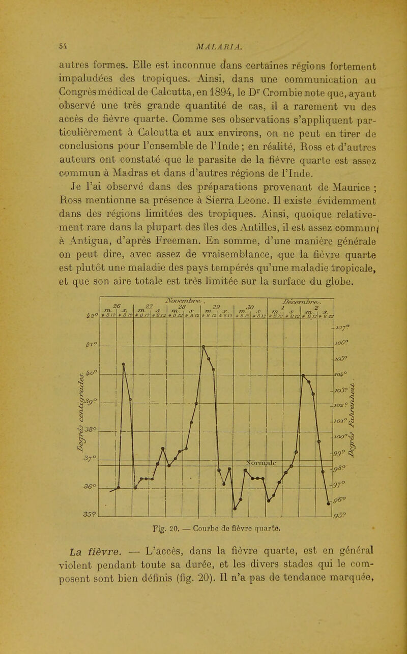 autres formes. Elle est inconnue dans certaines régions fortement impaludées des tropiques. Ainsi, dans une communication au Congrès médical de Calcutta, en 1894, le Crombie note que, ayant observé une très grande quantité de cas, il a rarement vu des accès de fièvre quarte. Comme ses observations s'appliquent par- ticulièrement à Calcutta et aux environs, on ne peut en tirer de conclusions pour l'ensemble de l'Inde ; en réalité, Ross et d'autres auteurs ont constaté que le parasite de la fièvre quarte est assez commun à Madras et dans d'autres régions de l'Inde. Je l'ai observé dans des préparations provenant de Maurice ; Ross mentionne sa présence à Sierra Leone. Il existe évidemment dans des régions limitées des tropiques. Ainsi, quoique relative- ment rare dans la plupart des îles des Antilles, il est assez commun( à Antigua, d'après Freeman. En somme, d'une manière générale on peut dire, avec assez de vraisemblance, que la fièvi^e quarte est plutôt une maladie des pays tempérés qu'une maladie tropicale, et que son aire totale est très limitée sur la surface du globe. Fig- 20. — Courbe de fièvre quarte. La fièvre. — L'accès, dans la fièvre quarte, est en général violent pendant toute sa durée, et les divers stades qui le com- posent sont bien définis (fig. 20). Il n'a pas de tendance marquée,