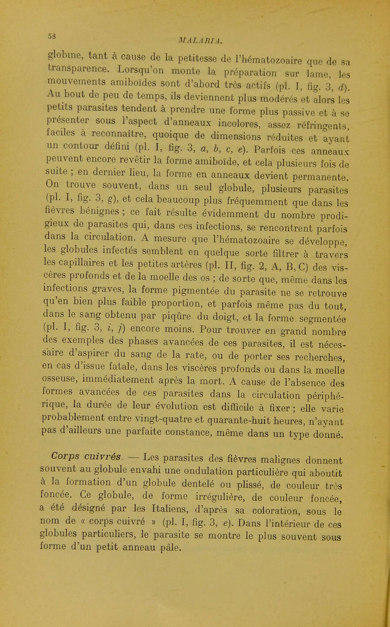 ^® MALARIA. globine, tant à cause de la petitesse de l'hématozoaire que de sa transparence. Lorsqu'on monte la préparation sur lame, les mouvements amiboïdes sont d'abord très actifs (pl. I, fig. 3, d) Au bout de peu de temps, ils deviennent plus modérés et alors les petits parasites tendent à prendre une forme plus passive et à se présenter sous l'aspect d'anneaux incolores, assez réfringents faciles à reconnaître, quoique de dimensions réduites et ayant un contour défini (pl. I, fig. 3, a, b, c, e). Parfois ces anneau, peuvent encore revêtir la forme amiboïde, et cela plusieurs fois de suite ; en dernier lieu, la forme en anneaux devient permanente On trouve souvent, dans un seul globule, plusieurs parasites (pl. I, fig. 3, g), et cela beaucoup plus fréquemment que dans les fièvres bénignes ; ce fait résulte évidemment du nombre prodi- gieux de parasites qui, dans ces infections, se rencontrent parfois dans la circulation. A mesure que l'hématozoaire se développe, les globules infectés semblent en quelque sorte filtrer à travers les capillaires et les petites artères (pl. II, fig. 2, A, B, C) des vis- cères profonds et de la moelle des os ; de sorte que, même dans les infections graves, la forme pigmentée du parasite ne se retrouve qu'en bien plus faible proportion, et parfois même pas du tout, dans le sang obtenu par piqûre du doigt, et la forme segmentée (pl. I, fig. 3, i, j) encore moins. Pour trouver en grand nombre des exemples des phases avancées de ces parasites, il est néces- saire d'aspirer du sang de la rate, ou de porter ses recherches, en cas d'issue fatale, dans les viscères profonds ou dans la moelle osseuse, immédiatement après la mort. A cause de l'absence des formes avancées de ces parasites dans la circulation périphé- rique, la durée de leur évolution est difficile à fixer ; elle varie probablement entre vdngt-quatre et quarante-huit heures, n'ayant pas d'ailleurs une parfaite constance, même dans un type donné. Corps cuivrés. — Les parasites des fièvres malignes donnent souvent au globule envahi une ondulation particulière qui aboutit à la formation d'un globule dentelé ou plissé, de couleur très foncée. Ce globule, de forme irrégulière, de couleur foncée, a été désigné par les Italiens, d'après sa coloration, sous le' nom de « corps cuivré » (pl. I, fig. 3, e). Dans l'intérieur de ces globules particuliers, le parasite se montre le plus souvent sous forme d'un petit anneau pâle.