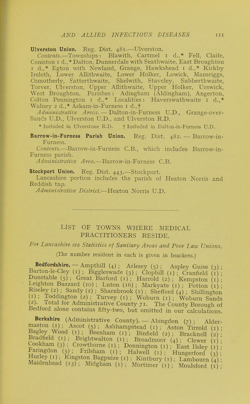 Ulverston Union. Reg. Dist. 481.—Ulverston. Contents.—Townships: Blawith, Cartmel i d.,* Fell, Claifc, Coniston i d.,* Dalton, Dunnerdale with Seathwaite, East Broughton I d.,* Egton with Newland, Grange, Hawkshead i d.,* Kirkby Irelcth, Lower Allithwaite, Lower Holker, Lowick, Mansriggs, Osmotherly, Satterthwaite, Skelwith, Stavcley, Subberthwaite, Torver, Ulverston, Upper Allithwaite, Upper Holker, Urswick, West Broughton. Parishes : Adingham (Aldingham), Angerton, Colton Pennington i d.,* Localities : Haverswathwaite i d.,* Walney 2 d.,* Askam-in-Furness i d.,t Administrative Areas. — Dalton-in-Furness U.D., Grange-ovcr- Sands U.D., Ulverston U.D., and Ulverston R.D. * Included in Ulverstone R.D. f Included in Dalton-in-Furness U.D. Barrow-in-Furness Parish Union. Reg. Dist. 482. — Barrow-in- Furness. Contents.—Barrow-in-Furness C.B., which includes Barrow-in- Furness pai-ish. Administrative Area.—Barrow-in-Furness C.B. Stockport Union. Reg. Dist. 443.—Stockport. Lancashire portion includes the parish of Heaton Norris and Reddish tnp. Administrative District.—Heaton Norris U.D. LIST OF TOWNS WHERE MEDICAL PRACTITIONERS RESIDE. For Lancashire see Statistics of Sanitary Areas and Poor Law Unions. {The number resident in each is given in brackets.) Bedfordshire. — Ampthill (4) ; Arlesey (5) ; Aspley Guise (3) Barton-le-Cley (i) ; Biggleswade (3) ; Clophill (i) ; Cranfield (i) Dunstable (5) ; Great Barford (i) ; Harrold (2) ; Kempston (1) Leighton Buzzard (10) ; Luton (16) ; Markyate (i) ; Potton (i) Riseley (2) ; Sandy (2) ; Sharnbrook (i) ; Shefford (4) ; Shillington I ; Toddmgton (2); Turvey (i) ; Woburn (i) ; Woburn Sands (2). Total for Administrative County 71. The County Borough of Bedford alone contains fifty-two, but omitted in our calculations. Berkshire (Administrative County). — Abingdon (7) ; Alder- maston (1) ; Ascot (5) ; Ashhampstead (i) ; Aston Tirrold (i) Beenham (i) ; Binfield (2); Bracknell {2) Bradfield (1); Brightwalton (1); Broadmoor (4); Clewer (i Cookham (3) ; Crovvthorne (i) ; Donnington (i) ; East Ilsley (1) Farmgdon (3) ; Frilsham (i) ; Halwell (i) ; Hungerford (3 Hurley (I); Kingston Bagpuize (i) ; Kintbury(,); Lambouin (4) Maidenhead (13); Midgham (1); Mortimer (i); Moulsford (i)