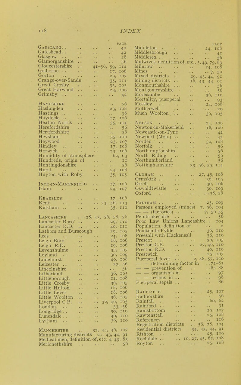Garstang.. Gateshead.. Glasgow .. Glamorganshire Gloucestershire Golborne .. Gorton Grange-over-Sands Great Crosby Great Harwood Grimsby .. Hampshire Haslingden Hastings .. Haydock .. Heaton Norris Herefordshire Hertfordshire Heysham Heywood Hindley Horwich .. Humidity of atmosphere Hundreds, origin of Huntingdonshire Hurst Huyton with Roby Ince-in-Makerfield Irlam I'ACii!: 40 42 28 .. 56 41-56, 59. 112 17, 106 29, 107 35, III 35, 105 23, 109 42 Kearsley Kent Kirkham . 28, Lancashire Lancaster Boro' .. Lancaster R.D. . . Lathom and Burscough Lec-s Leigh Boro' Leigh R.D. Levenshulme Leyland Limehurst Leicester .. Lincolnshire Litherland Littleborough Little Crosby Little Hulton Little Lever Little Woolton .. Liverpool C.B. London Longridge .. Lunesdale .. Lytham 56 23, 108 .. 38 17, 106 35, III .. 56 .. 56 35, no 23, 107 17, 106 23, 106 62, 63 II .. 56 24, 108 3?, 105 17, 106 29, 107 17, 106 • • 33, 56, 113 35, no 43- 56,'58, 76 29, 110 40, no 29, 105 24, 108 18, io5 ig, 106 35, 107 30, 109 40, 108 27, 56 .. 56 36, 105 24, 108 36, 105 18, 106 18, 106 36, 105 .. 32, 46, 105 33, 56 30, 110 40, no ?6, no Manchester .. 32, 45, 46, 107 Manufacturing districts 21, 43, 44, 91 Medical men, definition of, etc. 4, 49, 83 Merionethshire .. .. 56 page Middleton .. .. .. 24, 108 Middlesbrough .. .. .. 42 Middlesex .. .. .. .. 56 Midwives, definition of, etc., 5, 49, 79, 83 Milnrow Mines Mi.xed districts .. Mining districts .. Monmouthshire .. Montgomeryshire Morecambe Mortality, puerperal Mossley Motherwell Much Woolton . .. Nelsg.-'T Newton-in-Makerfield Newcastle-on-Tyne Newport (Mon.) .. Norden .. Norfolk .. Northamptonshire North Riding Northumberland Nottinghamshire Oldham Ormskirk .. Orrell Oswaldtwistle Oxford 24, 108 •. 7, 50 29, 43, 44, 91 16, 43, 44, 91 .. 56 .. 56 36, no 93 24, 108 20 36, 105 24, 109 18, 106 42 42 30, 108 .. 56 .. 56 .. 56 .. 56 33, 56, 59, 114 . . 27, 45, 108 30, 105 30, 106 30, 109 ..38,56 Padiham .. .. .. 25, 109 Persons employed (mines) 7, 56, 104 (factories) .. .. 7, 50-55 Pembrokeshire .. .. .. 56 Poor Law Unions Lancashire. Population, definition of Poulton-le-Fylde Preesall with Hackensall Prescot Preston C.B 27, Preston R.D Prestwich Puerperal fever .. 2, 48, determining factor in — — prevention of — — organisms in — — lesions in .. Puerperal sepsis .. 36, 36, 30, 104 2 110 no 105 46, no 40, no 25, 107 57, ICO •72-83 .85-88 . 97 . 98 86 Radcliffe Radnorshire Rainfall .. Rainford .. Ramsbottoin Rawtenstall References Registration districts Residential districts Rishton Rochdale .. Rovton 25, .. 56, 34, 43 107 56 60, 62 31 25, 107 25, loS .. 116 78, 104 44, 91 25, lOQ 10, 27, 45, 62, loS 25, 108