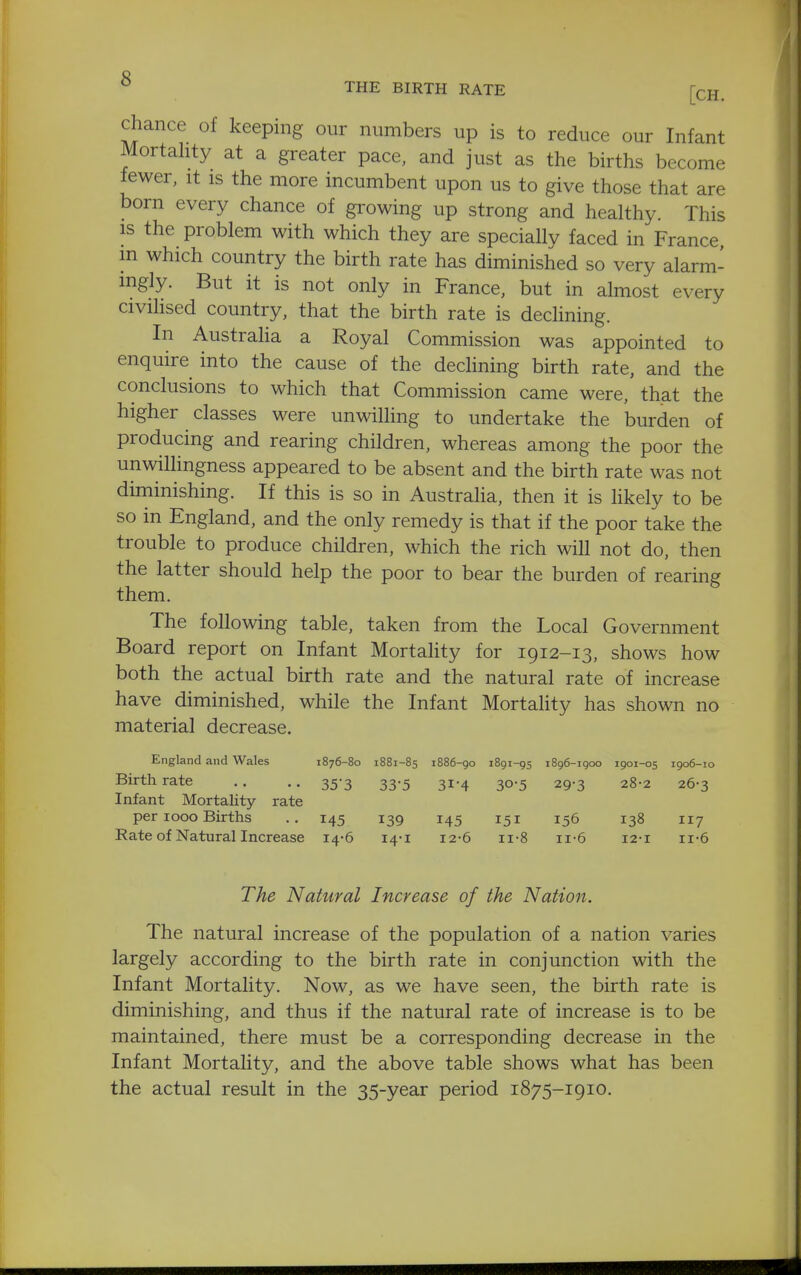 ^ THE BIRTH RATE [CH. chance of keeping our numbers up is to reduce our Infant Mortality at a greater pace, and just as the births become fewer, it is the more incumbent upon us to give those that are born every chance of growing up strong and healthy. This IS the problem with which they are speciallv faced in France m which country the birth rate has diminished so very alarm- ingly. But it is not only in France, but in almost every civilised country, that the birth rate is declining. In Austraha a Royal Commission was appointed to enquire into the cause of the decHning birth rate, and the conclusions to which that Commission came were, that the higher classes were unwilhng to undertake the burden of producing and rearing children, whereas among the poor the unwillingness appeared to be absent and the birth rate was not diminishing. If this is so in Austraha, then it is hkely to be so in England, and the only remedy is that if the poor take the trouble to produce children, which the rich will not do, then the latter should help the poor to bear the burden of rearing them. The following table, taken from the Local Government Board report on Infant Mortality for 1912-13, shows how both the actual birth rate and the natural rate of increase have diminished, while the Infant Mortality has shown no material decrease. England and Wales 1876-80 1881-85 1886-90 1891-95 1896-1 900 1901-05 1906-10 Birthrate .. 35-3 33-5 31-4 30-5 29-3 28-2 26-3 Infant Mortality rate per 1000 Births .. 145 139 145 151 156 138 117 Rate of Natural Increase 14-6 14-1 12-6 ii-8 ii-6 12-1 ii-6 The Natural Increase of the Nation. The natural increase of the population of a nation varies largely according to the birth rate in conjunction with the Infant Mortality. Now, as we have seen, the birth rate is diminishing, and thus if the natural rate of increase is to be maintained, there must be a corresponding decrease in the Infant Mortality, and the above table shows what has been the actual result in the 35-year period 1875-1910.