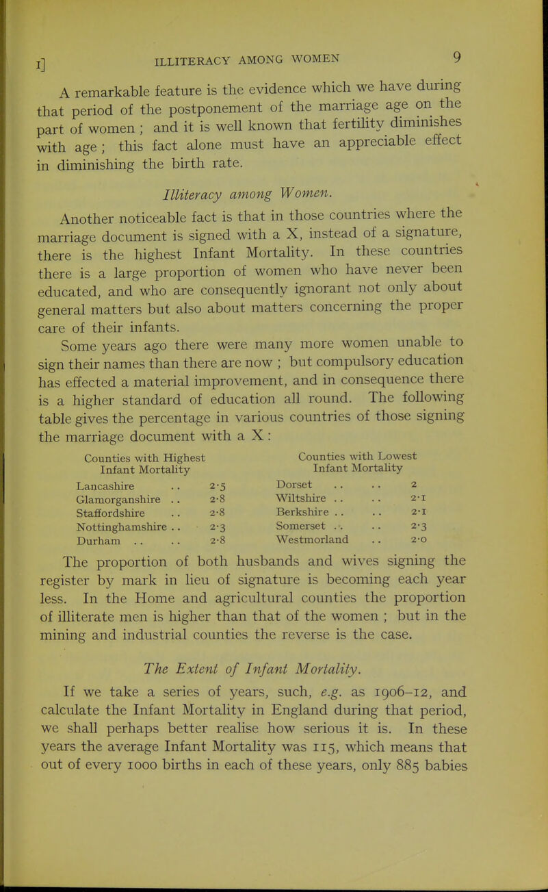 A remarkable feature is the evidence which we have during that period of the postponement of the marriage age on the part of women ; and it is well known that fertility diminishes with age; this fact alone must have an appreciable effect in diminishing the birth rate. Illiteracy among Women. Another noticeable fact is that in those countries where the marriage document is signed with a X, instead of a signature, there is the highest Infant Mortahty. In these countries there is a large proportion of women who have never been educated, and who are consequently ignorant not only about general matters but also about matters concerning the proper care of their infants. Some years ago there were many more women unable to sign their names than there are now ; but compulsory education has effected a material improvement, and in consequence there is a higher standard of education all round. The following table gives the percentage in various countries of those signing the marriage document with a X: Counties with Highest Counties with Lowest Infant Mortahty Infant Mortahty Lancashire Glamorganshire Staffordshire Nottinghamshire Durham 2-5 Dorset 2-8 Wiltshire 2-8 Berkshire 2-3 Somerset 2-1 2-1 2-3 2-0 2-8 Westmorland The proportion of both husbands and wives signing the register by mark in lieu of signature is becoming each year less. In the Home and agricultural counties the proportion of illiterate men is higher than that of the women ; but in the mining and industrial counties the reverse is the case. The Extent of Infant Mortality. If we take a series of years, such, e.g. as 1906-12, and calculate the Infant Mortality in England during that period, we shall perhaps better realise how serious it is. In these years the average Infant Mortality was 115, which means that out of every 1000 births in each of these years, only 885 babies