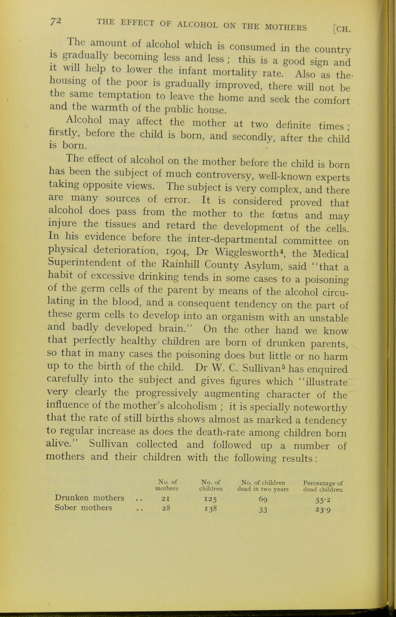 The amount of alcohol which is consumed in the country IS gradua ly becoming less and less ; this is a good sign and It will help to lower the infant mortality rate. Also as the- housmg of the poor is gradually improved, there will not be the same temptation to leave the home and seek the comfort and the warmth of the puWic house. Alcohol may affect the mother at two definite times • hrstly, before the child is born, and secondly, after the child IS born. The effect of alcohol on the mother before the child is born has been the subject of much controversy, well-known experts takmg opposite views. The subject is very complex, and there are many sources of error. It is considered proved that alcohol does pass from the mother to the foetus and may mjure the tissues and retard the development of the .cells. In his evidence before the inter-departmental committee on physical deterioration, 1904, Dr Wigglesworth* the Medical Superintendent of the Rainhill County Asylum, said that a habit of excessive drinking tends in some cases to a poisoning of the germ cells of the parent by means of the alcohol circu- lating in the blood, and a consequent tendency on the part of these germ cells to develop into an organism with an unstable and badly developed brain. On the other hand we know that perfectly healthy children are born of drunken parents, so that in many cases the poisoning does but little or no harm up to the birth of the child. Dr W. C. Sullivan^ has enquired carefully into the subject and gives figures which illustrate very clearly the progressively augmenting character of the influence of the mother's alcoholism ; it is specially noteworthy that the rate of still births shows almost as marked a tendency to regular increase as does the death-rate among children born aUve. Sulhvan collected and followed up a number of mothers and their children with the following results: No. of No. of No. of children Percentage of mother.s children dead in two years dead children Drunken mothers .. 21 125 69 55-2 Sober mothers .. 28 138 33 23-9