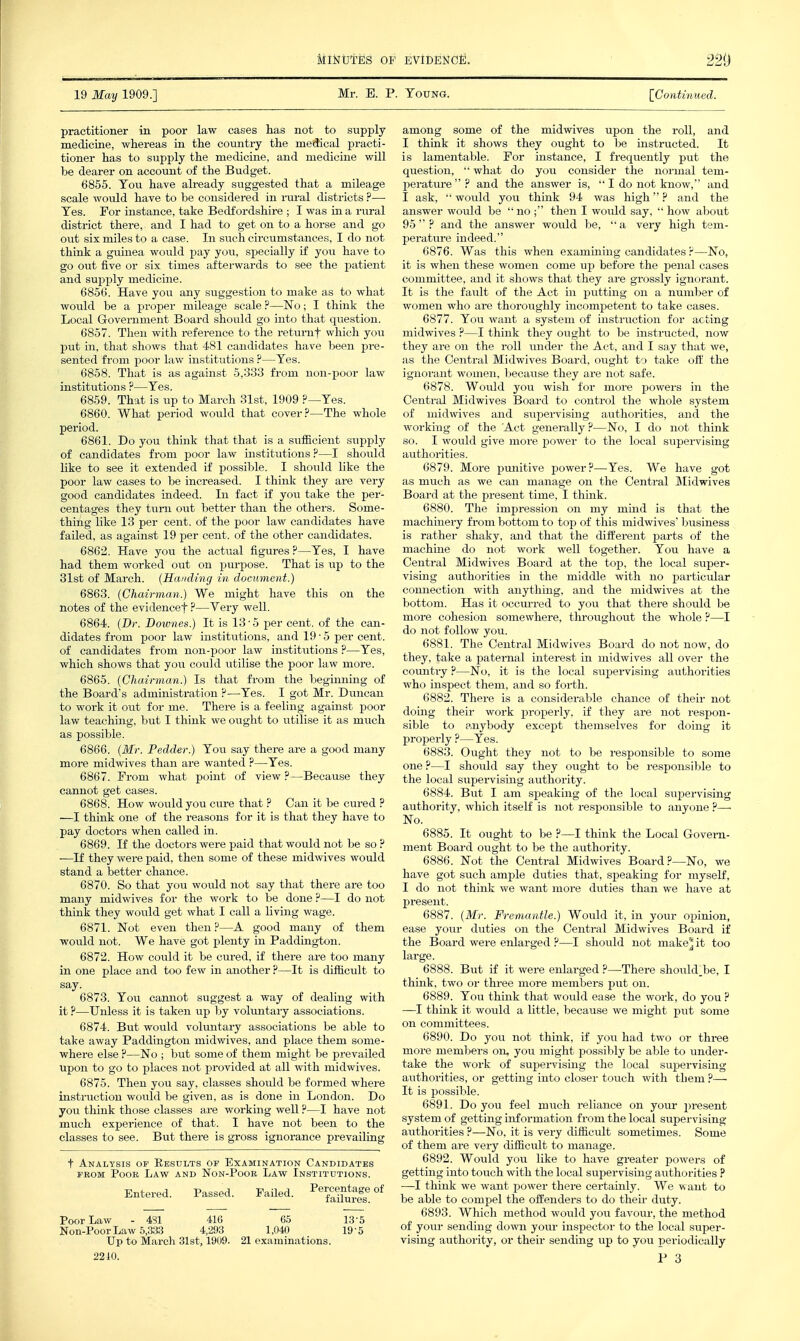 19 May 1909.] Mr. B. P. Young. [Conthmed. practitioner in poor law cases has not to supply medicine, whereas in the country the medical practi- tioner has to supply the medicine, and medicine will be dearer on account of the Budget. 6855. Yon have already suggested that a mileage scale would have to be considered in naral districts ?— Yes. For instance, take Bedfordshire ; I was in a rural district there, and I had to get on to a horse and go out six miles to a case. In such circumstances, I do not think a guinea would pay you, specially if you have to go out five or six times afterwards to see the patient and supply medicine. 6856. Have you any suggestion to make as to what would be a proper mileage scale ?—No; I think the Local Government Board should go into that question. 6857. Then with reference to the returnf which you put in, that shows that 481 candidates have been pre- sented from poor law institutions ?—Yes. 6858. That is as against 5,333 from non-poor law institutions ?—Yes. 6859. That is up to March 31st, 1909 .P—Yes. 6860. What period would that cover .P—The whole period. 6861. Do you think that that is a sufficient supply of candidates from poor law institutions ?—I shovild hke to see it extended if possible. I should like the poor law cases to be increased. I think they are very good candidates indeed. In fact if you take the per- centages they turn out better than the others. Some- thing like 13 per cent, of the poor law candidates have failed, as against 19 per cent, of the other candidates. 6862. Have you the actual figures ?—Yes, I have had them worked out on purpose. That is up to the 31st of March. {Handing in document.) 6863. {Chairman.) We might have this on the notes of the evidencef ?—Very well. 6864. {Dr. Bournes.) It is 13 • 5 per cent, of the can- didates from poor law institutions, and 19 • 5 per cent, of candidates from non-poor law institiitions ?—Yes, which shows that you could utilise the poor law more. 6865. {Chairman.) Is that from the beginning of the Board's administration ?—Yes. I got Mr. Duncan to work it out for me. There is a feeling against poor law teaching, but I think we ought to utilise it as much as possible. 6866. {Mr. Pedder.) You say there are a good many more midwives than are wanted ?—Yes. 6867. From what point of view ?—Because they cannot get cases. 6868. How would you cux-e that ? Can it be cured ? —I think one of the reasons for it is that they have to pay doctors when called in. 6869. If the doctors were paid that would not be so ? —If they were paid, then some of these midwives would stand a better chance. 6870. So that you would not say that there are too many midwives for the work to be done ?—I do not think they would get what I call a living wage. 6871. Not even then ?—A good many of them would not. We have got plenty in Paddington. 6872. How could it be cured, if there are too many in one place and too few in another ?—It is difficult to say. 6873. You cannot suggest a way of dealing with it ?—Unless it is taken up by voluntary associations. 6874. But would voluntary associations be able to take away Paddington midwives, and place them some- where else ?—No ; but some of them might be prevailed upon to go to places not provided at all with midwives. 6875. Then you say, classes should be formed where instriiction woiild be given, as is done in London. Do you think those classes are working well ?—I have not much experience of that. I have not been to the classes to see. But there is gross ignorance prevailing t Analysis of Ebsdlts of Examination Candidates PROM Poor Law and Non-Poor Law Institutions. Entered. Passed. Failed. ^''S^rS °^ Poor Law - 4S1 416 6.5 13'5 Non-Poor Law 5,333 4,293 1,040 19'5 Up to March 31st, 1909. 21 examinations. among some of the midwives upon the roll, and I think it shows they ought to be instructed. It is lamentable. For instance, I frequently put the question,  what do you consider the normal tem- perature  ? and the answer is, I do not know, and I ask, would you think 94 was high? and the answer would be  no then I would say,  how al)out 95? and the answer would be, a very high tem- perature indeed. 6876. Was this when examining candidates r—No, it is when these women come up before the penal cases committee, and it shows that they are grossly ignorant. It is the fault of the Act in putting on a number of women who are thoroughly incompetent to take cases. 6877. You want a system of instruction for acting midwives ?—I think they ought to be instructed, now they are on the roll imder the Act, and I say that we, as the Central Midwives Board, ought to take off the ignorant women, because they are not safe. 6878. Would you wish for more powers in the Central Midwives Board to control the whole system of midwives and supervising authorities, and the working of the Act generally?—No, I do not think so. I would give more power to the local supervising authorities. 6879. More punitive power?—Yes. We have got as much as we can manage on the Central Midwives Board at the present time, I think. 6880. The impression on my mind is that the machinery from bottom to top of this midwives' business is rather shaky, and that the different parts of the machine do not work well together. You have a Central Midwives Board at the top, the local super- vising authorities in the middle with no particular connection with anything, and the midwives at the bottom. Has it occurred to you that there should be more cohesion somewhere, throughout the whole ?—I do not follow you. 6881. The Central Midwives Board do not now, do they, take a paternal interest in midwives all over the country ?—No, it is the local supervising authorities who inspect them, and so forth. 6882. There is a considerable chance of their not doing their work properly, if they are not respon- sible to ?.nybody except themselves for doing it properly ?—Yes. 6883. Ought they not to be responsible to some one ?—I should say they ought to be responsible to the local supervising authority. 6884. But I am speaking of the local supervising authority, which itself is not responsible to anyone ?—• No. 6885. It ought to be ?—I think the Local Govern- ment Board ought to be the authority. 6886. Not the Central Midwives Board?—No, we have got such ample duties that, speaking for myself, I do not think we want more duties than we have at present. 6887. {Mr. Fremantle.) Would it, in your opinion, ease your duties on the Central Midwives Board if the Board were enlarged ?—I should not make* it too large. 6888. But if it were enlarged ?—There should.be, I think, two or three more members put on. 6889. You think that would ease the work, do you ? —I think it would a little, because we might put some on committees. 6890. Do you not think, if joxi had two or three more members on, you might possibly be able to under- take the work of supervising the local supervising authorities, or getting into closer touch with them ?— It is possible. 6891. Do you feel much reliance on your present system of getting information from the local supervising- authorities ?—No, it is very difficult sometimes. Some of them are very difficult to manage. 6892. Would you like to have greater powers of getting into touch with the local supervising authorities ? —I think we want power there certainly. We want to be able to compel the offenders to do their duty. 6893. Which method would you favour, the method of your sending down your inspector to the local super- vising authority, or their sending up to you periodically