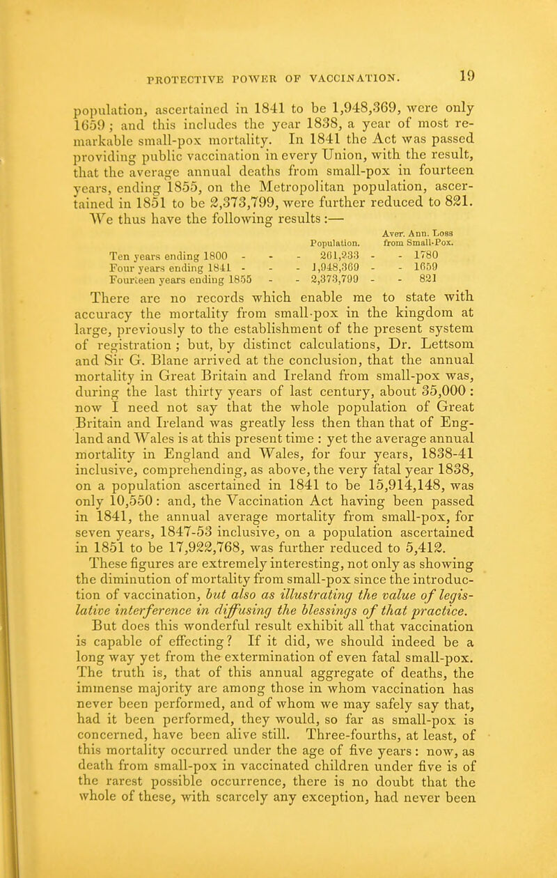 population, ascertained in 1841 to be 1,948,369, were only 1659; and this includes the year 1838, a year of most re- markable small-pox mortality. In 1841 the Act was passed providing public vaccination in every Union, with the result, that the average annual deaths from small-pox in fourteen years, ending 1855, on the Metropolitan population, ascer- tained in 1851 to be 2,373,799, were further reduced to 821. We thus have the following results :— Aver. Ann. Loss Population. from Small-Pox. Ten years ending 1800 - - - 201,933 - - 1780 Four years ending 1841 - - - 1,948,369 - - 1659 Fourteen years ending 1856 - - 2,373,799 - - 821 There are no records which enable me to state with accuracy the mortality from small-pox in the kingdom at large, previously to the establishment of the present system, of registration ; but, by distinct calculations. Dr. Lettsom and Sir G. Blane arrived at the conclusion, that the annual mortality in Great Britain and Ireland from small-pox was, during the last thirty years of last century, about 35,000 : now I need not say that the whole population of Great Britain and Ireland was greatly less then than that of Eng- land and Wales is at this present time : yet the average annual mortality in England and Wales, for four years, 1838-41 inclusive, comprehending, as above, the very fatal year 1838, on a population ascertained in 1841 to be 15,914,148, was only 10,550: and, the Vaccination Act having been passed in 1841, the annual average mortality from small-pox, for seven years, 1847-53 inclusive, on a population ascertained in 1851 to be 17,922,768, was further reduced to 5,412. These figures are extremely interesting, not only as showing the diminution of mortality from small-pox since the introduc- tion of vaccination, btit also as illustratmg the value of legis- lative interference in diffusing the blessings of that practice. But docs this wonderful result exhibit all that vaccination is capable of effecting ? If it did, we should indeed be a long way yet from the extermination of even fatal small-pox. The truth is, that of this annual aggregate of deaths, the immense majority are among those in whom vaccination has never been performed, and of whom we may safely say that, had it been performed, they would, so far as small-pox is concerned, have been alive still. Three-fourths, at least, of this mortality occurred under the age of five years: now, as death from small-pox in vaccinated children under five is of the rarest possible occurrence, there is no doubt that the whole of these, with scarcely any exception, had never been