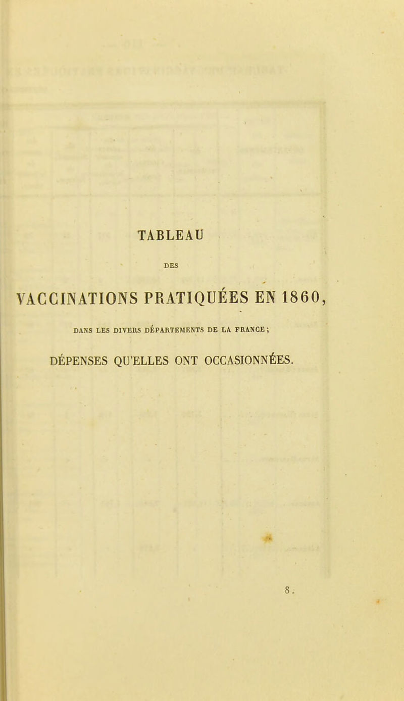 TABLEAU DES VACCINATIONS PRATIQUÉES EN 1860 DANS LES DIVERS DÉPARTEMENTS DE LA FRANCE ; DÉPENSES QU'ELLES ONT OCCASIONNÉES. ■fi 8.