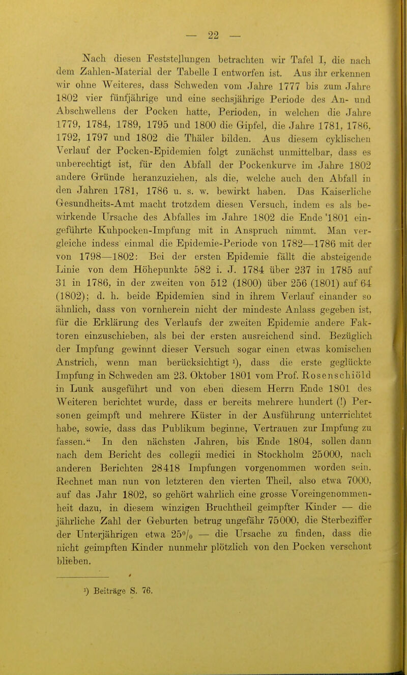 Nach diesen Feststellungen betrachten wir Tafel I, die nach dem Zahlen-Material der Tabelle I entworfen ist. Aus ihr erkennen wir ohne Weiteres, dass Schweden vom Jahre 1777 bis zum Jahre 1802 vier fünfjährige und eine sechsjähi-ige Periode des An- und Abschwelleus der Pocken hatte, Perioden, in welchen die Jahre 1779, 1784, 1789, 1795 und 1800 die Gipfel, die Jahre 1781, 1786, 1792, 1797 und 1802 die Thäler büden. Aus diesem cykHscheii Verlauf der Pocken-Epidemien folgt zunächst unmittelbar, dass es unberechtigt ist, für den Abfall der Pockenkurve im Jahre 1802 andere Gründe heranzuziehen, als die, welche auch den Abfall iu den Jahi-en 1781, 1786 u. s. w. bewirkt haben. Das Kaiserliche Gesundheits-Amt macht trotzdem diesen Versuch, indem es als be- wirkende Ursache des Abfalles im Jahre 1802 die Ende '1801 ein- geführte Kuhpockeu-Impfung mit in Anspruch nimmt. Man ver- gleiche indess einmal die Epidemie-Periode von 1782—1786 mit der von 1798—1802: Bei der ersten Epidemie fällt die absteigende Linie von dem Höhepunkte 582 i. J. 1784 über 237 in 1785 auf 31 iu 1786, in der zweiten von 512 (1800) über 256 (1801) auf 64 (1802); d. h. beide Epidemien sind in ihrem Verlauf einander so ähnlich, dass von vornherein nicht der mindeste Anlass gegeben ist. für die Erklärung des Verlaufs der zweiten Epidemie andere Fak- toren einzuschieben, als bei der ersten ausreichend sind. Bezüglich der Impfung gewinnt dieser Versuch sogar einen etwas komischen Anstrich, wenn man berücksichtigt i), dass die erste geglückte Impfung in Schweden am 23. Oktober 1801 vom Prof. Rosenschiöld in Lunk ausgeführt und von eben diesem Herrn Ende 1801 des Weiteren berichtet wiu'de, dass er bereits mehrere hundert (!) Per- sonen geimpft und melirere Küster iu der Ausführung unterrichtet habe, sowie, dass das Publikum beginne, Vertrauen zur Impfung zu fassen. In den nächsten Jahren, bis Ende 1804, sollen dann nach dem Bericht des coUegii medici in Stockholm 25000, nach anderen Berichten 28418 Impfungen vorgenommen worden sein. Rechnet man nun von letzteren den vierten Theil, also etwa 7000. auf das Jahr 1802, so gehört wahrlich eine grosse Voreingenommen- heit dazu, in diesem winzigen Bruchtheil geimpfter Kinder — die jährliche Zahl der Geburten betrug ungefähr 75000, die Sterbeziffer der Unterjährigeu etwa 25o/o — die Ursache zu finden, dass die nicht geimpften Kinder nunmehr plötzlich von den Pocken verschont blieben. 1) Beiträge S. 76.