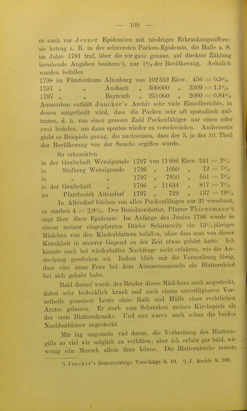 es auch vor Jenner Epidemien mit niedrigen Erkrankungsziffern: sie betrug z. B. in der schwersten Pocken-Epidemie, die Halle a. 8. im Jahre 1791 traf, über die wir ganz genaue, auf direkter Zählung beruhende Angaben besitzen •), nur l^/o der Bevölkerung, Aehnlich wurden befallen 1798 im Fiirstenthum Altenburg von 102352 Einw. 456 — 0,5o/o 1797 „ „ Ausbach „ 800000 „ 3309 = l,l«/o 1797 „ „ Bayreuth „ 251000 „ 2090 = 0,84o/o Ausserdem enthält Juncker's Archiv sehr viele Einzelberichte, in denen mitgetheilt wird, dass die Pocken sehr oft sporadisch auf- traten, d. h. von einer grossen Zahl Pockenfähiger nur einen oder zwei befielen, um dann spurlos wieder zu verschwinden. Andrerseits giebt es Beispiele genug, die nachweisen, dass der 5, ja der 10. Theil der Bevölkerung von der Seuche ergiffen wurde. So erkrankten in der Grafschaft Wernigerode 1797 von 11996 Einw. 241 = 2o/o in Stolberg Wernigerode 1796 „ 1050 „ 72 = 7o/o in „ „ 1797 „ 7950 „ 551 = 7o/o in der Grafschaft „ 1796 „ 11644 „ 817 = 7o/o im Pfarrbezü-k Altendorf 1797 „ 729 137 = 19o/o In Altendorf blieben von allen Pockenfähigen nur 31 verschont, es starben 4 = 2,9o/o. Der Berichterstatter, Pfarrer Thienemann2) sagt über diese Epidemie: Im Anfange des Junius 1796 wm-de in einem meiner eingepfarrten Dörfer Schirnewitz ein 13'/s jähriges Mädchen von den Kiuderblattern befaUen, ohne dass man von dieser Ki-aukheit in unserer Gegend zu der Zeit etwas gehört hatte. Ich konnte auch bei wiederholter Nachfrage nicht erfahi-en, wie die An- steckung geschehen sei. Indess blieb mir die Vermuthung übrig, dass eine arme Frau bei dem Almosensammeln ein Blatterukiud bei sich gehabt habe. Bald darauf wurde der Bruder dieses Mädchens auch angesteckt, dabei sehr bedeuldich krank und nach einem unvertilgbaren Vor- urtheile gemeiner Leute ohne Rath und Hülfe eines rechtlichen Arztes gelassen. Er starb zum Schrecken meines Kirchspiels^ als der erste Blatternkranke. Und nun waren auch schon die beiden Nachbarhäuser angesteckt. Mir lag ungemein viel daran, die Verbreituiig des Blattern- gifts so viel wie möglich zu verhüten; aber ich erfuhr gar bald, wie wenig ein Mensch allein thun könne. Die Blatternleiche musste 1) Juncker's Gemeinnützige VorscUäge S. 19. ') J- Archiv S. 208.