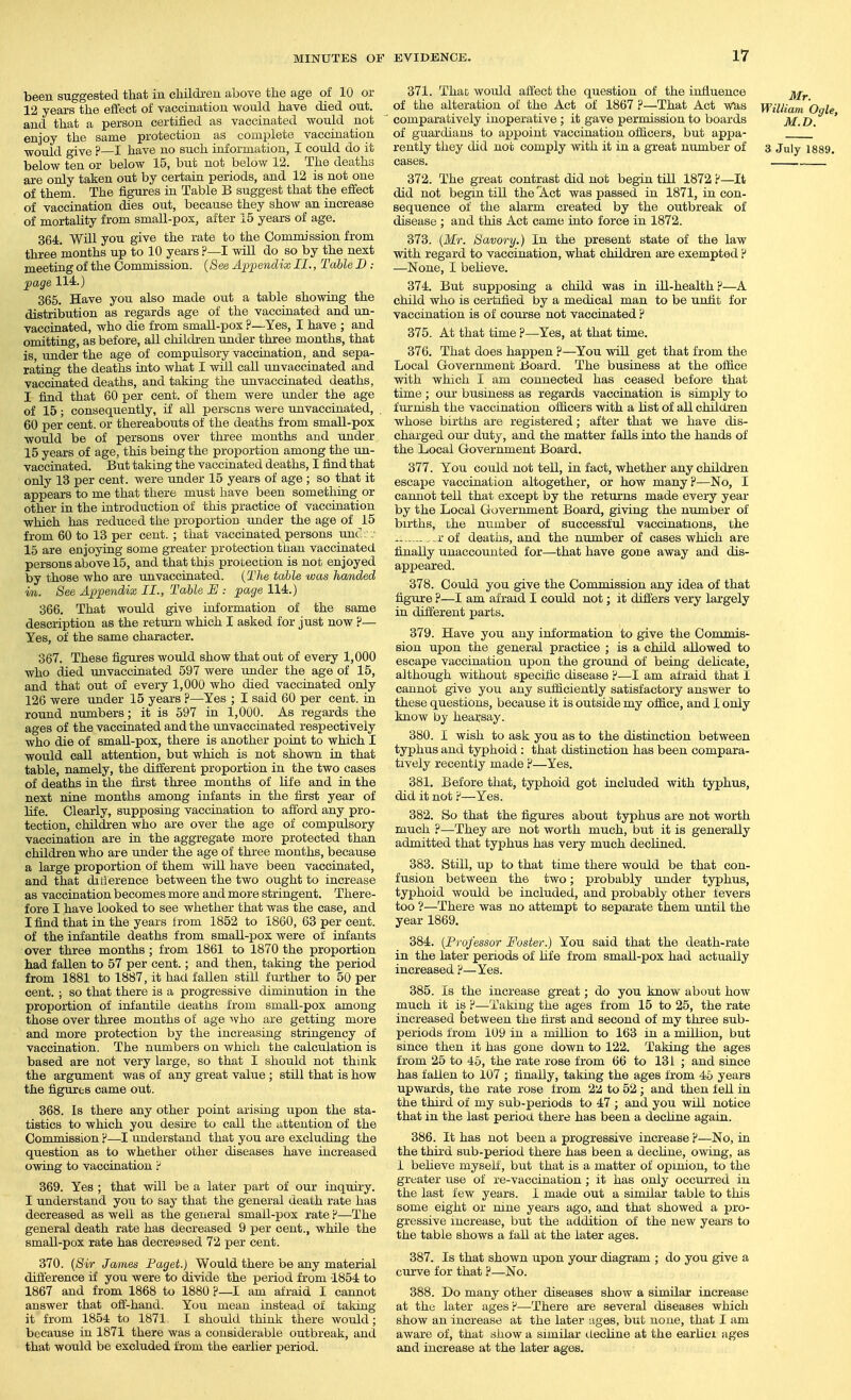 been suggested that in children above the age of 10 or 12 years the effect of vaccination would have died out. and that a person certified as vaccinated would not enjoy the same protection as complete vaccination would give ?—I have no such information, I could do it below ten or below 15, but not below 12. The deaths are only taken out by certain periods, and 12 is not one of them. The figures in Table B suggest that the effect of vaccination dies out, because they show an increase of mortaUty from small-pox, after 15 years of age. 364. WUl you give the rate to the Commission from three months up to 10 years ?—I will do so by the next meeting of the Commission. {See Aiypentlix II., Table I) : ]page 114.) 365. Have you also made out a table showing the distribution as regards age of the vaccinated and un- vaccinated, who die from small-pox ?—Yes, I have ; and omitting, as before, all children under three months, that is, under the age of compulsory vaccination, and sepa- rating the deaths into what I will call unvaccinated and vacciuated deaths, and taking the unvaccinated deaths, I find that 60 per cent, of them were under the age of 15; consequently, if all persons were unvaccinated, 60 per cent, or thereabouts of the deaths from small-pox would be of persons over three months and under 15 years of age, this being the proportion among the un- vaccinated. But taking the vaccinated deaths, I find that only 13 per cent, were under 15 years of age ; so that it appears to me that there must have been something or other in the introduction of this practice of vaccination which has reduced the proportion under the age of 15 from 60 to 13 per cent. ; that vaccinated persons unci::- 15 are enjoying some greater protection than vaccinated persons above 15, and that this protection is not enjoyed by those who are unvaccinated. {The table was handed in. See Appendix II., Table E : page 114.) 366. That would give information of the same description as the return which I asked for just now ?— Yes, of the same character. 367. These figures would show that out of every 1,000 who died unvaccinated 597 were under the age of 15, and that out of every 1,000 who died vaccinated only 126 were under 15 years ?—Yes ; I said 60 per cent, in round numbers; it is 597 in 1,000. As regards the ages of the vaccinated and the unvaccinated respectively who die of small-pox, there is another point to which I would call attention, but which is not shown in that table, namely, the different proportion in the two cases of deaths in the first three months of life and in the next nine months among infants in the first year of life. Clearly, supposing vaccination to afford any pro- tection, children who are over the age of compulsory vaccination are in the aggregate more protected than children who are under the age of three months, because a large proportion of them will have been vaccinated, and that diilerence between the two ought to increase as vaccination becomes more and more stringent. There- fore I have looked to see whether that was the case, and I find that in the years from 1852 to 1860, 63 per cent, of the infantile deaths from small-pox were of infants over three months; from 1861 to 1870 the proportion had fallen to 57 per cent.; and then, taking the period from 1881 to 1887, it had fallen still further to 50 per cent. ; so that there is a progressive diminution in the proportion of infantile deaths from small-pox among those over three mouths of age ivho are getting more and more protection by the increasing stringency of vaccination. The numbers on which the calculation is based are not very large, so that I should not think the argument was of any great value ; still that is how the figures came out. 368. Is there any other point arising upon the sta- tistics to which you desire to call the attention of the Commission ?—I understand that you are excluding the question as to whether other diseases have increased owing to vaccination P 369. Yes ; that will be a later part of our inquii-y. I understand you to say that the general death rate has decreased as well as the general small-pox rate P—The general death rate has decreased 9 per cent., while the small-pox rate has decreased 72 per cent. 370. {Sir James Paget.) Would there be any material difference if you were to divide the period from 1854 to 1867 and from 1868 to 1880 ?—I am afraid I cannot answer that off-hand. You mean instead of taking- it from 1854 to 1871 I should think there would; because in 1871 there was a considerable outbreak, and that would be excluded from the earlier period. 371. Thac would afi'ect the question of the influence j^f^ of the alteration of the Act of 1867 ?—That Act was William Ogle comparatively inoperative ; it gave permission to boards j(f. ' of guardians to appoint vaccination officers, but appa- rently they did not comply mth it in a great number of 3 July 1889. cases. 372. The great contrast did not begin till 1872 P—It did not begin till the 'Act was passed in 1871, in con- sequence of the alarm created by the outbreak of disease ; and this Act came into force in 1872. 373. {Mr. Savory.) In the present state of the law with regard to vaccination, what children are exempted P —None, I believe. 374. But supposing a child was in ill-health P—A child who is certified by a medical man to be unfit for vaccination is of course not vaccinated P 375. At that time ?—-Yes, at that time. 376. That does happen ?—You will get that from the Local Government Board. The business at the office with which I am connected has ceased before that time ; our business as regards vaccination is simply to furnish the vaccination officers with a list of all children whose births are registered; after that we have dis- charged our duty, and the matter falls into the hands of the Local Government Board. 377. You could not tell, in fact, whether any childi-en escape vaccination altogether, or how many?—No, I cannot tell that except by the returns made every year by the Local Government Board, giving the number of births, the number of successful vaccinations, the ^.r of deaths, and the number of cases which are finally unaccounted for—that have gone away and dis- appeared. 378. Could you give the Commission any idea of that figure ?—I am afraid I could not; it difi'ers very largely in different parts. 379. Have you any information to give the Commis- sion upon the general practice ; is a child allowed to escape vaccination upon the ground of being dehcate, although without specific disease p—I am afraid that 1 cannot give you any sufficiently satisfactory answer to these questions, because it is outside my office, and I only know by hearsay. 380. I wish to ask you as to the distinction between typhus and typhoid: that distinction has been compara- tively recently made ?—Yes. 381. Before that, typhoid got included with typhus, did it not p—Yes. 382. So that the figures about typhus are not worth much ?—They are not worth much, but it is generally admitted that typhus has very much declined. 383. Still, up to that time there would be that con- fusion between the two; probably under typhus, typhoid would be included, and probably other fevers too ?—There was no attempt to separate them until the year 1869, 384. {Professor Foster.) You said that the death-rate in the later periods of life from small-pox had actually increased ?—Yes. 385. Is the increase great; do you know about how much it is P—Taking the ages from 15 to 25, the rate increased between the first and second of my three sub- periods from 109 in a million to 163 in a million, but since then it has gone down to 122. Taking the ages from 25 to 45, the rate rose from 66 to 131 ; and since has fallen to 107 ; finally, taking the ages from 46 years upwards, the rate rose from 2'A to 52; and then fell in the third of my sub-periods to 47 ; and you will notice that in the last period there has been a decline again. 386. It has not been a progressive increase P—No, in the third sub-period there has been a dechne, owing, as 1 beheve myself, but that is a matter of opinion, to the greater use of re-vaccination ; it has only occurred in the last few years. I made out a similar table to this some eight or nine years ago, and that showed a pro- gressive increase, but the addition of the new years to the table shows a fall at the later ages. 387. Is that shown upon your diagram ; do you give a curve for that ?—No. 388. Do many other diseases show a similar increase at the later agesp—There are several diseases which show an increase at the later uges, but none, that I am aware of, that show a similar (.lecline at the earliei ages and increase at the later ages.