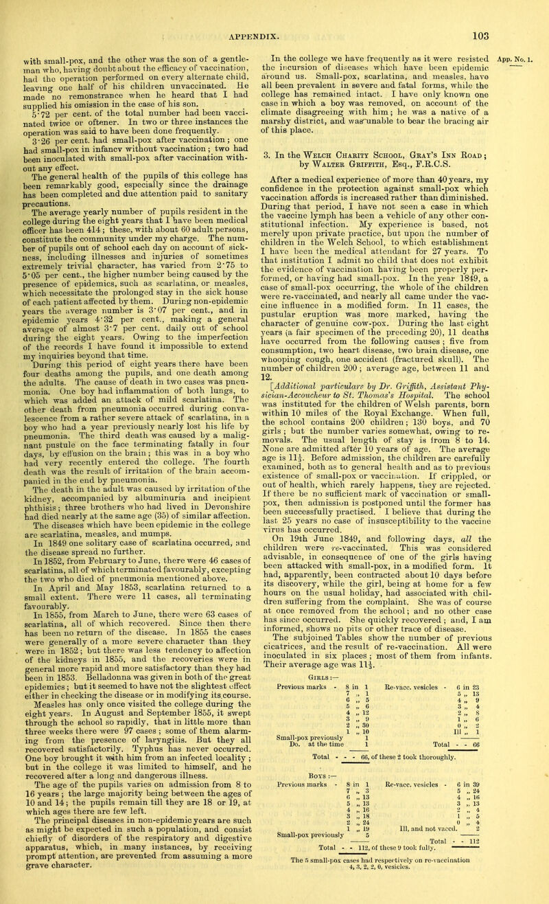 with small-pox, and the other was the son of a gentle- man who, having doubt about Ihe efficacy of vaccination, had the operation performed on every alternate child, leaving one half of his children unvaccinated. He made no remonstrance when he heard that I had supplied his omission in the case of his son. 5 • 72 per cent, of the total number had been vacci- nated twice or oftener. In two or three instances the operation was said to have been done frequently. 3-26 per cent, had small-pox after vaccination ; one had small-pox in infancy without vaccination ; two had been inoculated with small-pox after vaccination with- out any effect. The general health of the pupils of this college has been remarkably good, especially since the drainage has been completed and due attention paid to sanitary precautions. The average yearly number of pupils resident in the college during the eight years that I have been medical officer has been 414; these, with about 60 adult persons, constitute the community under my charge. The num- ber of pupils out of school each day on account of sick- ness, including illnesses and injuries of sometimes extremely trivial character, has varied from 2'75 to 505 per cent., the higher number being caused by the presence of epidemics, such as scarlatina, or measles, which necessitate the prolonged stay in the sick house of each patient affected by them. During non-epidemic years the average number is 3'07 per cent., and in epidemic years 432 per cent., making a general average of almost 3*7 per cent, daily out of school during the eight years. Owing to the imperfection of the records I have found it impossible to extend my inquiries beyond that time. During this period of eight years there have been four deaths among the pupils, and one death among the adults. The cause of death in two cases was pneu- monia. One boy had inflammation of both lungs, to which was added an atback of mild scarlatina. The other death from pneumonia occurred during conva- lescence from a rather severe attack of scarlatina, in a boy who had a year previously nearly lost his life by pneumonia. The third death was caused by a malig- nant pustule on the face terminating fatally in four days, by elfusion on the brain; this was in a boy who had very recently entered the college. The fourth death was the result of irritation of the brain accom- panied in the end by pneumonia. The death in the adult was caused by irritation of the kidney, accompanied by albuminuria and incipient phthisis; three brothers who had lived in Devonshire had died nearly at the same age (35) of similar affection. The diseases which have been epidemic in the college are scarlatina, measles, and mumps. In 1849 one solitary case of scarlatina occurred, ;md the disease spread no further. In 1852, from February to June, there were 46 cases of scarlatina, all of whichterminated favourably, excepting the two who died of pneumonia mentioned above. In April and May 1853, scarlatina returned to a small extent. There were 11 cases, all terminating favourably. In 1855, from March to June, there were 63 cases of scarlatina, all of which recovered. Since then there has been no return of the disease. In 1855 the cases were generally of a more severe character than they were in 1852 ; but there was less tendency to affection of the kidneys in 1855, and the recoveries were in general more rapid and more satisfactory than they had been in 1853, Belladonna was given in both of the great epidemics; but it seemed to have not the slightest effect either in checking the disease or in modifying its.course. Measles has only once visited the college during the eight years. In August and September 1855, it swept through the school so rapidly, that in little more than three weeks there were 97 cases ; some of them alarm- ing from the presence of laryngitis. But they all recovered satisfactorily. Typhus has never occurred. One boy brought it with him from an infected locality ; but in the college it was limited to himself, and he recovered after a long and dangerous illness. The age of the pupils varies on admission from 8 to 16 years ; the large majority being between the ages of 10 and 14; the pupils remain till they are 18 or 19, at which ages there are few left. The principal diseases in non-epidemic years are such as might be expected in such a population, and consist chiefly of disorders of the respiratory and digestive apparatus, which, in many instances, by receiving prompt attention, are prevented from assuming a more grave character. In the college we have frequently as it were resisted App. No. i. the incursion of diseases which have been epidemic around us. Small-pox, scarlatina, and measles, have all been prevalent in severe and fatal forms, while the college has remained intact. I have only known one case in which a boy was removed, on account of the climate disagreeing with him; he was a native of a marshy district, and wasunable to bear the bracing air of this place. 3. In the Welch Chakity School, Gkay's Inn Road ; by Walter Griffith, Esq., F.R.C.S. After a medical experience of more than 40 years, my confidence in the protection against small-pox which vaccination affords is increased rather than diminished. During that period, I have not seen a case in which the vaccine lymph has been a vehicle of any other con- stitutional infection. My experience is based, not merely upon private practice, but upon the number of children in the Welch School, to which establishment I have been the medical attendant for 27 years. To that institution I admit no child that does not exhibit the evidence of vaccination having been properly per- formed, or having had small-pox. In the year 1849, a case of small-pox occurring, the whole of the children were re-vaccinated, and nearly all came under the vac- cine influence in a modified form. In 11 cases, the pustular eruption was more marked, having the character of genuine cow-pox. During the last eight years (a fair specimen of the preceding 20), 11 deaths have occurred from the following causes ; five from consumption, two heart disease, two brain disease, one whooping cough, one accident (fractured skull). The number of children 200 ; average age, between 11 and 12. {Additional particularc- by Dr. Griffith, Assistant Phy- sician-Accoucheur to St. Thomas's Hospital. The school was instituted for the children of Welsh parents, born within 10 miles of the Royal Exchange. When full, the school contains 200 children; 130 boys, and 70 girls ; but the number varies somewhat, owing to re- movals. The usual length of stay is irom 8 to 14. None are admitted after 10 years of age. The average age is 11^. Before admission, the children are carefully examined, both as to general health and as to previous existence of small-pox or vacciuiition. If crippled, or out of health, which rarely happens, they are rejected. If there be no sufficient mark of vaccination or small- pox, then admission is postponed until the former has been successfully practised. I believe that during the last 25 years no case of insusceptibility to the vaccine virus has occurred. On 19th June 1849, and following days, all the children were i-e-vaccinated. This was considered advisable, in consequence of one of the girls having been attacked with small-pox, in a modified form. It had, apparently, been contracted about 10 days before its discovery, while the girl, being at home for a few hours on the usual holiday, had associated with chil- dren suffering from the complaint. She was of course at once removed from the school; and no other case has since occurred. She quickly recovered ; and, I am informed, shows no pits or other trace of disease. The subjoined Tables show the number of previous cicatrices, and the result of re-vaccination. AH were inoculated in six places ; most of them from infants. Their average age was 11^. Girls :— Previous marks - Small-pox previously Do. at the time 1 1 , 5 6 12 9 30 10 1 1 Re-vacc. vesicles 3 2 1 0 III in 23 ' ,. 13 9 4 8 6 Total 1 G6 Total ■ - - fi6, of these 2 took thoroughly. Boys:— Previous marks - n 1 >. 3 „ 13 „ 13 „ 16 „ 18 „ 24 1 „ 19 Small-pox previously 5 Re-vacc. vesicles 111, and not vacetl. Total - - 112, of these U tool: fully. Total The 5 small-pox cases had respectively on rc-vaccination 4, 3, 2, 2, 0, vesicles.