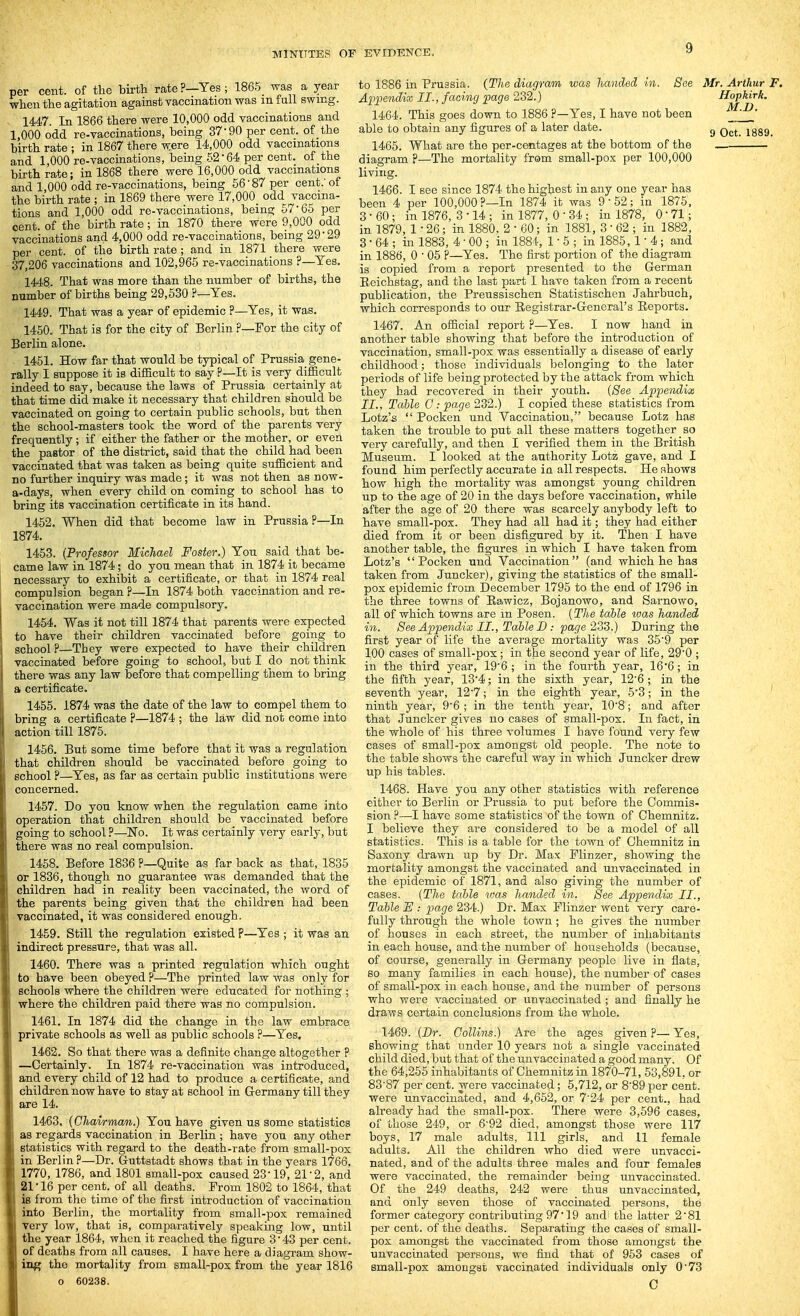 per cent, of the birth rate ?—Yes; 1866_ was a year when the agitation against vaccination was mfull swing. 1447. In 1866 there were 10,000 odd vaccinations and 1,000 odd re-vaccinations, being 37-90 per cent, of the birth rate ; in 1867 there were 14,000 odd vaccinations and 1,000 re-vaccinations, being 52-64 per cent, of the birthrate; in 1868 there were 16,000 odd vaccinations and 1 000 odd re-vaccinations, being 66 87 per cent.'of the birth rate ; in 1869 there were 17,000 odd vaccina- tions and 1,000 odd re-vaccinations, being 57*65 per cent, of the birth rate; in 1870 there were 9,000 odd vaccinations and 4,000 odd re-vaccinations, being 29-29 per cent, of the birth rate; and in 1871 there were 37,206 vaccinations and 102,965 re-vaccinations ?—Yes. 1448. That was more than the number of births, the number of births being 29,530 ?—Yes. 1449. That was a year of epidemic ?—Yes, it was. 1450. That is for the city of Berlin ?—For the city of Berlin alone. 1451. How far that would be typical of Prussia gene- rally I suppose it is difficult to say ?—It is very difficult indeed to say, because the laws of Prussia certainly at that time did make it necessary that children should be vaccinated on going to certain public schools, but then the school-masters took the word of the parents very frequently; if either the father or the mother, or even the pastor of the district, said that the child had been vaccinated that was taken as being quite sufficient and no further inquiry was made; it was not then as now- a-days, when every child on coming to school has to bring its vaccination certificate in its hand. 1452. When did that become law in Prussia P—In 1874. 1453. (Professor Michael Foster.) You said that be- came law in 1874; do you mean that in 1874 it became necessary to exhibit a certificate, or that in 1874 real compulsion began ?—In 1874 both vaccination and re- vaccination were made compulsory. 1454. Was it not till 1874 that parents were expected to have their children vaccinated before going to school ?—They were expected to have their children vaccinated before going to school, but I do not think there was any law before that compelling them to bring a certificate. 1455. 1874 was the date of the law to compel them to bring a certificate ?—1874 ; the law did not come into action till 1875. 1456. But some time before that it was a regulation that children should be vaccinated before going to school ?—Yes, as far as certain public institutions were concerned. 1457. Do you know when the regulation came into operation that children should be vaccinated before going to school ?—No. It was certainly very early, but there was no real compulsion. 1458. Before 1836 ?—Quite as far back as that, 1835 or 1836, though no guarantee was demanded that the children had in reality been vaccinated, the word of the parents being given that the children had been vaccinated, it was considered enough. 1459. Still the regulation existed P—Yes ; it was an indirect pressure, that was all. 1460. There was a printed regulation which ought to have been obeyed ?—The printed law was only for schools where the children were educated for nothing ; where the childi-en paid there was no compulsion. 1461. In 1874 did the change in the law embrace private schools as well as public schools ?—Yes, 1462. So that there was a definite change altogether P —Certainly. In 1874 re-vaccination was introduced, and every child of 12 had to produce a certificate, and children now have to stay at school in G-ermany till they are 14. 1463. (Chairman.) You have given us some statistics as regards vaccination in Berlin ; have you any other statistics with regard to the death-rate from small-pox in Berlin ?—Dr. Guttstadt shows that in the years 1766. 1770, 1786, and 1801 small-pox caused 23-19, 21-2, and 21-16 per cent, of all deaths. Prom 1802 to 1864, that is from the time of the first introduction of vaccination into Berlin, the mortality from small-pox remained Very low, that is, comparatively speaking low, until the year 1864, when it reached the figure 3 - 43 per cent, of deaths from all causes. I have here a diagram show- iug the mortality from small-pox from the year 1816 o 60238. to 1886 in Prussia. (The diagram was handed in. See Mr. Arthur F. Appendix II., facing page 232.) Hopkirk, 1464. This goes down to 1886 ?—Yes, I have not been M.D. able to obtain any figures of a later date. g q^.^^ iggg, 1465. What are the per-centages at the bottom of the diagram p—The mortality from small-pox per 100,000 living. 1466. I see since 1874 the highest in any one year has been 4 per 100,000 ?—In 1874 it was 9 • 52 ; in 1875, 3 • 60 ; in 1876, 3 • 14 ; in 1877, 0 • 34 ; in 1878, 0 - 71; in 1879, 1 - 26; in 1880. 2 • 60; in 1881, 3 - 62 ; in 1882, 3 • 64 ; in 1883, 4 ■ 00 ; in 1884, 1 - 5 ; in 1885,1 • 4 ; and in 1886, 0 • 05 ?—Yes. The first portion of the diagram is copied from a report presented to the German Eeichstag, and the last part I have taken from a recent publication, the Preussischen Statistischen Jahrbuch, which corresponds to our Eegistrar-General's Eeports. 1467. An official report P—Yes. I now hand in another table showing that before the introduction of vaccination, small-pox was essentially a disease of early childhood; those individuals belonging to the later periods of life being protected by the attack from which they had recovered in their youth. (See Appendix II., Table C: page 232.) I copied these statistics from Lotz's  Pocken und Vaccination, because Lotz has taken the trouble to put all these matters together so very carefully, and then I verified them in the British Museum. I looked at the authority Lotz gave, and I found him perfectly accurate in all respects. He shows how high the mortality was amongst young children up to the age of 20 in the days before vaccination, while after the age of 20 there was scarcely anybody left to have small-pox. They had all had it; they had either died from it or been disfigured by it. Then I have another table, the figures in which I have taken from Lotz's Pocken und Vaccination (and which he has taken from Juncker), giving the statistics of the small- pox epidemic from December 1795 to the end of 1796 in the three towns of Rawicz, Bojanowo, and Sarnowo, all of which towns are m Posen. (The table loas handed in. See Ap)2yendix II., Table D : page 2o3.) During the first year of life the average mortality was 35'9 per 100 cases of small-pox; in the second year of life, 29-0 ; in the third year, 19-6; in the fourth year, 16-6; in the fifth year, 13-4; in the sixth year, 126; in the seventh year, 12-7; in the eighth year, 5-3; in the ninth year, 9'6 ; in the tenth year, 10-8; and after that Juncker gives no cases of small-pox. In fact, in the whole of his three volumes I have found very few cases of small-pox amongst old people. The note to the table shows the careful way in which Juncker drew up his tables. 1468. Have you any other statistics with reference either to Berlin or Prussia to put before the Commis- sion P—I have some statistics of the town of Chemnitz. I believe they are considered to be a model of all statistics. This is a table for the town of Chemnitz in Saxony drawn up by Dr. Max Plinzer, showing the mortality amongst the vaccinated and unvaccinated in the epidemic of 1871, and also giving the number of cases. (The table vms handed in. See Appendix II., Table E : page 234.) Dr. Max Flinzer went very care- fully through the whole town; he gives the number of houses in each street, the number of inhabitants in each house, and the number of households (because, of course, generally in Germany people live in flats, so many families in each house), the number of cases of small-pox in each house, and the number of persons who were vaccinated or unvaccinated; and finally he draws certain conclusions from the whole. 1469. (Br. Collins.) Are the ages given p— Yes, showing that under 10 years not a single vaccinated child died, but that of the unvaccinated a good many. Of the 64,255 inhabitants of Chemnitz in 1870-71, 53,891, or 83'87 per cent, were vaccinated; 5,712, or 8*89 per cent, were unvaccinated, and 4,652, or 7'24 per cent., had already had the small-pox. There were 3,596 cases, of those 249, or 6-92 died, amongst those were 117 boys, 17 male adults, 111 girls, and 11 female adults. All the children who died were unvacci- nated, and of the adults three males and four females were vaccinated, the I'emainder being unvaccinated. Of the 249 deaths, 242 were thus unvaccinated, and only seven those of vaccinated persons, the former category contributing 97 •] 9 and the latter 2-81 per cent, of the deaths. Separating the cases of small- pox amongst the vaccinated from those amongst the unvaccinated persons, we find that of 953 cases of small-pox amongst vaccinated individuals only 0*73 C