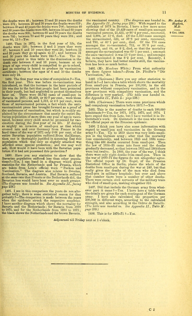 tlie deaths were 48; betwiBen 11 and 20 years the deaths were 172 ; between 20 and 30 years the deaths were 619 ; between 30 and 40 years the deaths were 706 ; between 40 and 50 years the deaths were 838; between 50 and 60 years the deaths were 905; between 60 and 70 years the deaths were 705; between 70 and 80 years they were 184 ; and over 80, 13 ?—Yes. 1488. Then in 1872, in the first year of life, the deaths were 520; between 2 and 5 years they were 67; between 6 and 10 years they were 24; between 11 and 20 years they go up again to 67 ; and between 21 and 30 years the deaths were 245 ?—Yes. The in- teresting point in this table is tlie diminution in the death rate between 6 and 10 years, because at six years of age every child is compelled to go to school, and on entering is bound to produce its Taccination certificate ; between the ages of 6 and 10 the deaths were only 24. 1489. The first year was a time of compulsion ?—Yes, the first year. This was before re-vaccination was introduced, so that the increase in the later periods of life was due to the fact that people had been protected in their youth, but had neglected to protect themselves later on. There were 30,742 cases of small-pox in Bavaria in 1871; 29,429, or 957 per cent., were those of vaccinated persons, and 1,313, or 4'3 per cent., were those of unvaccinated persons, a fact which the anti- vaccinationist press has brought forward as a proof of the uselessness of vaccination, but which is readily ex- plained by the circumstance that nearly the entire Ba- varian population of more than one year of age is vacci- nated, because every child must be presented for vac- cination during the first year of its life. If during so mighty an invasion of small-pox as that which crossed into and over Germany from France in the hard times of the war of 1871 only 0'68 per cent, of the entire Bavarian population sufi'ered [from the°disease, then one is thoroughly justified in assuming that this population which was only so slightly attacked was afl'orded some special protection; and one may well ask. How would it have been with the Bavarian popu- lation if it had not possessed this protection ? 1490. Have you any statistics to show that the Bavarian population sufiered less than other popula- tions ?—Yes, I can hand in a diagram which gives statistics for the Netherlands and for Prussia, which are taken from Lotz's official work Pocken und Vaccination, The diagram also relates to Sweden, Scotland, Bavaria, and Austria. Had Bavaria suffered at the same rate that Prussia or the Netherlands did, the Bavarian loss would have been ever so mach greater. (The diagram was handed in. See Appendix II., facing page 238.) 1491. I see in this comparison the years do not alto- gether tally; there is some statistical reason lor that probably ?—The comparison is made between the years when the epidemic struck the respective countries. I have another diagram which shows the mortality for Bavaria and the Netherlands; for Bavaria from 1870 to 1875, and for the Netherlands from 1870 to 1873; the black shows the Netherlands and the brown Bavaria, the vaccinated country. {The diagram was handed in. Mr. Arthur F, Bee Appendix II., facing page 238.) With regard to the Hophirk, epidemic of 1873 in Bavaria, I have a few more notes M.D. showing that of the 29,429 cases of small-pox amongst vaccinated persons, 25,435, or 86*4 per cent., recovered, 9 Oct. 1889. and 3,994, or 13'6, died. Df the 1,313 cases amongst the unvaccinated, 523, or 39'8 per cent., recovered, and 790, or 60'1 per cent., died. Of the 776 cases amongst the re-vaccinated, 712, or 91*8 per cent., recovered, and 64, or 8 2, died, so that the mortality amongst the unvaccinated was 60' 1 per cent. ; amongst the once vaccinated it was 13' 6 per cent. ; and amongst the re-vaccinated it was 8'2 per cent. Recently, I believe, they have had better results still, the vaccina- tion has been so much better. ' 1492. {Mr. Meadows White.) From what authority are those figures taken?—From Dr. Pfeiffer's Die Vaccination, &c. 1493. {Chairman.) Have you any other statistics to hand in ?—I have also a table which shows the mortality from small-pox in Prussia, per 100,000, in the old provinces without compulsory vaccination, and in the new provinces with compulsory vaccination, and the difference is very marked. {The table ivas handed in. See Appendix II., Table L: page 238.) 1494. (Chairman.) There were some provinces which had compulsory vaccination before 1871 ?—Yes. 1495. This is the number of deaths to each 100,000 inhabitants ?—Yes, for 1871, 1872, 1873, and 1874. I have copied this from Lotz, but I have verified it in Dr. Gruttstadt's work. Dr. Gruttstadt is the man who wrote the oSicial paper on the Prussian epidemic. 1496. I think you have also some information with regard to small-pox and vaccination in the German army ?—Yes. Up to 1819 there was very little small- pox in the German army; after that the mortality rose considerably, and between 1825 and 1834 some- thing like 496 deaths occurred from small-po.^. Then the law of 1834-35 came into force and the deaths gi-adually decreased, bo that between 1855 and 1864there were but twelve. In 1866, the year of the war, I think there were only eight deaths from small-pox. Then in the war of 1870-71 the figures do not altogether agree. The official report by Dr. Engel, of the Prussian Statistical Office in Berlin, places the whole of the deaths from small-pox during the war at 249, but that really gives the deaths of the men who died from small-pox in military hospitals ; but over and above that number there were a number of other deaths. There were certain civil servants of the military train who died of small-pox, making altogether 316. 1497. Did that include the German army from what- ever part it came ?—Yes. I have here a table where the details are given for each contingent of the German army. I have also calculated the proportion per 100,000 in different ways, according to the calculated strength, and also according to the Ordres de Bataille. (The table was handed in. See Appendix II., Table M: page 239.) 1498. This is for 1870-71 ?—Yes. Adjourned till Friday next at 1 o'clock.