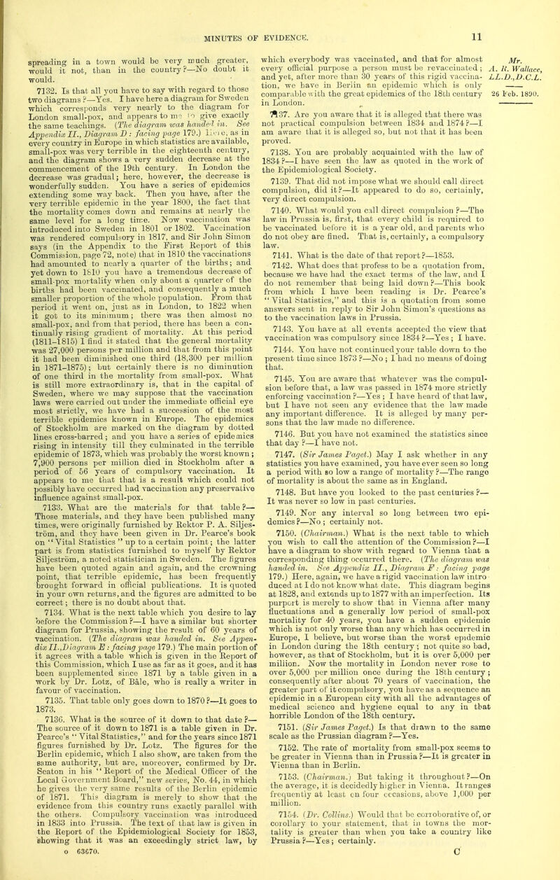 spreading in a town would be very mucli greater, would it not, than in the country?—No doubt it would. 7132. Is that all you have to say with regard to those two diagrams ?—Yes. I have here a diagram for Sweden which corresponds very nearly to the diagram for London small-pox, and appears to me io give exactly the same teachings. (The diagram was hande'l in. See Appendix II., Diagram B : facing page 179.) lifi e_, as in every country in Europe in which statistics are available, small-pox was very terrible in the eighteenth century, and the diagram shows a very sudden decrease at the commencement of the 19th century, In London the decrease was gradual; here, however, the decrease is wonderfully sudden. You have a series of epidemics extending some way back. Then you have, after the very terrible epidemic in the year 1800, the fact that the mortality comes down and remains at nearly the same level for a long time. Now vaccination was introduced into Sweden in 1801 or 1802. Vaccination was rendered compulsory in 1817, and Sir John Sirnon says (in the Appendix to the First Report of this Commission, page 72, note) that in 1810 the vaccinations had amounted to nearly a quarter of the births; and yet down to IblO you have a tremendous decrease of small-pox moT'tality when only about a quarter of the births had been vaccinated, and consequently a much smaller proportion of the whole population. From that period it went on, just as in London, to 1822 when it got to its minimum; there was then almost no small-pox, and from that period, there has been a con- tinually rising gradient of mortality. At this period (1811-1815) I find it stated that the general mortality was 27,000 persons per million and that from this point it had been diminished one third (18,300 per million in 1871-1875); but certainly there is no diminution of one third in the mortality from small-pox. What is still more extraordinary is, that in the capital of Sweden, where we may suppose that the vaccination laws were carried out under the immediate official eye most strictly, we have had a successioi^ of the most terrible epidemics known in Europe. The epidemics of Stockholm are marked on the diagram by dotted lines cross-barred ; and you have a series of epide mics rising in intensity till they culminated in the terrible epidemic of 1873, which was probably the worst known ; 7,900 persons per million died in Stockholm after a period of 56 years of compulsory vaccination. It appears to me that that is a result which could not possibly have occurred had vaccination any preservative influence against small-pox. 7133. What are the materials for that table ?—• Those materials, and they have been published many times, were originally furnished by Eektor P. A. Siljes- trom, and they have been given in Dr. Pearce's book on  Vital Statistics  up to a certain point; the latter part is from statistics furnished to myself by Rektor Siljestrom, a noted statistician in Sweden. The figures have been quoted again and again, and the crowning point, that terrible epidemic, has been frequently brought forward in official publications. It is quoted in your own returns, and the figures are admitted to be correct; there is no doubt about that. 7134. What is the next table which you desire to lay before the Commission ?—I ha ve a similar but shorter diagram for Prussia, showing the result of 60 years of vaccination. (The diagram was handed in. See Appen- dix II.,I) lagram E: facing page 179.) The main portion of it agrees with a table which is given in the Report of this Commission, which I use as far as it goes, and it has been supplemented since 1871 by a table given in a work by Dr. Lotz, of Bale, who is really a writer in favour of vaccination. 7135. That table only goes down to 1870 ?—It goes to 1873. 7136. What is the source of it down to that date ?— The source of it down to 1871 is a table given in Dr. Pearce's  Vital Statistics, and for the years since 1871 figures furnished by Dr. Lotz. The figures for the Berlin epidemic, which I also show, are taken from the same authority, but are, moreover, confirmed by Dr. Seaton in his Report of the Medical Officer of the Local Government Board, new series, No. 44, in which he gives the very same results of the Berlin epidemic of 1871. This diagram is merely to show that the evidence from this country runs exactly parallel with the others. Compulsory vaccination was introduced in 1833 into Prussia. The text of that law is given in the Report of the Epidemiological Society for 1853, showing that it was an exceedingly strict law, by o 63C70. which everybody was vaccinated, and that for almost Mr. every official purpose a person must bo revaccinated ; A. R. Wallace, and yet, after more than 30 years of this rigid vaccina- LL.D.,D.C.L. tion, we have in Berlin an epidemic which is only comparable with the great epidemics of the 18th century 26 ICeb. 1800. in London. ^ 'fl.37. Are you aware that it is alleged that there was not practical compulsion between 1834 and 1874 ?—I am aware that it is alleged so, but not that it has been proved. 7138. You are probably acquainted with the law of 1834 ?—I have seen the law as quoted in the work of the Epidemiological Society. 7139. That did not impose what we should call direct compulsion, did it?—It appeared to do so, certainly, very direct compulsion. 7140. What would you call direct compulsion ?—The law in Prussia is, first, that every child is required to be vaccinated betbre it is a year old, and parents who do not obey are fined. That is, certainly, a compulsory law. 7141. What is the date of that report ?—1853. 7142. What does that profess to be a quotation from, because we have had the exact terms of the law, and I do not remember that being laid down ?—This book from which I have been reading is Dr. Pearce's  Vital Statistics, and this is a quotation from some answers sent in reply to Sir John Simon's questions as to the vaccination laws in Prussia. 7143. You have at all events accepted the view that vaccination was compulsory since 1834 ?—Yes ; I have. 7144. You have not continued your table down to the present time since 1873 ?—No ; I had no means of doing that. 7145. You are aware that whatever was the compul- sion before that, a law was passed in 1874 more strictly enforcing vaccination ?—Yes ; I have heard of that law, but I have not seen any evidence that the law made any important difference. It is alleged by many per- sons that the law made no difi'erence. 7146. But you have not examined the statistics since that day ?—I have not. 7147. (Sir James Paget.) May I ask whether in any statistics you have examined, you have ever seen so long a period with so low a range of mortality ?—The range of mortality is about the same as in England. 7148. But have you looked to the past centuries ?— It was never so low in past centuries. 7149. Nor any interval so long between two ejji- demics ?—No ; certainly not. 7150. (Chairman.) What is the next table to which you wish to call the attention of the Commission ?—I have a diagram to show with regard to Vienna that a corresponding thing occurred there. (The diagram was handed in. See Appendix II., Diagram F: facing page 179.) Here, again, we have arigid vaccination law intro duced at I do not know what date. This diagram begins at 1828, and extends up to 1877 with an imperfection. Its purport is merely to show that in Vienna after many fluctuations and a generally low period ot small-pox mortality for 40 years, you have a sudden epidemic which is not only worse than any which has occurred in Europe, I believe, but worse than the worst epidemic in London during the 18th century ; not quite so bad, however, as that of Stockholm, but it is over 5,000 per million. Now the mortality in London never rose to over 5,000 per million once during the 18th century ; consequently after about 70 years of vaccination, the greater part of it compulsory, you have as a sequence an epidemic in a European city with all the advantages of medical science and hygiene equal to any in that hoiTible London of the 18th century. 7151. (Sir James Paget.) Is that drawn to the same scale as the Prussian diagram ?—Yes. 7152. The rate of mortality from small-pox seems to be greater in Vienna than in Prussia ?—It is greater in Vienna than in Berlin. 7153. (Chairman.) But taking it throughout?—On the average, it is decidedly higher in Vienna. It ranges frequently at least cn four cccasions, above 1,000 per million. 7154. (Dr. Collins.) Would that be corroborative of, or corollary to your statement, that in towns the mor- tality is greater than when you take a country like Prussia ?—Yes ; certainly. c