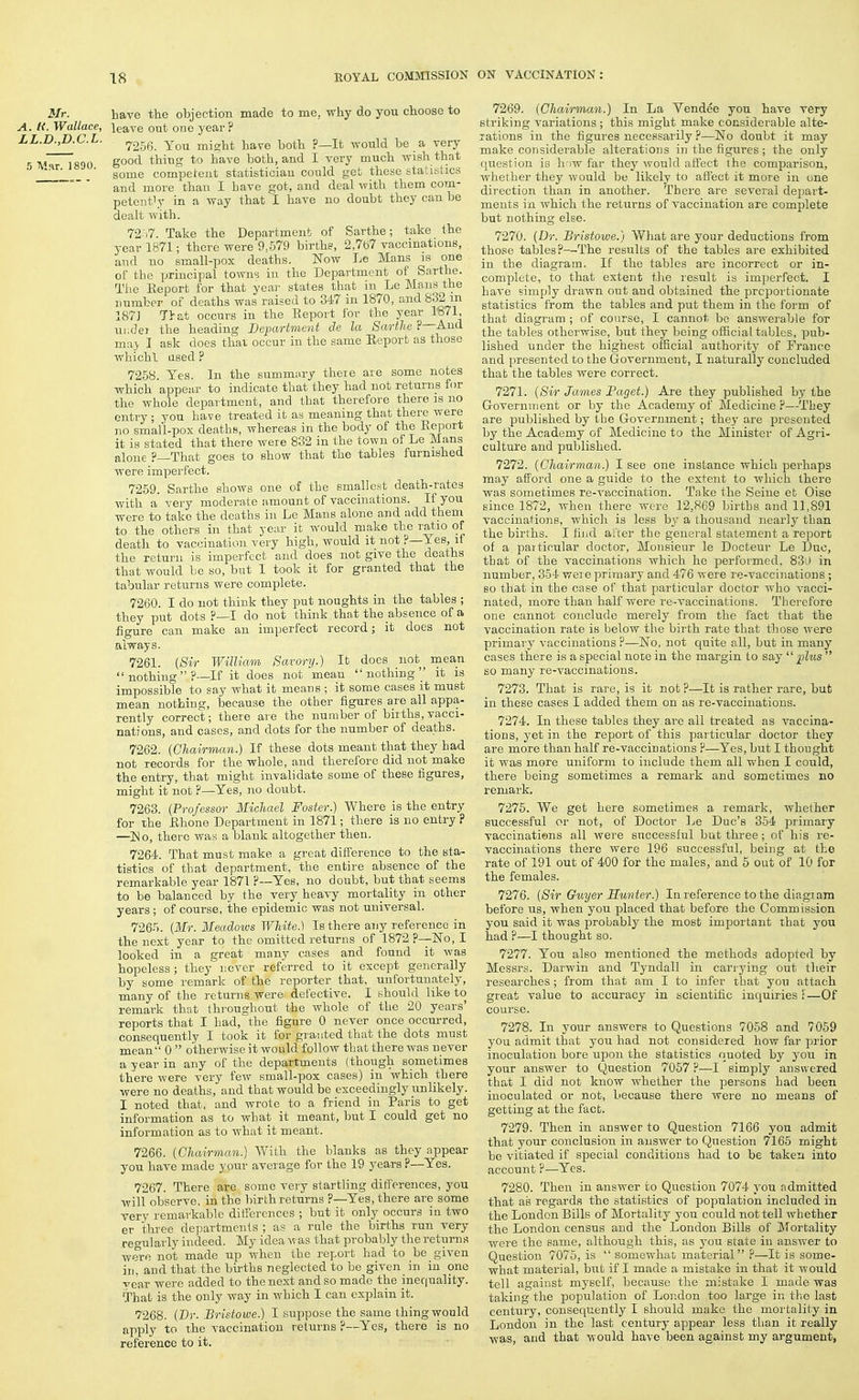 Mr. have the objection made to me, why do you choose to A. K. Wallace, leave out oue year ? LL.D.,D.C.L. ^25^; You might have both ?—It would be a very Ai iRqn good thing to have both, and I very much wish that 1 ' some comiDclent statistician could get these statistics and more than I have got, and deal with them com- petcntV in a way that I have no doubt they can be dealt with. 72-)7. Take the Department of Sarthe; take the year 1871; there were 9,679 births, 2,767 vaccinations, and no small-pox deaths. Now Le Mans is one of the principal towns in the Department of Sarthe. The Report for that year states that in Le Mans the number of deaths was raised to 347 in 1870, and 832 in 1871 Tls,t occurs in the Eeport for the year 1871 ui.dei the heading Department de la Sarthe ?—And mny I ask does thai occur in the same Eeport as those whichl used ? 7258. Yes. In the summary theie are some notes which appear to indicate that they had not returns for the whole department, and that therefore there is no entry ; you have treated it aa meaning that there were no small-pox deaths, whereas in the body of the Eeport it is stated that there were 832 in the town of Le Mans alone ?—That goes to show that the tables furnished were imperfect. 7259. Sarthe shows one of the smallest death-rates with a very moderate amount of vaccinations. If you were to take the deaths in Le Mans alone and add them to the others in that year it would make the ratio of death to vaccination very high, would it not ?—Yes, if the return is imperfect and does not give the deaths that would be so, but I took it for granted that the tabular returns were complete. 7260. I do not think they put noughts in the tables ; they put dots ?—I do not think that the absence of a figure can make an imperfect record; it docs not always. 7261. {Sir William Savory.) It does not mean  nothing?—If it does not mean nothing it is impossible to say what it means ; it some cases it must mean nothing, because the other figures are all appa- rently correct; there aie the number of births,vacci- nations, and cases, and dots for the number of deaths. 7262. (CJiairman.) If these dots meant that they had not records for the whole, and therefore did not make the entry, that might invalidate some of these figures, might it not ?—Yes, no doubt. 7263. {Professor Michael Foster.) Where is the entry for the Ehone Department in 1871; there is no entry ? —ISlo, there was a blank altogether then. 7264. That must make a great difference to the sta- tistics of that department, the entire absence of the remarkable year 1871 ?—Yes, no doubt, but that seems to be balanced by the very heavy mortality in other years ; of course, the epidemic was not universal. 7265. {Mr. Meadows White.) Is there any reference in the next year to the omitted returns of 1872?—-No, I looked in a great many cases and found it was hopeless; they never referred to it except generally by some remark of the reporter that, unfortunately, many of the returns were defective. I should like to remark thot throughout the whole of the 20 years' reports that I bad, the figure 0 never once occurred, consequently I took it for granted that the dots must mean-' 0  otherwise it would follow that there was never a year in any of the departments (though sometimes there were very few small-pox cases) in which there were no deaths, and that would be exceedingly unlikely. I noted that, and wrote to a friend in Paris to get information as to what it meant, but I could get no information as to what it meant. 7266. {Chairman.) With the blanks as they appear you have made your average for the 19 years?—Yes. 7267. There are some very startling difl'erences, you will observe, in the birth returns ?—Yes, there are some very remarkable dilferences ; but it only occurs in two er three departments ; as a rule the births run very regularly indeed. My idea was that probably the returns Avere not made up when the report had to be given in. and that the bii'ths neglected to be given in in one yea.r were added to the next and so made the inecjuality. That is the only way in which I can explain it. 7268. {I)r. Bristowe.) I suppose the same thing would apply to the vaccination returns ?—Yes, there is no reference to it. 7269. {Chairman.) In La Vendee you have very striking variations; this might make considerable alte- rations in the figures necessarily ?—No doubt it may make considerable alterations in the figures; the only question is h')W far they would afiect the comparison, whether they would be likely to aflect it more in one direction than in another. There are several depart- ments in which the returns of vaccination are complete but nothing else. 7270. {Dr. Bristowe.) What are your deductions from those tables?—The results of the tables are exhibited in the diagram. If the tables are incorrect or in- complete, to that extent the result is imperfect. I have simply drawn out and obtained the proportionate statistics from the tables and put them in the form of that diagram ; of course, I cannot be answerable for the tables otherwise, but they being ofiicial tables, pub- lished under the highest official authority of France and presented to the Government, I naturally concluded that the tables were correct. 7271. {Sir James Paget.) Ai'e they published by the Government or by the Academy of Medicine ?—Tbey are published by the Government; they are presented by the Academy of Medicine to the Minister of Agri- culture and published. 7272. {Chairman.) I see one instance which perhaps may afi^ord one a guide to the extent to which there was sometimes re-vaccination. Take the Seine et Oise since 1872, when there were 12,869 births and 11,891 vaccinations, which is less b^- a thousand nearly than the births. I find ai'ter the general statement a report of a particular doctor. Monsieur le Docteur Le Due, that of the vaccinations which he performed, 830 in number, 354 wei e primary and 476 were re-vaccinations ; so that in the case of that particular doctor who vacci- nated, more than half were re-vaccinations. Therefore one cannot conclude merely from the fact that the vaccination rate is below the birth rate that those were primary vaccinations?—No, not quite all, but in many cases there is a special note in the margin to say  lylus  so many re-vaccinations. 7273. That is rare, is it not?—It is rather rare, but in these cases I added them on as re-vaccinations. 7274. In these tables they are all treated as vaccina- tions, yet in the report of this particular doctor they are more than half re-vaccinations ?—Yes, but I thought it was more uniform to include them all when I could, there being sometimes a remark and sometimes no remark. 7275. We get here sometimes a remark, whether successful or not, of Doctor Le Due's 354 primary vaccinatiens all were successful but three; of his re- vaccinations there were 196 successful, being at the rate of 191 out of 400 for the males, and 6 out of 10 for the females. 7276. {Sir Guyer Hunter.) In reference to the diagi am before us, when you placed that before the Commission you said it was probably the most important that you had ?—I thought so. 7277. You also mentioned the methods adopted by Messrs. Darwin and Tyndall in carrying out their researches; from that am I to infer that you attach great value to accuracy in scientific inquiries f—Of course. 7278. In your answers to Questions 7058 and 7059 you admit that you had not considered how far prior inoculation bore upon the statistics quoted by you in your answer to Question 7057 ?—I simply answered that I did not know whether the persons had been inoculated or not, because there were no means of getting at the fact. 7279. Then in answer to Question 7166 you admit that your conclusion in answer to Question 7165 might be vitiated if special conditions had to be taken into account ?—Yes. 7280. Then in answer to Question 7074 you admitted that as regards the statistics of population included in the London Bills of Mortality you could not tell whether the London census and the London Bills of Mortality were the same, although this, as you state in answer to Question 7075, is  somewhat material ?—It is some- what material, but if I made a mistake in that it would tell against myself, because the mistake I made was taking the population of Lor.don too large in the last century, consequently I should make the mortality in London in the last century appear less than it really was, and that would have been against my argument,