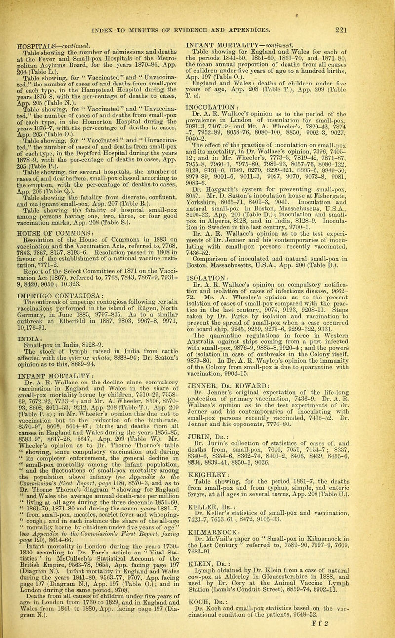 INDEX TO MINUTES OF EV HOSPITALS—continued. Table showing tlie number of admissions and deaths at the Fever and Small-pox Hospitals of the Metro- politan Asylums Board, for the years 1870-86, App. 204 (Table L.). Table showing, for  Vaccinated  and  UnTaccina- ted, the number of cases of and deaths from small-pox of each type, in the Hampstead Hospital during the years 1876-8, with the per-centage of deaths to cases, App. 205 (Table N.). Table showing, for  Vaccinated  and  Unvaccina- ted, the number of cases of and deaths from small-pox of each type, in the Homerton Hospital during the years 1876-7, with the per-centage of deaths to cases, App. 205 (Table 0.). Table showing, for  Vaccinated  and  Unvaccina- ted, the number of cases of and deaths from small-pox of each type, in the Deptford Hospital during the years 1878 -9, with the per-centage of deaths to cases, App. 205 (Table P.). Table showing, for several hospitals, the number of cases of, and deaths from, small-pox classed according to the eruption, with the per-centage of deaths to cases, App. 206 (Table Q.). Table showing tbe fatality from discrete, confluent, and malignant small-pox, App. 207 (Table R.). Table showing the fatality of hospital small-pox among persons having one, two, three, or four good vaccination mai'ks, App. 208 (Table S.). HOUSE OP COMMONS: Eresolution of the House of Commons in 1883 on vaccination and the Vaccination Acts, referred to, 7768, 7843, 7867, 8157, 8193-6. Resolution passed in 1808 in favour of the establishment of a national vaccine insti- tution, 7771-2. Report of the Select Committee of 1871 on the Vacci- nation Act (1867), referred to, 7768, 7843, 7867-9, 7931- 9, 8420, 9050 ; 10,323. IMPETIGO CONTAGIOSA: The outbreak of impetigo contagiosa following certain vaccinations performed in the island of Riigen, North. Germany, in June 1885, 9797-835. As to a similar outbreak at Elberfeld in 1887, 9803, 9967-8, 9971, 10,176-91. INDIA: Small-pox in India, 8128-9. The stock of lymph raised in India from cattle affected with the gotee or mhata, 8888-94; Dr. Seaton's opinion as to this, 8889-94. INFANT MORTALITY: Dr. A. R. Wallace on the decline since compulsory vaccination in England and Wales in the share of small-pox mortality borne by children, 7510-29, 7558- 69, 7672-92, 7733-4 ; and Mr. A. Wheeler, 8506, 8570- 93, 8608, 8611-53, 9212, App. 208 (Table T.), App. 209 (Table T. a); in Mr. Wheeler's opinion this due not to vaccination but to the reduction of> the birth-rate, 8570-97, 8608, 8614-47; births and deaths from all causes in England and Wales during the years 1856-85, 8583-97, 8617-26, 8647, App. 209 (Table W.). Mr. Wheeler's opinion as to Dr. Thorne Thome's table  showing, since compulsory vaccination and during  its completer enforcement, the general decline in  small-pox mortality among the infant population,  and the fluctuations of small-pox mortality among the population above infancy (see Appendix to the Commission's First Heport, xxige 118), 8570-3, and as to Dr. Thorn© Thome's diagram  showing for England  and Wales the average annual death-rate per million  living at all ages during the three decennia 1851-60,  1861-70, 1871-80 and during the seven years 1881-7,  from small-pox, measles, scarlet fever and whooping-  cough ; and in each instance the share of the all-age  mortality borne by children under five years of age  (see Ap^jendix to the Commission's First Report, facing fage 120), 8614-66. Infant mortality in London during the years 1730- 1830 according to Dr. Farr's article on  Vital Sta- tistics  in McCuUoch's Statistical Account of the British Empire, 9563-78, 9655, App. facing page 197 (Diagram N.). Infant mortality in England and Wales during the years 1841-80, 9563-77, 9707. App. facing page 197 (Diagram N.), App. 197 (Table 0.); and in London during the same period, 9708. Deaths from all causes cf children under five years of age in London from 1730 to 1829, and in England and Wales from 1841 to 1880, App. facing page 197 (Dia- gram N.). :dence and appendices. 221 INFANT MORTALITY—cowiiwtiefL Table showing for England and Wales for each of the periods lfc41-50, 1851-60, 1861-70, and 1871-80, the mean annual proportion of deaths from all causes of children under five years of age to a hundred births, App. 197 (Table 0.). England and Wales : deaths of children under five years of age, App. 208 (Table T.), App. 209 (Table T. a). INOCULATION : Dr. A, R. Wallace's opinion as to the period of the prevalence in London of inoculation for small-pox, 7081-3, 7407-9; and Mr. A. Wheeler's, 7820-42, 7874 -7, 7952-89, 8058-76, 8080-100, 8850, 9002-3, 9027, 9040-2. The effect of the practice of inoculation on small-pox and its mortality, in Dr. Wallace's opinion, 7396, 7405- 12; and in Mr. Wheeler's, 7773-5, 7819-42, 7871-87, 7955-8, 7960-1, 7975-80, 7989-93, 8057-76, 8080-122, 8128, 8131-6, 8149, 8270, 8299-321, 8835-6, 8849-50, 8979-89, 9001-6, 9011-3, 9027, 9070, 9073-8, 9081, 9083-6. Dr. Haygarth's system for preventing small-pox, 8057. Mr. D. Sutton's inoculation house at Fishergate, Yorkshire, 8065-71,_ 8401-3, 9041. Inoculation and natural sraall-pox in Boston, Massachusetts, U.S.A., 8100-22, App. 200 (Table D.); inoculation and small- pox in Algeria, 8128, and in India, 8128-9. Inocula- tion in Sweden in the last century, 9700-1. Dr. A. R. Wallace's opinion as to the test experi- ments of Dr. Jenner and his contemporaries of inocu- lating with small-pox persons recently vaccinated, 7436-52. Comparison of inoculated and natural small-pox in Boston, Massachusetts, U.S.A., App. 200 (Table D.). ISOLATION: Dr. A. R. Wallace's opinion on compulsory notifica- tion and isolation of cases of infectious disease, 9662- 72. Mr. A. Wheeler's opinion as to the present isolation of cases of small-pox compared with the prac- tice in the last century, 9074, 9193, 9208-11. Steps taken by Dr. Parke by isolation and vaccination to prevent the spread of small-pox when a case occurred on board ship, 9245, 9259, 9275-6, 9299-322, 9331. The quarantine regulations in force in Western Australia against ships coming from a port infected with small-pox, 9876-9, 9885-8, 9920-4 ; and the powers of isolation in case of outbreaks in the Colony itself, 9879-80. In Dr. A. R. Waylen's opinion the immunity of the Colony from small-pox is due to quarantine with vaccination, 9904-15. JENNER, De. EDWARD: Dr. Jenner's original expectation of the life-long protection of primary vaccination, 7436-9. Dr. A. R. Wallace's opinion as to the test experiments of Dr. Jenner and his contemporaries of inoculating with small-pox persons recently vaccinated, 7436-52. Dr. Jenner and his opponents, 7776-80. JURIN, Db. : Dr. Jurin's collection of statistics of cases of, and deaths from, small-pox, 7046, 7051, 7054-7 ; 8337, 8340-6, 8354-6, 8362-74, 8400-2, 8406, 8439, 8455-6, 8834, 8839-41, 8850-1, 9036. KEIGHLEY: Table showing, for the period 1881-7, the deaths from small-pox and from typhus, simple, and enteric fevers, at all ages in several towns, App. 208 (Table U.). KELLER, Dr. : Dr. Keller's statistics of small-pox and vaccination, 7423-7, 7653-61; 8472, 9105-33. KILMARNOCK: Dr. McVail's paper on  Small-pox in Kilmarnock in the Last Century  referred to, 7589-90, 7597-9, 7609, 7683-91. KLEIN, Dr. : Lymph obtained by Dr. Klein from a case of natural cow-pox at Alderley in Gloucestershire in 1888, and used by Dr. Cory at the Animal Vaccine Lymph Station (Lamb's Conduit Street), 8859-74, 8902-11. KOCH, Dr. : Dr. Koch and small-pox statistics based on the vac- cina tional condition of the patients, 9648-62. .F f 2