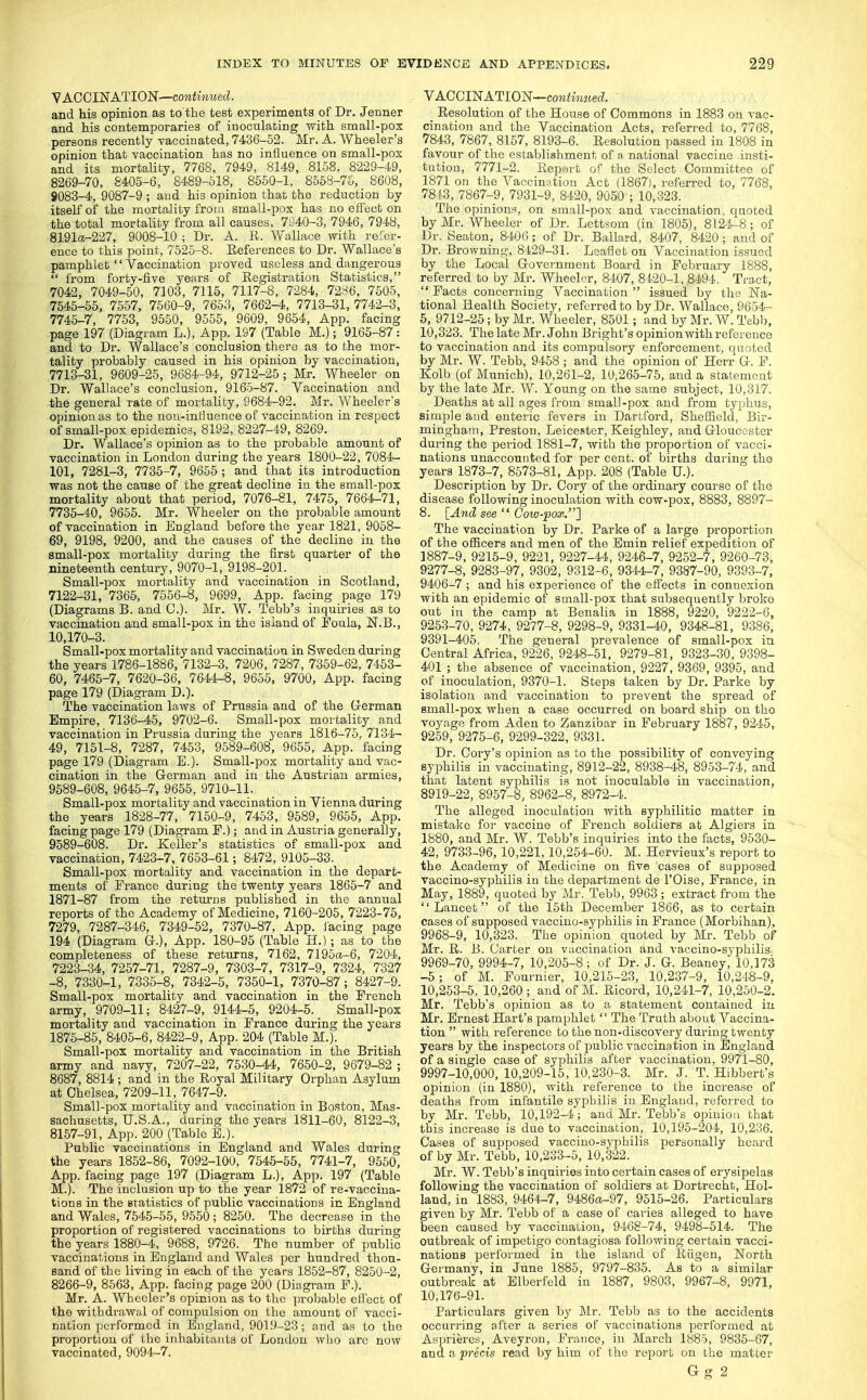 VACCINATION—continued. and his opinion as to the test experiments of Dr. Jenner and his contemporaries of inoculating with small-pox persons recently vaccinated, 7436-52. Mr. A. Wheeler's opinion that vaccination has no influence on small-pox and its mortality, 7768, 7949, 8149, 8158, 8229-49. 8269-70, 8405-6, 8489-518, 8650-1, 8558-7^,, 8608, 9083-4, 9087-9 ; aud his opinion that tho reduction by itself of the mortality from small-pox has no effect on the total mortality from all causes, 7940-3, 7946, 7948, 8191a-227, 9008-10 ; Dr. A. R. Wallace with refer- ence to this point, 7525-8. Eeferences to Dr. Wallace's pamphlet  Vaccination proved useless and dangerous  from forty-five years of Registration Statistics, 7042, 7049-50, 7103, 7115, 7117-8, 7284, 7286, 7505, 7545-55, 7557, 7560-9, 7653, 7662-4, 7713-31, 7742-3, 7745-7, 7753, 9550, 9555, 9609, 9654, App. facing page 197 (Diagram L.), App. 197 (Table M.); 9165-87: and to Dr. Wallace's conclusion there as to the mor- tality probably caused in his opinion by vaccination, 7713-31, 9609-25, 9684-94, 9712-25; Mr. Wheeler on Dr. Wallace's conclusion, 9165-87. Vaccination and the general rate of mortality, 9684-92. Mr. Wheeler's opinion as to the nou-intluence of vaccination in respect of small-pox epidemics, 8192, 8227-49, 8269. Dr. Wallace's opinion as to the probable amount of vaccination in London during the years 1800-22, 7084- 101, 7281-3, 7735-7, 9655 ; and that its introduction was not the cause of the great decline in the small-pox mortality about that period, 7076-81, 7475, 7664-71, 7735-40, 9655. Mr. Wheeler on the probable amount of vaccination in England before the year 1821, 9058- 69, 9198, 9200, and the causes of the decline in the small-pox mortality during the first quarter of the nineteenth century, 9070-1, 9198-201. Small-pox mortality and vaccination in Scotland, 7122-31, 7365, 7556-8, 9699, App. facing page 179 (Diagrams B. and C). Mr. W. Tebb's inquiries as to vaccination and small-pox in the island of Foula, N.B., 10,170-3. Small-pox mortality aud vaccination in Sweden during the years 1786-1886, 7132-3, 7206, 7287, 7359-62, 7453- 60, 7465-7, 7620-36, 7644-8, 9655, 9700, App. facing page 179 (Diagram D.). The vaccination laws of Prussia and of the Grerman Empire, 7136-45, 9702-6. Small-pox mortality and vaccination in Prussia during the years 1816-75, 7134- 49, 7151-8, 7287, 7453, 9689-608, 9656, App. facing page 179 (Diagram E.). Small-pox mortality aud vac- cination in the German and in the Austrian armies, 9689-608, 9646-7, 9665, 9710-11. Small-pox mortality and vaccination in Vienna during the years 1828-77, 7160-9, 7463, 9589, 9655, App. facing page 179 (Diagram E.); and in Austria generally, 9589-608. Dr. Keller's statistics of small-pox and vaccination, 7423-7, 7653-61; 8472, 9105-33. Small-pox mortality and vaccination in the depart- ments of France during the twenty years 1866-7 and 1871-87 from the returns published in the annual reports of the Academy of Medicine, 7160-205, 7223-75, 7279, 7287-346, 7349-52, 7370-87, App. lacing page 194 (Diagram G.), App. 180-95 (Table H.); as to the completeness of these returns, 7162, 7196a-6, 7204, 7223-34, 7257-71, 7287-9, 7303-7, 7317-9, 7324, 7327 -8, 7330-1, 7335-8, 7342-5, 7350-1, 7370-87; 8427-9. Small-pox mortality and vaccination in the French army, 9709-11; 8427-9, 9144-5, 9204-5. Small-pox mortality and vaccination in France during the years 1875-86, 8405-6, 8422-9, App. 204 (Table M.). Small-pox mortality and vaccination in the British army and navy, 7207-22, 7530-44, 7650-2, 9679-82 ; 8687, 8814 ; and in the Royal Military Orphan Asylum at Chelsea, 7209-11, 7647-9. Small-pox mortality and vaccination in Boston, Mas- sachusetts, U.S.A., during the years 1811-60, 8122-3, 8157-91, App. 200 (Table E.). Public vaccinations in England and Wales during the years 1862-86, 7092-100, 7645-55, 7741-7, 9550, App. facing page 197 (Diagram L.), App. 197 (Table M.). The inclusion up to the year 1872 of re-vaccina- tions in the statistics of public vaccinations in England and Wales, 7545-66, 9650; 8260. The decrease in the proportion of registered vaccinations to births during the years 1880-4, 9688, 9726. The number of public vaccinations in England and Wales per hundred thou- sand of the living in each of the years 1862-87, 8250-2, 8266-9, 8663, App. facing page 200 (Diagram P.). Mr. A. Wheeler's opinion as to the probable effect of the withdrawal of compulsion on the amount of vacci- nation performed in England, 9019-23; a,nd as to tho proportion of the inhabitants of London who arc now vaccinated, 9094-7. VACCINATION—coMiMtwec?. _ Resolution of the House of Commons in 1883 on vac- cination and the Vaccination Acts, referred to, 7768, 7843, 7867, 8157, 8193-6. Resolution passed in 1808 in favour of the establishment of a national vaccine insti- tution, 7771-2. Report of the Select Committee of 1871 on the Vaccination Act (1867), referred to, 7768, 781-3, 7867-9, 7931-9, 8420, 9050 ; 10,323. The opinions, on small-pox and vaccination, quoted by Mr. Wheeler of Dr. Lettsom (in 1806), 8124-8; of Dr. Seaton, 8406; of Dr. Ballard, 8407, 8420 ; aud of Dr. Browning, 8429-31. Leaflet on Vaccination issued by the Local Government Board in February 1888, referred to by Mr. Wheeler, 8407, 8420-1, 8494. Tract,  Facts concerning Vaccination  issued by the Na- tional Health Society, referred to by Dr. Wallace, 9654- 5, 9712-26; by Mr. Wheeler, 8501; and by Mr. W. Tthh, 10,323. The late Mr. John Bright's opinion with reference to vaccination and its compulsory enforcement, quoted by Mr. W. Tebb, 9458 ; and the opinion of Herr G. F. Kolb (of Munich), 10,261-2, 10,265-75, and a statement by the late Mr. W. Young on the same subject, 10,317. Deaths at all ages from small-pox aud from typhus, simple aud enteric fevers in Dartford, Sheffield, Bir- miagham, Preston, Leicester, Keighley, and Gloucester during the period 1881-7, with the proportion of vacci- nations unaccounted for per cent, of births during the years 1873-7, 8673-81, App. 208 (Table U.). Description by Dr. Cory of the ordinary course of the disease following inoculation with cow-pox, 8883, 8897- 8. [A7id see  Cow-pox.'] The vaccination by Dr. Parke of a large proportion of the officers and men of the Bmin relief expedition of 1887-9, 9216-9, 9221, 9227-44, 9246-7, 9262-7, 9260-73, 9277-8, 9283-97, 9302, 9312-6, 9344-7, 9387-90, 9393-7, 9406-7 ; and his experience of the effects in connexion with an epidemic of small-pox that subsequently broke out in the camp at Benalia in 1888, 9220, 9222-6, 9253-70, 9274, 9277-8, 9298-9, 9331-40, 9348-81, 9386, 9391-405. The general prevalence of small-pox in Central Africa, 9226, 9248-51, 9279-81, 9323-30, 9398- 401 ; the absence of vaccination, 9227, 9369, 9395, and of inoculation, 9370-1. Steps taken by Dr. Parke by isolation and vaccination to prevent the spread of small-pox when a case occurred on board ship on tho voyage from Aden to Zanzibar in February 1887, 9245, 9259, 9275-6, 9299-322, 9331. Dr. Cory's opinion as to the possibility of conveying syphilis in vaccinating, 8912-22, 8938-48, 8953-74, and that latent syphilis is not inoculable in vaccination, 8919-22, 8967-8, 8962-8, 8972-4. The alleged inoculation with syphilitic matter in mistake foi- vaccine of French soldiers at Algiers in 1880, and Mr. W. Tebb's inquiries into the facts, 9530- 42, 9733-96,10,221,10,254-60. M. Hervieux's report to the Academy of Medicine on five cases of supposed vaccino-syphilis in the department de I'Oise, France, in May, 1889, quoted by Mr. Tebb, 9963; extract from the Lancet of the 15th December 1866, as to certain cases of supposed vaccino-syphilis in France (Morbihan), 9968- 9, 10,323. The opinion quoted by Mr. Tebb of Mt. R. B. Garter on vaccination and vaccino-syphilis. 9969- 70, 9994-7, 10,205-8; of Dr. J. G. Beaney, 10,173 -5; of M. Fournier, 10,215-23, 10,237-9, 10,248-9, 10,253-5, 10,260 ; and of M. Ricord, 10,241-7, 10,250-2. Mr. Tebb's opinion as to a statement contained in Mr. Ernest Hart's pamphlet  The Truth about Vaccina- tion  with reference to the non-discovery during twenty years by the inspectors of public vaccination in England of a single case of syphilis after vaccination, 9971-80, 9997-10,000, 10,209-15, 10,230-3. Mr. J. T. Hibbert's opinion (in 1880), with reference to the increase of deaths from infantile syphilis in England, referred to by Mr. Tebb, 10,192-4; and Mr. Tebb's opinion that this increase is due to vaccination, 10,196-204, 10,236. Cases of supposed vaccino-syphilis personally heard of by Mr. Tebb, 10,233-5, 10,322. Mr. W. Tebb's inquiries into certain cases of erysipelas following the vaccination of soldiers at Dortrecht, Hol- land, in 1883, 9464-7, 9486a-97, 9515-26. Particulars given by Mr. Tebb of a case of caries alleged to have been caused by vaccination, 9468-74, 9498-514. The outbreak of impetigo contagiosa following certain vacci- nations performed in the island of Riigen, North Germany, in June 1885, 9797-835. As to a similar outbreak at Blberfeld in 1887, 9803, 9967-8, 9971, 10,176-91. Particulars given by Mr. Tebb as to the accidents occurring after a series of vaccinations performed at Asprieres, Aveyrou, France, in March 1885, 9836-67, andaj57'ects read by him of the report on the matter Gg 2