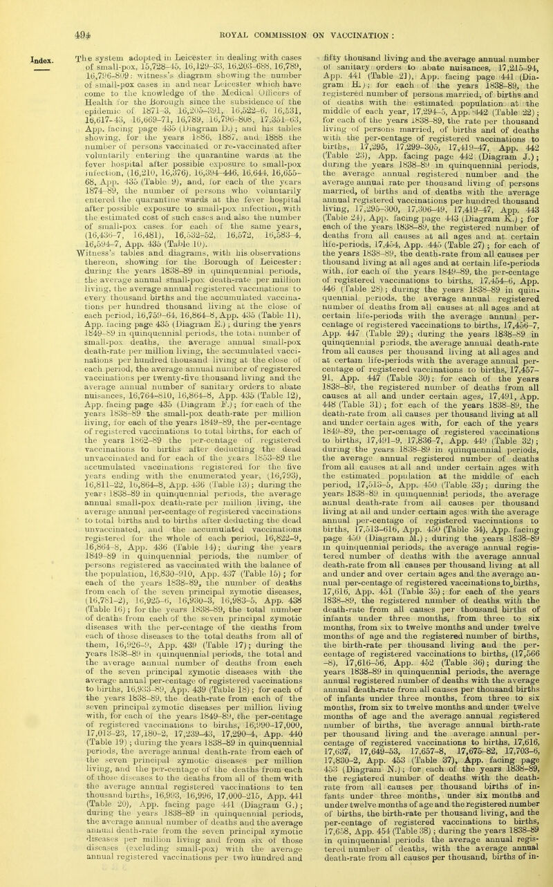 The system adopted in Leicester in dealing with cases of small-pox, 15,728-45, 16,129-33, 16,203-688,16,789, 16,796-809: witness's diagram showing the number of small-pox cases in and near Leicester which have come to the knowledge of the Medical Officers of Health tor the Uorough since the subsidence of the epidemic of 1871-3, 16,205-391, 16,522-6, 16,531, 16,617-43, 16,669-71, 16,789, 16,7;96-808, 17,351-63, App. facing page 435 (Uiagram U.j; and his tables showing, for the years 1886, 1887, and 1888 the number of persons vaccinated or re-vaccinated after voluntarily entering the quarantine wards at the fevei' hospital after possible exposure to small-pox infection, (16,210, 16,376), 16,394-446, 16,644, 16,655- 68, Apio. 435 (Table 9), and, for each of the years 1874-89, the number of persons who voluntarily entei'ed the quarantine wards at the fever hospital after possible exposure to small-pox infection, with the estimated cost of such cases and also the number of small-pox cases for each of the same years, (16,436-7, 16,481), 16,532-52, 16,572, 16,583-4, 16,594-7, App. 435 (Table 10). Witness's tables and diagrams, with his observations thereon, showing for the Borough of Leicester: during the years 1838-89 in quinquennial periods, the average annual sfnall-pox death-rate per million living, the average annual registered vaccinations to every thousand births and the accumulated vaccina- tions per hundred thousand living at the close of each period, 16,759-64, 16,864-8, App. 435 (Table 11), App. facing page 435 (Diagram E.); during the years 1849-89,in quinquennial periods, the total number of small-pox deaths, the average annual small-pox death-rate per million living, the accumulated vacci- nations per hundred thousand living at the close of each period, the average annual number of registered vaccinations per twenty-five thousand living and the average annual number of sanitai-y orders to abate nuisances, 16,764-810, 16,864-8, App. 435 (Table 12), App. facing page 435 (Diagram F.); for each of the years 1838-89 the small-pox death-rate per million living, for each of the years 1849-89, the per-centage of registered vaccinations to total births, for each of the years 1862-89 the per-centage of registered vaccinations to births aftei' deducting the dead unvaccinated and for each of the yeai's 1853-89 the accumulated vaccinations registered for the five years ending with the enumerated year, (16,793), 16,811-22, 10,864-8, App. 436 (Table 13); during the year j 1838-89 in quinquennial periods, the average annual small-pox death-rate per million living, the average annual per-centage of registered vaccinations ■ to total births and to births after deducting the dead unvaccinated, and the accumulated vaccinations registered for the whole of each period, 16,822-9, 16,864-8, App. 436 (Table 14); during the years 1849-89 in quinquennial periods, the number of persons registered as vaccinated with the balance of the population, 16,830-910, App. 437 (Table 15); for each of the years 1838-89, the number of deaths from each of the seven principal zymotic diseases, (16,781-2), 16,925-6, 16,930-3, 16,983-5, App. 438 (Table 16); for the years 1838-89, the total number of deaths from each of the seven principal zymotic diseases with the per-centage of the deaths from each of those diseases to the total deaths from all of them, 16,926-9, App. 439 (Table 17); during the years 1838-89 in quinquennial periods, the total and the average annual number of deaths from each of the seven principal zymotic diseases with the average annual per-centage of registered vaccinations to births, 16,933-89, App. 439 (Table 18); for each of the years 1838-89, the death-rate from each of the seven principal zymotic diseases per million living with, for each of the years 1849-89, the per-centage of registered vaccinations to births, 16,990-17,000, 17,013-23, 17,180-2, 17,239-43, 17,290-4, App. 440 (Table 19) ; during the years 1838-89 in quiaquennial periods, the average annual death-rate from each of the seven principal zymotic diseases per million living, and the per-centage of the deaths from each of those diseases to the deaths from all of them with the average annual registered vaccinations to ten thousand births, 16,993, 16,996, 17,000-215, App. 441 (Table 20), App. facing page 441 (Diagram Gr.); during the years 1838-89 in quinquennial periods, the average annual number of deaths and the average annual death-rate from the seven principal zymotic diseases per million living and from six of those diseases (excluding small-pox) with the average annual registered vaccinations per two hundred and fifty thousand living and the average annual number ol sanitary orders to abate nuisances, 17,215-94, App. 441 (Table 2]), App. facing page 441 (Dia- gram H.;; for each ■ of the years 1838-89, the registered number of persons married, of births and of deaths with the estimated population at the middle of each year, 17,294-5, App. ^442 (Table 22); for each of the years 1838-89, the rate per thousand living of persons married, of births and of deaths with the per-centage of registered vaccinations to births, 17,295, 17,299-305, 17,419-47, App. 442 (Table 23), App. facing page 442 (Diagram J.); during the years 1838-89 in quinquennial periods, the average annual registered number and the average annual rate per thousand living of persons married, of births and of deaths with the average annual registered vaccinations per hundred thousand living, 17,295-300, 17,306-49, 17,419-47, App. 443 (Table 24), App. facing page 443 (Diagram K.) ; for each of the years 1838-89, the registered number of deaths fi'om all causes at all ages and at- certain life-periods, 17,454, App. 445 (Table 27) ; for each of the years 1838-89, the death-rate from all causes per thousand living at all ages and at certain life-periods with, for each of the years 1849-89, the per-centage of registered vaccinations to births, 17,454-6, App. 446 (Table 28); during the years 1838-89 in quin- quennial periods, the average annual registered number of deaths from all causes at all ages and at certain life-periods with the average annual per- centage ol registered vaccinations to births, 17,456-7, App. 447 (Table 29); during the years 1838-89 in quinquennial periods, the average annual death-rate from all causes per thousand living at all ages and at certain life-periods with the average annual per- centage of registered vaccinations to births, 17,457- 91, App. 447 (Table 30); for each of the years 1838-89, the registered mimber of deaths from all causes at all and under certain ages, 17,491, App. 448 (Table 31) ; for each of the years 1838-89, the death-rate from all causes jjer thousand living at all and under certain ages with, for each of the years 1849-89, the per-centage of registered vaccinations to births, 17,491-9, 17,836-7, App. 449 (Table 32j; during the years 1838-89 in quinquennial periods, the average annual registered number of deaths from all causes at all and under certain ages with the estimated population at the middle of each period, 17,513-5, App. 450 (Table 33;; during the years 1838-89 in quinquennial periods, the average annual death-rate from all causes per thousand living at all and under certain ages with the average annual per-centage of registered vaccinations to births, 17,513-616, App. 450 (Table 34), App. facing page 450 (Diagram M.); during the years 1838-89 in quinquennial periods, the average annual regis- tered number of deaths with the average annual death-rate from all causes per thousand living at all and under and over certain ages and the average an- nual per-centage of registered vaccinations to^births, 17,616, App. 451 (Table 35); for each of the years 1838-89, the registered number of deaths, with the death-rate from all causes per thousand births of infants under three months, from three to six months, from six to twelve months and under twelve months of age and the registered number of births, the birth-rate per thousand living and the per- centage of registered vaccinations to births, (17,666 -8), 17,616-56, App. 452 (Table 36); during the years 1838-89 in quinquennial periods, the average annual registered number of deaths with the average annual death-rate from all causes per thousand births of infants under three months, from three to six months, from six to twelve months and under twelve months of age and the average annual registered number of births, the average annual birth-rate per thousand living and the average annual per- centage of registered vaccinations to births, 17,616, 17,637; 17,649-63, 17,657-8, 17,675-82, 17,703-6, 17,830-2, App. 463 (Table 37), App. facing page 453 (Diagram N.); for each of the years 1838-89, the registered number of deaths with the death- rate from all causes per thousand births of in- fants under thi^ee months, under six months and under twelve months of age and the registered number of births, the birth-rate per thousand living, and the per-centage of registered vaccinations to births, 17,658, App. 454 (Table 38); during the years 1838-89 in quinquennial periods the average annual regis- tered number of deaths, with the average annual death-rate from all causes per thousand, births of in-