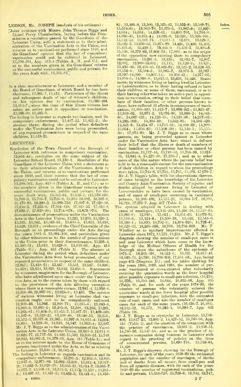 LEESON, Mr. JOSEPH (analysis of his evidence): [Joint evidence with Messrs. John Thomas Biggs and Lionel Percy Chamberlain, laying before the Com- mission a resolution passed by the Guurdians of the Leicester Union, witli a statement as to their admi- nistration of the Vaccination Acts in the Union, and returns as to s accinations performed since 181-9, and the Guardians' opinion that the law of compulsory vaccination could not be enforced in Leicester, 13,290-361, App. 113-1 (Tables A.. B., and C.); and as to the numbers given in the Guardians' returns as the successful vaccinations, public and private, for the years dealt with, 13,362-81.] Is a shoo mauufactui'er at Leicester, and a member of the Board of Guardians, of which Board he has been chairman, 13,385-7, 13,412. Particulars of the illness and subsequent death of one of witness's children, in his 0]nnion due to vaccination, 13,390-404, 13,413-7 ; since the time of this illness witness has taken an active part in opposition to vaccination, 13,388-90, 13,405-9. The feeling in Leicester as rega^rds v:iceination. and its compulsory enforcement, 13,407-12, 13,421-2; the absenco there, during the period when defaulters under the Vaccination Acts were Ijoing prosecuted, of any repeated prosecutions in respect of the same children, 13,418-21. LEICESTER: Resolution of the Town Council of the Borough of Leicester with reference to compulsory vaccination, 12,924-4a; resolution on the same subject of the Leicester School Board, 13,130-1. Resolution of the Guardians of the Leicester Union with a statement as to their administration of the Vaccination Acts in the Union, and returns as to vaccinations performed since 1849, and their opinion that the law of com- pulsory vaccination could not be enforced in Leicester, 13,290-361, App. 413-4 (Tables A., B., and C.); as to the numbers given in the Guardians' returns as the Baccessfnl vaccinations, public and ]irivate, for the years dealt with, 13,362-84, 13,620-1, (15,578-699, 15,700-3, 15,706-7, 15,726-8, 15,993-16,082, 16,107-8, 16,179-83, 16,200-2, 16,689-759, 17,007-9, 17,029-38. 17,230-3, 17,255-6, 17.364-418, 17,149-53, 17,620-9. 17,836-7. 17,839-40; 15,754-878; 15.879-973)_. The discontinuance of prosecutions under the Vaccination Acts in the Leicester Union, 13.291, 13,295. 13,320-2, 13,335, 13,342, 13,345-51; 13,603-5, 13,613, 13,616, 13.628, 13.631 ; evidence of the Chief Constable of the Borough as to proceedings under the Acts during the years 1881-6, 15,084-106, and particulars given by other witnesses as to the number of prosecutions in the Union prior to their discontinuance, 13,291-4, 13.303-51; 13,613, 13,628-9. 13,6-39-66; App. 414 (Table C.) ; App. 415 (Table 1). The absence at Leicester during the period when defaulters under the Vaccination Acts were being prosecuted, of any repeated prosecutions in respect of the same children, 12,957; 13,418-21; 13,447: 1.3,541, 13.547; 14,006; 14,058 ; 13,613, 13,629, 13,642, 13,656-8. Statements by witnesses, magistrates for the Borough of Leicester, who have adjudicated upon cases under the Vaccina- tion Acts, as to the course taken by them with regard to the provisions of the Acts allowing exemption where there is a reasonable excuse, 12,941-4,12,950-6. 12,958-66,12,987-91; 13,024-8 ; 13.433. The opinion of various witnesses living at Leicester that vac- cination ought not to be compulsorily enforced. 12,939-40, 12,946. 12,968-71 ; 13,016-6'; 13,043-8, 13,063-5,13,081-2; 13,205-6, 13,208, 13,256,13,261, 13,265-81; 13,434-5 ; 13.455-7,13,467-71; 13,499-500, 13.607-8, 13,519-21, 13,538-40, 13.548-51, 13,555; 13;572-3,13.577-9,13,-585 ; 13,997-9,14,011-4: 14,034; 14,693; 14,929-30, 14,943, 14,947, 14,953-4; 13,597. Mr. J. T. Biggs as to the administration of the Vacci- nation Acts in the Leicester Union, 13,603-5,13.611-8, 13,622-77, 13,717-53, 14,426,15,602, 15,5-38-51, 16.748, 16,022, 16,082-3, 16,379-83, App. 416 (Table 1) ; and as to the returns made to the House of Commons of persons imprisoned under the Acts, so far as relatino- to Leicester. 15,540-61, 16,082-3. The feeling in Leicester as regards vaccination and its compulsory enforcement, 13,291-5; 12,932-8 12.945. 12,947-8, 12,971-86, 12,992-13,000; 13,012-4,13.017- 20,13,022-3,13,029-39 ; 13,045-51.13,054-7.13,065-7. 13,075-7, 13,109-11. 13.11.3-5, 13,11% 13,119 ; 13,241- 8; 13,407-12, 13,421-2; 13,432-3, 13, t41-6; 13,456- O 65090. 82; 13,495-8,13,500,13,621-43, 13,552-8; 13,-669-72. Index. 13,574-86; 13.963-70, 13,973-5, 13,987-9; 13,997- 14,014; 14,034; 14,058-61; 14,693-701, 14,704-9; 14.930-46, 14.961-4; 14.995-9, 15.026; 15,095-10(); 15,142-54, 16.161-74; .-13,611-3, 13.618, 13,628-9, 13,t)32-3, 13,639-65, 13,671-89, 14,426, 15,400, 15,405, 16.421-6, 15,430-1. 15,441-9, 16,462-3, 15,49.5-8, 15,638, 16,379-83,17,866-74; 17,980 : as to the origin of the opposition now existing there to compulsory vaccination, 13.291-5, 13,318; 12,932-7, 12,967, 12,992, 12,999-13,002; 13,11.5, 13,120-3; 13.421; 13,436-40; 13,458-66,13.469-82; 13,-521-2,13,526-33, 13,-552-4; 13,-584-6; 13,965-7, 13,973-5, 13,987; 13,997-14,000, 14,007-14; 14.0-68-61; 14,377-85; 14,694-6; 14,998-9; 13,611-3, 13,639, 14,426. State- ments by witnesses living or having lived i.n Leicester or Leicestershire, as to their having refused to have their children, or some of them, vaccinated, or as to their having otherwise taken an active part in opposi- tion to vaccination, owing to their belief that mem- bers of their families, or other persons known to them, have suffered ill effects in consequence of vacci- nation, 13,388-409, 13,413-7 ; 13,888-921; 13,923-47; 13,949-62, 13,971-2, 13,976-86, 13,990-2; 14,046- 85; 14,087-121; 14,123-36; 14,139-48; 14,217-63; 14,265-303; 14,304-40; 14,342-85; 14,386-420; 14,645-8; 14,654-67; 14,713-58; 14.959-88; 14,999- 1-6,054; 16,0-56-83; (1-5.108-38); 15,140-1; 15,1.6-5- 60; 17,973-80. Mr. J. T. Biggs as to cases where parents, on being proceeded against m Leicester under the Vaccination Acts, have stated in defence their belief that the illness or death of members of their families or other persons has been caused by vaccination, 13,717-44, 13,749-53, 13,765-89, 13,824- 31, 13,841-4, 15,229-38, 17,276-7; and as to other cases of the like nature where the parents' belief was held to be a reasonable excuse for the non-vaccination of their children in regard to whom the proceedings were taken, 13,743-8, 13,752, 13,765, 16,392, 17,276-7. Mr. J. T. Eiggs's table, with his observations thereon, of cases brought to the knowledge of the Leicester and County Anti-Vaccination Society of injin-ies and deaths alleged by parents living in Leicester or Leicestershire to have been cawsed by vaccination, and of cases of small-pox occurring in vaccinated persons. 15.386-198, 16.613-21, 16,084-107, 16,886, 16,924, 17,276-7, App. 417 (Table 4). _ The system ado])ted in Leicester in dealing with eases of small-pox, 13,145-204, 13,206-30, 13.249-64, 13,283-9; 12,949; 13.021; 13,051-63. 13,078-82, 13,116-8, 13,124-8; 13,600-18, 13,-520, 13,-544-6, 13,-560-1; 14,693, 14,702-3; 14,894-920; 15,728-45, 16,129-33, 16,203-688, 16,789, 16,796-809. Mr. T Windley as to sanitary improvements effected in Leicester since 1872,13,231,13,234. Mr. J. T. Biggs's diagram showing the number of small-pox cases in and near Leicester which have come to the know- ledge of the Medical Officers of Health for the Borough since the subsidence of the epidemic of 1871-3. 16,205-391, 16,-522-6, 16,531. 16,617-43, 16.669-71, 16,789, 16,796-808, 17,3-61-63., App. facing page 436 (Diagram D.); and his tables showing for the years 1886, 1887. and 1888, the number of per- sons vaccinated or re-vaocinated after voluntarily entering the quarantine wards at the fever hospital after possible exposure to small-nox infection, (16,210, 16,376), 16,394-446, 16,644, 16,655-68, App. 435 (Table 9), and. for each of the years 1874-89, the number of persons who voluntarily entered the q'.iara.ntine wards at the fever hospital after possible exposure to small-pox infection, with the estimated cost of such cases, and also the number of small-pox cases for each of the same years, (16,436-7. 16,481). 16,-532-52, 16,572, 16,583-4, 16,594-7, App. 435 (Table 10). Mr. J. T. Biggs as to erysi^jelas in Leicester, 13,796- 806. 13,817-23, 13,861-2, 14,427-52, 14,760-96, App. 416 (Table 2), and the question of its connexion with the practice of vaccination, 13.861-2, 14,438-51, 14,760-96. 15,347-54; and as to the practice of in- surance companies doing liusiness in Leicester with regard to the granting of policies on the lives of nnvaccinated persons, 13,690-716, 13,768-64, 14,426. Mr. J. T. Biggs's diagram show'ing for the Boreugh of Leicester, for each of the years 1838-89 the estimated population and the number of marriages, of births and of deaths from all causes, from small-pox and from all zymotic diseases, with for each of the years 1849-89 the number of registered vaccinations, pub- lic and private, 15,553-720, 16,726-8. 16,742, 15,747. 3 X