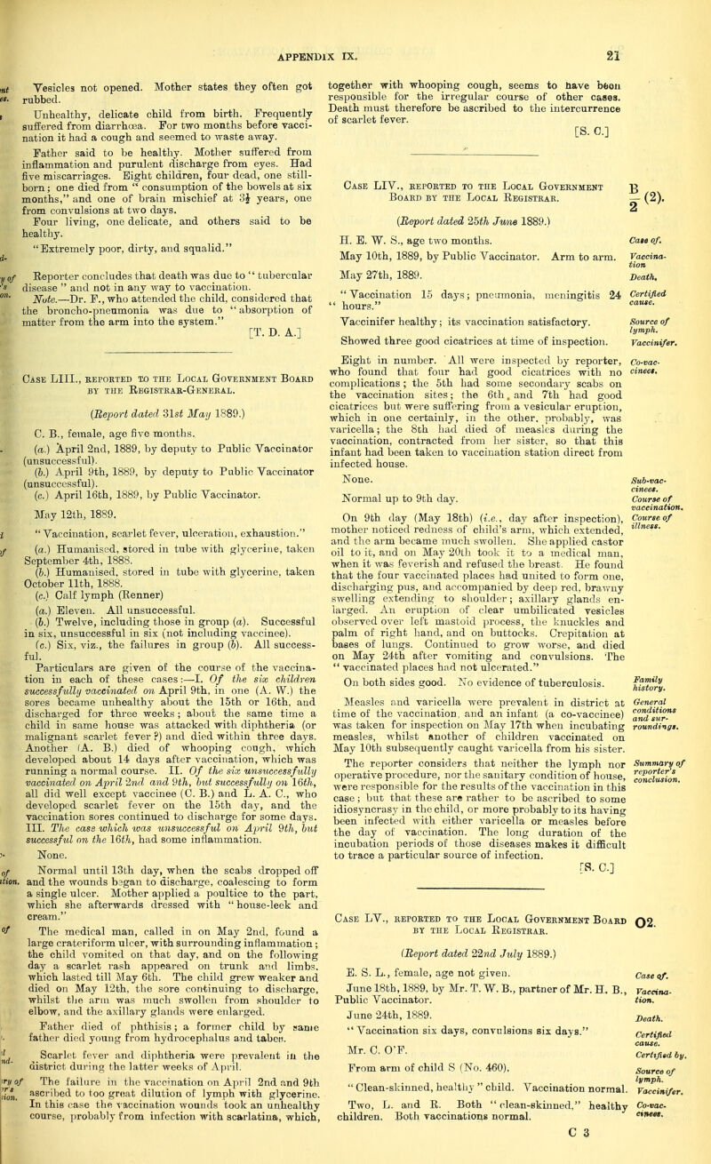 Vesicles not opened. Mother states they often got rubbed. Unhealthy, delicate child from birth. Frequently suffered from diarrhoea. For two months before vacci- nation it had a cough and seemed to waste away. Father said to be healthy. Mother suffered from inflammation and purulent discharge from eyes. Had five miscarriages. Bight children, four dead, one still- born ; one died from  consumption of the bowels at six months, and one of brain mischief at 3J years, one from convulsions at two days. Four living, one delicate, and others said to be healthy. Extremely poor, dirty, and squalid. Eeporter concludes that death was due to  tubercular disease  and not in any way to vaccination. Note.—Dr. F., who attended the child, considered that the broncho-pneumonia was due to  absorption of matter from the arm into the system. [T. D. A.] together with whooping cough, seems to Have bfeon responsible for the irregular course of other cases. Death must therefore be ascribed to the intercurrence of scarlet fever. [S. C] ■ryof rrs ■■ion. Case LIIL, reported to the Local Government Board BY THE EbGISTRAR-GeNERAL. {Report dated 31stf May 1889.) C. B., female, age five months. (a.) April 2nd, 1889, by deputy to Public Vaccinator (unsuccessful). (b.) April 9th, 1889, by deputy to Public Vaccinator (unsuccessful), (c.) April 16th, 1889, by Public Vaccinator. May 12th, 1889.  Vaccination, scarlet fever, ulceration, exhaustion. (a.) Humanised, stored in tube with glycerine, taken September 4th, 1888. (b.) Humanised, stored in tube with glycerine, taken October 11th, 1888. (c.) Calf lymph (Eenner) (a.) Eleven. All unsuccessful. (6.) Twelve, including those in group (a). Successful in six, unsuccessful in six (not including vaccinee). (a.) Six, viz., the failures in group (b). All success- ful. Particulars are given of the course of the vaccina- tion in each of these cases:—I. Of the six children successfully vaccinated on April 9th, in one (A. W.) the sores became unhealthy about the 15th or 16th, and discharged for three weeks ; about the same time a child in same house was attacked with diphtheria (or malignant scarlet fever ?) and died within three days. Another (A. B.) died of whooping cough, which developed about 14 days after vaccination, which was running a normal course. II. Of the six unsuccessfully vaccinated on April 2nd and 9th, but successfully on 16th, all did well except vaccinee (C. B.) and L. A. C, who developed scarlet fever on the 15th day, and the vaccination sores continued to discharge for some days. III. The case which was unsuccessful on April 9th, but successful on the 16th, had some inflammation. None. Normal until 13th day, when the scabs dropped off and the wounds bagan to discharge, coalescing to form a single ulcer. Mother applied a poultice to the part, which she afterwards dressed with  house-leek and cream. The medical man, called in on May 2nd, found a large crateriform ulcer, with surrounding inflammation; the child vomited on that day, and on the following day a scarlet rash appeared on trunk and limbs, which lasted till May 6th. The child grew weaker and died on May 12th, the sore continuing to discharge, whilst the arm was much swollen from shoulder to elbow, and the axillary glands were enlarged. Father died of phthisis; a former child by same father died young from hydrocephalus and tabeo. Scarlet fever and diphtheria were prevalent in the district during the latter weeks of April. The failure in the vaccination on April 2nd and 9th ascribed to too great dilution of lymph with glycerine. In this case the vaccination wounds took an unhealthy course, probably from infection with scarlatina, which, Case LIV., reported to the Local Government Board by the Local Eegistrar. (Report dated 25th Jwiie 1889.) H. E. W. S., age two months. May 10th, 1889, by Public Vaccinator. Arm to arm. May 27th, 1889. | (2). Case of. Vaccina- tion Death, Vaccination 15 days; pneumonia, meningitis 24 Certified hours. cause- Source of lymph. Vaccinifer healthy; its vaccination satisfactory. Showed three good cicatrices at time of inspection. Vaccinifer. Eight in number. All were inspected by reporter, who found that four had good cicatrices with no complications ; the 5th had some secondary scabs on the vaccination sites; the 6th, and 7th had good cicatrices but were suffering from a vesicular eruption, which in one certainly, in the other, probably, was varicella; the 8th had died of measles during the vaccination, contracted from her sister, so that this infant had been taken to vaccination station direct from infected house. None. Co-vac- cineet. Normal up to 9th day. On 9th day (May 18th) (i.e., day after inspection), mother noticed redness of child's arm, which extended, and the arm became much swollen. She applied castor oil to it, and on May 20Lh took it to a medical man, when it was feverish and refused the breast. He found that the four vaccinated places had united to form one, discharging pus, and accompanied by deep red, brawny swelling extending to shoulder; axillary glands en- larged. An eruption of clear umbilicated vesicles observed over left mastoid process, the knuckles and palm of right hand, and on buttocks. Crepitation at bases of lungs. Continued to grow worse, and died on May 24th after vomiting and convulsions. The  vaccinated places had not ulcerated. On both sides good. No evidence of tuberculosis. Measles and varicella were prevalent in district at time of the vaccination, and an infant (a co-vaccinee) was taken for inspection on May 17th when incubating measles, whilst another of children vaccinated on May 10th subsequently caught varicella from his sister. The reporter considers that neither the lymph nor operative procedure, nor the sanitary condition of house, were responsible for the results of the vaccination in this case ; but that these are rather to be ascribed to some idiosyncrasy in the child, or more probably to its having been infected with either varicella or measles before the day of vaccination. The long duration of the incubation periods of those diseases makes it difficult to trace a particular source of infection. r.a. c.] Sub-vac- cineet. Course of vaccination. Course of illness. Family history. General conditions and sur- roundings. Summary of reporter's conclusion. Case LV, reported to the Local Government Board 02 by the Local Eegistrar. (Report dated 22nd July 1889.) E. S. L., female, age not given. June 18th, 1889, by Mr. T. W. B., partner of Mr. H, B., Public Vaccinator. June 24th, 1889. Vaccination six days, convulsions six days. Mr. C. O'F. From arm of child S (No. 460).  Clean-skinned, healthy  child. Vaccination normal. Two, L. and E. Both  clean-skinned, healthy children. Both vaccinations normal. C 3 Case of. Vaccina- tion. Death. Certified cause. Certified by. Source of lymph. Vaccinifer. Co-vac-