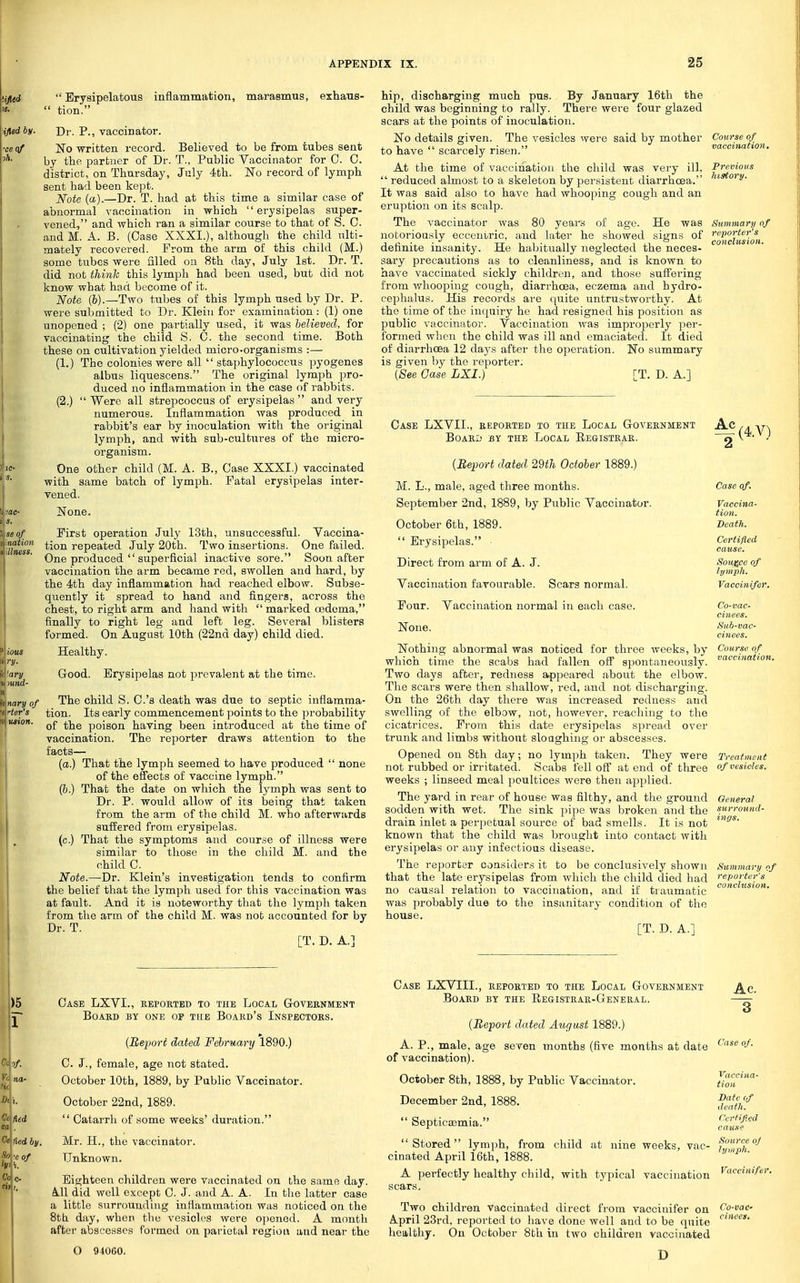  Erysipelatous inflammation, marasmus, tion. Dr. P., vaccinator. exhaus- No written record. Believed to be from tubes sent by tbe partner of Dr. T., Public Vaccinator for C. 0. district, on Thursday, July 4th. No record of lymph sent had been kept. Note (a).—Dr. T. had at this time a similar case of abnormal vaccination in which erysipelas super- vened, and which ran a similar course to that of S. C. and M. A. B. (Case XXXI.), although the child ulti- mately recovered. From the arm of this child (M.) some tubes were filled on 8th day, July 1st. Dr. T. did not thinh this lymph had been used, but did not know what had become of it. Note (b).—Two tubes of this lymph used by Dr. P. were submitted to Dr. Klein for examination: (1) one unopened ; (2) one partially used, it was believed, for vaccinating the child S. C. the second time. Both these on cultivation yielded micro-organisms :— (1.) The colonies were all  staphylococcus pyogenes albus liquescens. The original lymph pro- duced no inflammation in the case of rabbits. (2.) Were all strepcoccus of erysipelas and very numerous. Inflammation was produced in rabbit's ear by inoculation with the original lymph, and with sub-cultures of the micro- organism. One other child (M. A. B., Case XXXI.) vaccinated with same batch of lymph. Fatal erysipelas inter- vened. None. First operation July 13th, unsuccessful. Vaccina- tion repeated July 20th. Two insertions. One failed. One produced  superficial inactive sore. Soon after vaccination the arm became red, swollen and hard, by the 4th day inflammation had reached elbow. Subse- quently it spread to hand and fingers, across the chest, to right arm and hand with  marked oedema, finally to right leg and left leg. Several blisters formed. On August 10th (22nd day) child died. Healthy. Good. Erysipelas not prevalent at the time. The child S. C.'s death was due to septic inflamma- tion. Its early commencement points to the probability of the poison having been introduced at the time of vaccination. The reporter draws attention to the facts— (a.) That the lymph seemed to have produced  none of the effects of vaccine lymph. (b.) That the date on which the lymph was sent to Dr. P. would allow of its being that taken from the arm of the child M. who afterwards suffered from erysipelas, (c.) That the symptoms and course of illness were similar to those in the child M. and the child C. Note.—Dr. Klein's investigation tends to confirm the belief that the lymph used for this vaccination was at fault. And it is noteworthy that the lymph taken from the arm of the child M. was not accounted for by Dr. T. [T. D. A.] hip, discharging much pus. By January 16th the child was beginning to rally. There were four glazed scars at the points of inoculation. No details given. The vesicles were said by mother to have  scarcely risen. At the time of vaccination the child was very ill,  reduced almost to a skeleton by persistent diarrhoea. It was said also to have had whooping cough and an eruption on its scalp. The vaccinator was 80 years of age. He was notoriously eccentric, and later he showed signs of definite insanity. He habitually neglected the neces- sary precautions as to cleanliness, and is known to have vaccinated sickly children, and those suffering from whooping cough, diarrhoea, eczema and hydro- cephalus. His records are quite untrustworthy. At the time of the inquiry he had resigned his position as public vaccinator. Vaccination was improperly per- formed when the child was ill and emaciated. It died of diarrhoea 12 days after the operation. No summary is given by the reporter: (See Case LXI.) [T. D. A.] Course of vaccination. Previous history. Hummary of reporter's conclusion. Case LXVIL, reported to the Local Government Ac BOARi BY THE LOCAL REGISTRAR. —<j (Report dated 29th October 1889.) M. L., male, aged three months. September 2nd, 1889, by Public Vaccinator. October 6th, 1889.  Erysipelas. ■ Direct from arm of A. J. Vaccination favourable. Scars normal. (4.V) Four. Vaccination normal in each case. None. Nothing abnormal was noticed for three weeks, by which time the scabs had fallen off spontaneously. Two days after, redness appeared about the elbow. The scars were then shallow, red, and not discharging. On the 26th day there was increased redness and swelling of the elbow, not, however, reaching to the cicatrices. From this date erysipelas spread over trunk and limbs without sloughing or abscesses. Opened on 8th day; no lymph taken. They were not rubbed or irritated. Scabs fell off at end of three weeks ; linseed meal poultices were then applied. The yard in rear of house was filthy, and the ground sodden with wet. The sink pipe was broken and the drain inlet a perpetual source of bad smells. It is not known that the child was brought into contact with erysipelas or any infectious disease. The reporter considers it to be conclusively shown that the late erysipelas from which the child died had no causal relation to vaccination, and if traumatic was probably due to the insanitary condition of the house. [T. D. A.] Case of. Vaccina- tion. Death. Certified cause. Source of lymph. Vaccinifer. Co-vac- cinees. Sub-vac- cinees. Course of vaccination. Treatment of vesicles. General surround- ings. Summary of reporter's conclusion. Case LXVL, reported to the Local Government Board by one op the Board's Inspectors. (Report dated February 1890.) C. J., female, age not stated. October 10th, 1889, by Public Vaccinator. October 22nd, 1889. Hed  Catarrh of some weeks' duration. Hedby. Mr. H., the vaccinator. ' y °f Unknown. Eighteen children were vaccinated on the same day. Ml did well except C. J. and A. A. In the latter case a little surrounding inflammation was noticed on the 8th day, when the vesicles were opened. A month after abscesses formed on parietal region and near the O 94060. Case LXVIIL, reported to the Local Government Board by the Registrar-General. (Report dated August 1889.) A. P., male, age seven months (five months at date of vaccination). October 8th, 1888, by Public Vaccinator. December 2nd, 1888.  Septicemia. Stored lymph, from child at nine weeks, vac- cinated April 16th, 1888. A perfectly healthy child, with typical vaccination scars. Two children Vaccinated direct from vaccinifer on April 23rd, reported to have done well and to be quite healthy. On October 8th in two children vaccinated D Ac. 3 Case of. Vaccina- tion Date of death. Certified cause Source oj lymph. Vaccinifer. Co-vac- cinees.