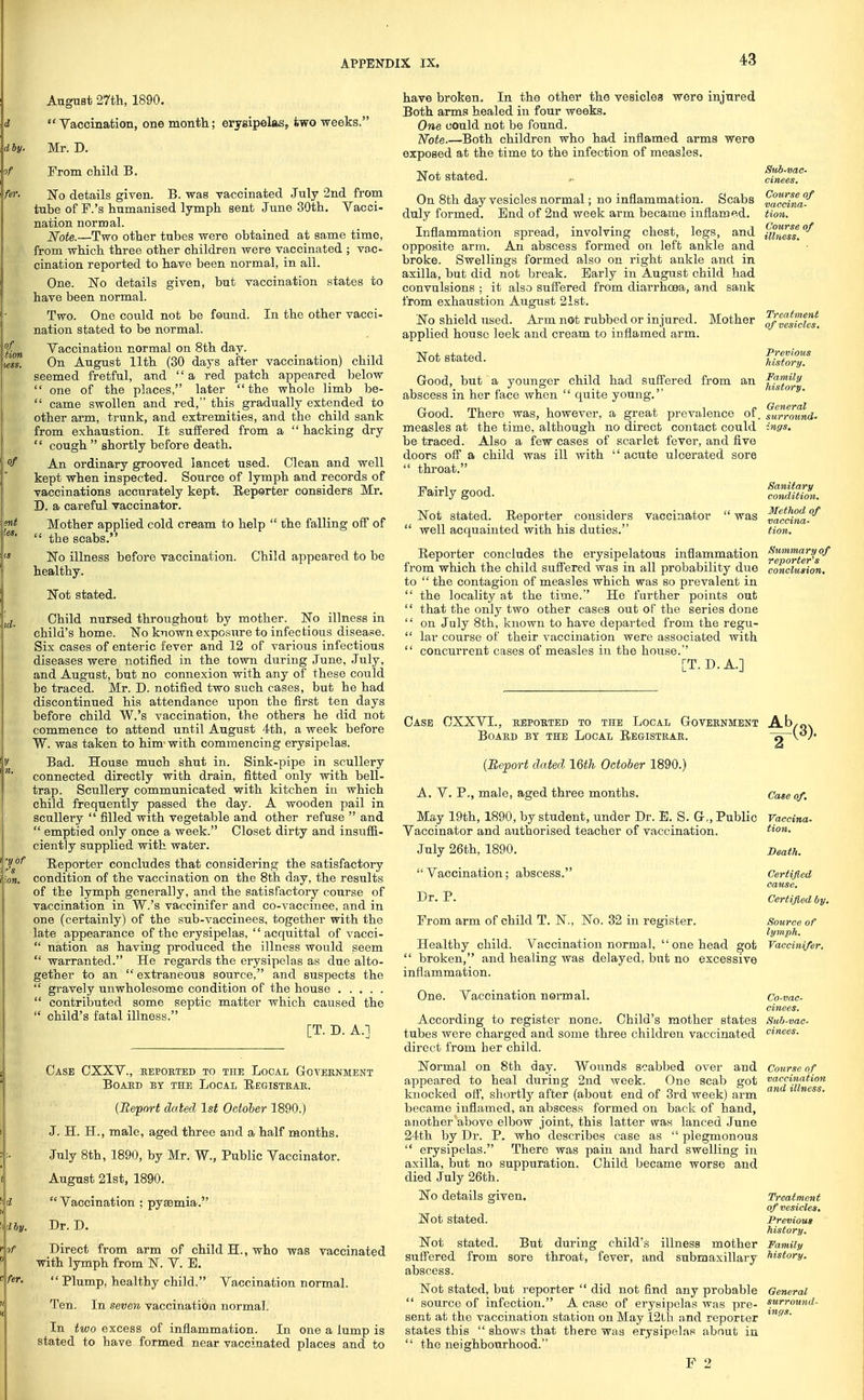 August 27th, 1890.  Vaccination, one month; erysipelas, two weeks. Mr. D. From child B. No details given. B. was vaccinated July 2nd from tube of F.'s humanised lymph sent June 30th. Vacci- nation normal. Note.—Two other tubes were obtained at same time, from which three other children were vaccinated ; vac- cination reported to have been normal, in all. One. No details given, but vaccination states to have been normal. Two. One could not be found. In the other vacci- nation stated to be normal. Vaccination normal on 8th day. On August 11th (30 days after vaccination) child seemed fretful, and a red patch appeared below  one of the places, later  the whole limb be-  came swollen and red, this gradually extended to other arm, trunk, and extremities, and the child sank from exhaustion. It suffered from a  hacking dry '' cough  shortly before death. An ordinary grooved lancet used. Clean and well kept when inspected. Source of lymph and records of vaccinations accurately kept. Reporter considers Mr. D. a careful vaccinator. Mother applied cold cream to help  the falling off of  the scabs. No illness before vaccination, healthy. Not stated. Child appeared to be Child nursed throughout by mother. No illness in child's home. No kuown exposure to infectious disease. Six cases of enteric fever and 12 of various infectious diseases were notified in the town during June, July, and August, but no connexion with any of these could be traced. Mr. D. notified two such cases, but he had discontinued his attendance upon the first ten days before child W.'s vaccination, the others he did not commence to attend until August 4th, a week before W. was taken to him' with commencing erysipelas. Bad. House much shut in. Sink-pipe in scullery connected directly with drain, fitted only with bell- trap. Scullery communicated with kitchen iu which child frequently passed the day. A wooden pail in scullery  filled with vegetable and other refuse  and  emptied only once a week. Closet dirty and insuffi. ciently supplied with water. Reporter concludes that considering the satisfactory condition of the vaccination on the 8th day, the results of the lymph generally, and the satisfactory course of vaccination in W.'s vaccinifer and co-vaccinee, and in one (certainly) of the sub-vaccinees, together with the late appearance of the erysipelas,  acquittal of vacci-  nation as having produced the illness would seem  warranted. He regards the erysipelas as due alto- gether to an  extraneous source, and suspects the  gravely unwholesome condition of the house  contributed some septic matter which caused the  child's fatal illness. [T. D. A.] Case CXXV., beported to the Local Government BOABD BY THE LOCAL REGISTRAR. (Report dated 1st October 1890.) J. H. H, male, aged three and a half months. July 8th, 1890, by Mr. W., Public Vaccinator. August 21st, 1890. Vaccination ; pyaemia. Dr. D. Direct from arm of child H., who was vaccinated with lymph from N. V. E.  Plump, healthy child. Vaccination normal. Ten. In seven vaccination normal. In two excess of inflammation. In one a lump is stated to have formed near vaccinated places and to have broken. In the other the vesicles were injured Both arms healed in four weeks. One could not be found. Note.—Both children who had inflamed arms were exposed at the time to the infection of measles. Not stated. On 8th day vesicles normal; no inflammation. Scabs duly formed. End of 2nd week arm became inflamed. Inflammation spread, involving chest, legs, and opposite arm. An abscess formed on left ankle and broke. Swellings formed also on right ankle and in axilla, but did not break. Early in August child had convulsions ; it also suffered from diarrhoea, and sank from exhaustion August 21st. No shield used. Arm not rubbed or injured. Mother applied house leek and cream to inflamed arm. Not stated. Good, but a younger child had suffered from an abscess in her face when  quite young. Good. There was, however, a great prevalence of. measles at the time, although no direct contact could be traced. Also a few cases of scarlet fever, and five doors off a child was ill with acute ulcerated sore  throat. Sub-vac- cinees. Course of vaccina- tion. Course of illness. Treatment of vesicles. Previous history. history. General surround' vaccinator  was Sanitary condition. Method of vaccina- tion. Fairly good. Not stated. Reporter considers  well acquainted with his duties. Reporter concludes the erysipelatous inflammation fm0^er^f^ from which the child suffered was in all probability due conclusion. to  the contagion of measles which was so prevalent in the locality at the time. He further points out that the only two other cases out of the series done on July 8th, known to have departed from the regu- lar course of their vaccination were associated with coucurrent cases of measles in the house. [T.D.A.] Case CXXVL, reported to the Local Government Ab,^. Board by the Local Registrar. (Report dated 16th October 1890.) A. V. P., male, aged three months. Case of. May 19th, 1890, by student, under Dr. E. S. G,, Public Vaccina Vaccinator and authorised teacher of vaccination. July 26th, 1890.  Vaccination; abscess. Dr. P. From arm of child T. N., No. 32 in register. Source of lymph. Healthy child. Vaccination normal,  one head got Vaccinifer.  broken, and healing was delayed, but no excessive inflammation. Hon. Death. Certified cause. Certified by. One. Vaccination normal. According to register none. Child's mother states tubes were charged and some three children vaccinated direct from her child. Normal on 8th day. Wounds scabbed over and appeared to heal during 2nd week. One scab got knocked off, shortly after (about end of 3rd week) arm became inflamed, an abscess formed on back of hand, another above elbow joint, this latter was lanced June 24<th by Dr. P. who describes case as  plegmonous  erysipelas. There was pain and hard swelling in axilla, but no suppuration. Child became worse and died July 26th. No details given. Not stated. Not stated. But during child's illness mother suffered from sore throat, fever, and submaxillary abscess. Not stated, but reporter  did not find any probable  source of infection. A case of erysipelas was pre- sent at the vaccination station on May 12th and reporter states this  shows that there was erysipelas about in  the neighbourhood. F 2 Co-vac- cinees. Sub-vac- cinees. Course of vaccination and illness. Treatment of vesicles. Previous history. Family history. General surround-