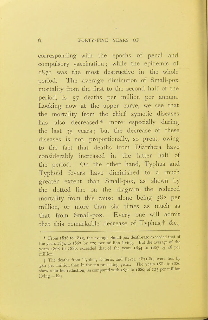 corresponding widi die epochs of penal and compulsory vaccination ; while the epidemic of 1871 was tlie most destructive in the whole period. The average diminution of Small-pox mortality from the first to the second half of the period, is 57 deaths per million per annum. Looking now at the upper curve, we see that the mortality from the chief zymotic diseases has also decreased,* more especially during the last 35 years ; but the decrease of these diseases is not, proportionally, so great, owing to the fact that deaths from Diarrhoea have considerably increased in the latter half of the period. On the other hand. Typhus and Typhoid fevers have diminished to a much greater extent than Small-pox, as shown by the dotted line on the diagram, the reduced mortality from this cause alone being 382 per million, or more than six times as much as that from Small-pox. Every one will admit that this remarkable decrease of Typhus,i' &c., * From 1838 to 1853, the average Small-pox death-rate exceeded that of the years 1854 to 1867 by 229 per million living. But the average of the years 1868 to 1886, exceeded that of the years 1854 to 1867 by 46 per million. t The deaths from Typhus, Enteric, and Fever, 1871-80, were less by 540 per million than in the ten preceding years. The years i88i to 1S86 show a furtlier reduction, as compared with 1871 to 1880, of 125 per million living. —Ed.