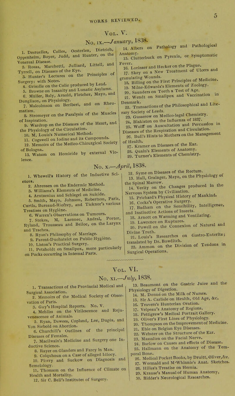of 1. Desruelles, Colics. Oesterlen, Dietrich, Oppenheitn, Boyer. Judd, and Hunter, on the Venereal Disease. 2. Rosas. Marchetti, Julliard, Littell, and Tyrrell, on Diseases of the Eye. 3. Hunter's Lectures on the Principles Surgery; with Notes. 4. GrisoUe on the Colic produced hy Lead. 5. Browne on Insanity and Lunatic Asylums. 6. MUller. Baly, Arnold, Fletcher, Mayo, and Dunglison, on Physiology. 7. Malcolmson on Beriberi, and on Rheu- , matism. , . „ & Stromeyer on the Paralysis of the Muscles of Inspiration. . 9. Wardrop on the Diseases of the Heart, and the Physiology of the Circulation. 10. M. Louis's Numerical Method. 11 Cogswell on Iodine and its Compounds. 12. Memoirs of the Medico-Chirurgical Society of Bologna. , 13. Watson on Homicide by external Vio- lence. Vol. V. No. i^.—January, 1838. 14. Albers < Anatomy. 15. Clutterbuck 16 Lorinser and Hecker on the Plague. 10. l.orin ^ Treatment of Ulcers and Pathology and Pathological Pyrexia, or Symptomatic 17. Skey on ^TS^g^lrttFirst Principles of Medicine. 19 Milne-Edwards's Elements of Zoology. 20. Saunders on Teeth a Test of Age. 21. Wendt on Smallpox and Vaccination m ''^'Trtsactionsof the Philosophical and Lite- rary Society of Leeds. 23. Gusserow on Medico-legal Chemistry. 24 Blakiston on the Influenza of 1837. 25 Wolff on Auscultation and Percussion m Diseases of the Respiration and Circulation. 26 Bull's Hints to Mothers on the Management of Health. , ». tj 27. Kramer on Diseases of the tar. 28. Quain's Elements of Anatomy. 29. Turner's Elements of Chemistry. 1. Whewell'B History of the Inductive Sci- ences. 2. Ahrensen on the Endermic Method. 3. Williams's Elements of Medicine. 4. Arntzenius and Schlegel on Suicide. 5. Smith, Mayo, Johnson, Robertson, Paris, Curtis, Bureaud-Riofrey, and Ticknor's various Treatises on Hygiine. 6. Warren's Observations on Tumours. 7. Stokes, M. Laennec, Andral, Porter, Ryland, Trousseau and Belloc, on the Larynx and Trachea. 8. Ryan's Philosophy of Marriage. 9. Parent-Duchatelet on Public Hygiene. 10. Liston's Practical Surgery. 11. Petzholdt on Smallpox, more particularly on Pocks occurring in Internal Parts. in the No. X.—April, 1838. 12 Syme on Diseases of the Rectum. 13. Hall. Grainger, Mayo, on the Physiology of the Spinal Marrow. 14. Verity on the Changes produced Nervous System by Civilization. 15. Prichard's Physical History of Mankind. 16. Cocks's Operative Surgery. 17. Badham on the Sensibility, Intelligence, and Instinctive Actions of Insects. 18. Arnott on Warming and Ventilating. 19. Lawrence on Ruptures. 20. Powell on the Connexion of Natural and Divine Truth. „ ^ 21. Louis's Researches on Gastro-Enterite; translated by Dr. Bowditch. 22. Ammon on the Division of Tendons in Surgical Operations. Vol. VI. ■ 1. Transactions of the Provincial Medical and Surgical Association. 2. Memoirs of the Medical Society of Obser- vation of Paris. 3. Guy's Hospital Reports. No. V. 4. Mehliss on the Virilescence and Reju- venescence of Animals. 5. Ryan, Dewees, Copland, Lee, Duges, and Von Siebold on Abortion. 6. Churchill's Outlines of the principal Diseases of Females. 7. Macilwain's Medicine and Surgery one In- ductive Science. 8. Rayer on Glanders and Farcy in Man. 9. Colquhoun on a Case of alleged Idiocy. 10. Pifirry and Suckow on Diagnosis and Scmeiology. 11. Thomson on the Influence of Climate on Health and Mortality. 12. Sir C. Bell's Institutes of Surgery. No. XI.—July, 1838. 13. Beaumont on the Gastric Juice and the Physiology of Digestion. 14. M. Donu6 on the Milk of Nurses. 15! Sir A. Carlisle on Health, Old Age, &c. IC. Travers's Hunterian Oration. 17. Velpeau's Anatomy of Regions. 18. Pettigrew's Medical Portrait Gallery. 19. Oliver's First Lines of Physiology. 20. Thompson on the Improvement of Medicine. 21. Eble on Belgian Eye Diseases. 22. Webster on the Structure of the Ear. 23. Massalien on the Facial Nerve. 24. Barlow on Causes and effects of Disease. 25. Kallmann on the Anatomy of the Tem- poral Bone. 26. Medical Pocket Books, by Druitt, Oliver.&c. 27. Wormald and M'Whinnie's Anat. Sketches. 28. Hilles's Treatise on Hernia. 29. Krause's Manual of Human Anatomy, 30. Bidder's Neurological Researches. s