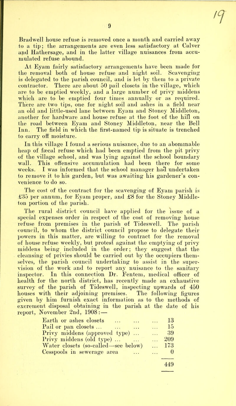 Bradwell liouse refuse is removed once a month and carried away to a tip; the arrangements are even less satisfactory at Calver and Hatliersage, and in the latter village nuisances from accu- mulated refuse abound. At Eyam fairly satisfactory arrangements have been made for the removal both of house refuse and night soil. Scavenging is delegated to the parish council, and is let by them to a private contractor. There are about 50 pail closets in the village, which are to be emptied weekly, and a large number of privy middens which are to be emptied four times annually or as required. There are two tips, one for night soil and ashes in a held near an old and little-used lane between Eyam and Stoney Middleton, another for hardware and house refuse at the foot of the hill on the road between Eyam and Stoney Middleton, near the Bell Inn. The held in which the hrst-named tip is situate is trenched to carry oh moisture. In this village I found a serious nuisance, due to an abominable heap of faecal refuse which had been emptied from the pit privy of the village school, and was lying against the school boundary wall. This offensive accumulation had been there for some weeks. I was informed that the school manager had undertaken to remove it to his garden, but was awaiting his gardener’s con- venience to do so. The cost of the contract for the scavenging of Eyam parish is T35 per annum, for Eyam proper, and £8 for the Stoney Middle- ton portion of the parish. The rural district council have applied for the issue of a special expenses order in respect of the cost of removing house refuse from premises in the parish of Tideswell. The parish council, to whom the district council propose to delegate their powers in this matter, are willing to contract for the removal of house refuse weekly, but protest against the emptying of privy middens being included in the order; they suggest that the cleansing of privies should be carried out by the occupiers them- selves, the parish council undertaking to assist in the super- vision of the work and to report any nuisance to the sanitary inspector. In this connection Dr. Eentein, medical officer of health for the north district, has recently made an exhaustive survey of the parish of Tideswell, inspecting upwards of 450 houses with their adjoining premises. The following figures given by him furnish exact information as to the methods of excrement disposal obtaining in the parish at the date of his report, November 2nd, 1908: — Earth or ashes closets ... ... ... 13 Pail or pan closets ... ... ... ... 15 Privy middens (approved type) ... ... 39 Privy middens (old type) ... ... ... 209 Water closets (so-called—see below) ... 173 Cesspools in sewerage area ... ... 0 449