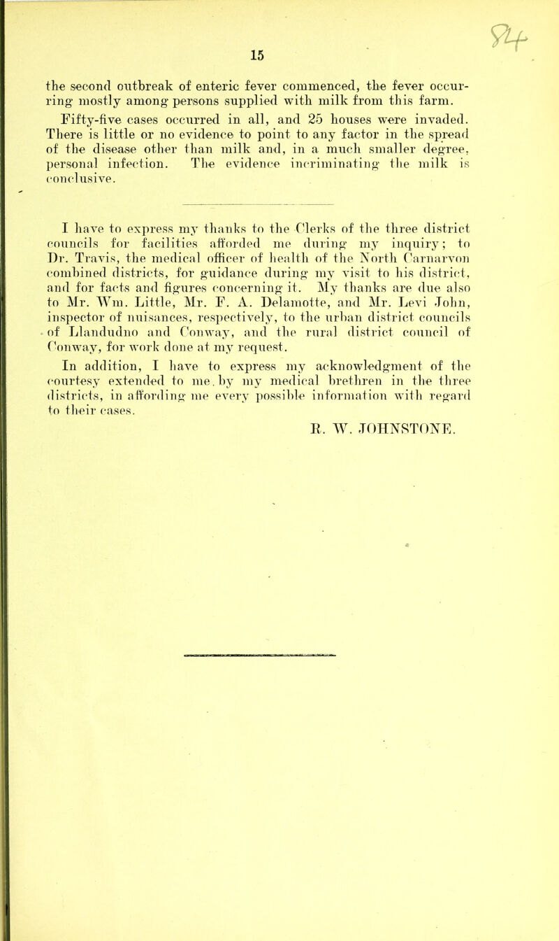 the second outbreak of enteric fever commenced, the fever occur- ring1 mostly among persons supplied with milk from this farm. Fifty-five cases occurred in all, and 25 houses were invaded. There is little or no evidence to point to any factor in the spread of the disease other than milk and, in a much smaller degree, personal infection. The evidence incriminating the milk is conclusive. I have to express my thanks to the Clerks of the three district councils for facilities afforded me during my inquiry; to Dr. Travis, the medical officer of health of the North Carnarvon combined districts, for guidance during my visit to his district, and for facts and figures concerning it. My thanks are due also to Mr. Wm. Little, Mr. F. A. Delamotte, and Mr. Levi John, inspector of nuisances, respectively, to the urban district councils of Llandudno and Conway, and the rural district council of Conway, for work done at my request. In addition, I have to express my acknowledgment of the courtesy extended to me. by my medical brethren in the three districts, in affording me every possible information with regard to their cases. R. W. JOHNSTONE.