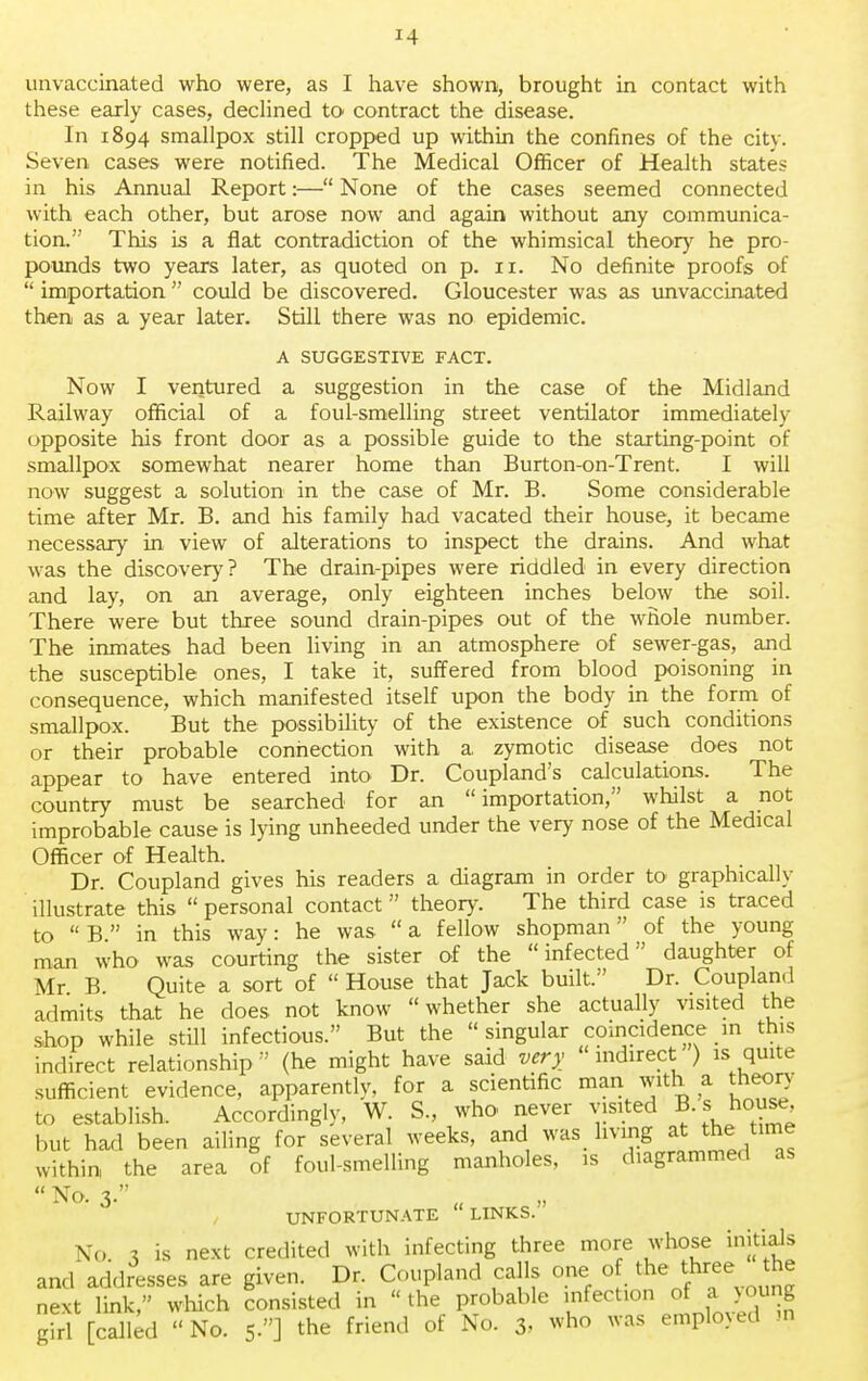 unvaccinated who were, as I have shown, brought in contact with these early cases, declined to contract the disease. In 1894 smallpox still cropped up within the confines of the city. Seven cases were notified. The Medical Officer of Health states in his Annual Report:— None of the cases seemed connected with each other, but arose now and again without any communica- tion. This is a flat contradiction of the whimsical theory he pro- pounds two years later, as quoted on p. 11. No definite proofs of  importation  could be discovered. Gloucester was as unvaccinated then as a year later. Still there was no epidemic. A SUGGESTIVE FACT. Now I ventured a suggestion in the case of the Midland Railway official of a foul-smelling street ventilator immediately opposite his front door as a possible guide to the starting-point of smallpox somewhat nearer home than Burton-on-Trent. I will now suggest a solution in the case of Mr. B. Some considerable time after Mr. B. and his family had vacated their house, it became necessary in view of alterations to inspect the drains. And what was the discovery? The drain-pipes were riddled in every direction and lay, on an average, only eighteen inches below the soil. There were but three sound drain-pipes out of the whole number. The inmates had been living in an atmosphere of sewer-gas, and the susceptible ones, I take it, suffered from blood poisoning in consequence, which manifested itself upon the body in the form of smallpox. But the possibility of the existence of such conditions or their probable connection with a, zymotic disease does not appear to have entered into Dr. Coupland's calculations. The country must be searched for an importation, whilst a not improbable cause is lying unheeded under the very nose of the Medical Officer of Health. Dr. Coupland gives his readers a diagram in order to graphically illustrate this  personal contact theory. The third case is traced to  B. in this way: he was  a fellow shopman of the young man who was courting the sister of the infected daughter of Mr B Quite a sort of  House that Jack built. Dr. Coupland admits that he does not know whether she actually visited the shop while still infectious. But the singular coincidence in this indirect relationship (he might have said very indirect ) is quite sufficient evidence, apparently, for a scientific man with a theory to establish. Accordingly, W. S., who never visited B. s house hut had been ailing for several weeks, and was living at the time within, the area of foul-smelling manholes, is diagrammed as  No. 3. „ UNFORTUNATE  LINKS. No x is next credited with infecting three more whose initials and addresses are given. Dr. Coupland calls one of the three iJj next link, which consisted in the probable infection of ajjoung girl [called No. 5.] the friend of No. 3, who was empkned 10