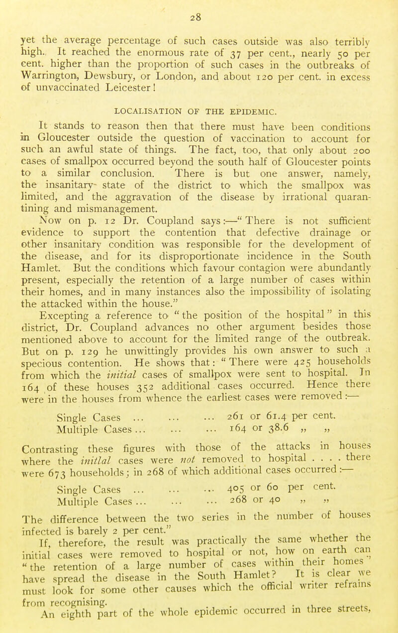 yet the average percentage of such cases outside was also terribly high., It reached the enormous rate of 37 per cent., nearly 50 per cent, higher than the proportion of such cases in the outbreaks of Warrington, Dewsbury, or London, and about 120 per cent, in excess of unvaccinated Leicester! LOCALISATION OF THE EPIDEMIC. It stands to reason then that there must have been conditions in Gloucester outside the question of vaccination to account for such an awful state of things. The fact, too, that only about 200 eases of smallpox occurred beyond the south half of Gloucester points to' a similar conclusion. There is but one answer, namely, the insanitary- state of the district to' which the smallpox was limited, and the aggravation of the disease by irrational quaran- tining and mismanagement. Now on p. 12 Dr. Coupland says:—There is not sufficient evidence to support the contention that defective drainage or other insanitary condition was responsible for the development of the disease, and for its disproportionate incidence in the South Hamlet. But the conditions which favour contagion were abundantly present, especially the retention of a large number of cases within their homes, and in many instances also' the impossibility of isolating the attacked within the house. Excepting a reference to*  the position of the hospital  in this district, Dr. Coupland advances no other argument besides those mentioned above to account for the limited range of the outbreak. But on p. 129 he unwittingly provides his own answer to such a specious contention. He shows that: There were 425 households from which the initial cases of smallpox were sent to hospital. In 164 of these houses 352 additional cases occurred. Hence there were in the houses from whence the earliest cases were removed:— Single Cases 261 or 61.4 per cent. Multiple Cases 164 or 38.6 „ „ Contrasting these figures with those of the attacks in houses where the initial cases were not removed to hospital .... there were 673 households; in 268 of which additional cases occurred :— Single Cases 405 or 60 per cent. Multiple Cases 268 or 40 The difference between the two series in the number of houses infected is barely 2 per cent. If, therefore, the result was practically the same whether the initial cases were removed to hospital or not, how on earth can the retention of a large number of cases within their homes have spread the disease in the South Hamlet? It is clear we must look for some other causes which the official writer refrains from recognising. . , An eighth part of the whole epidemic occurred in three streets,