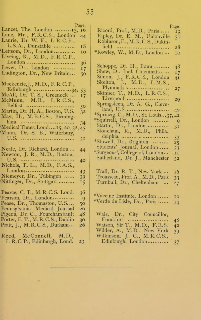 Page. Lancet, The, London 13, 16 Lane, Mr., F. R. C. S., London 44 Laurie, Dr. W. F., L.R.C.P., L.S.A., Dunstable 18 ^Lettsom, Dr., London 10 Liveing, R., M.D., F.R.C.R, London 36 Lever, Dr., London 17 Ludington, Dr., New Britain... 50 Mackenzie,]., M.D., F. R.C.P., Edinburgh 34, 53 McAU, Dr. T, S., Greenock ... 17 McMunn, M. B., L. R. C. .S., Belfast 50 Martin, Dr. H. A., 15oston, U.S. 32 May, 11., M.R.C.S., Bimiing- ham 34 'Medical Times, Lend 15, 20, 32, 45 'Munn, Dr. S. B., Waterbury, U.S 51 Neale, Dr. Richard, London... 44 Newton, T. R., M.D., Boston, U.S. ..: 40 Nichols, T. L., M.D., F.A.S., London 43 Niemeyer, Dr., Tubingen 39 'Nittinger, Dr., Stuttgart 15 Pearce, C. T., M. R. C. S. Lond. 36 'Pearson, Dr., London 9 Pease, Dr., Thomastun, U.S.... 50 Pennsylvania Medical Journal 29 Pigeon, Dr. C., Fourchamljault 48 Porter, F. T., M. R. C. S., Dublin 30 Pratt, J., M. R. C. S., Durham... 26 Reed, McConnell, M.D., L. R.C.P., Edinburgh, Lond. 23 Page. Ricord, Prof., M.D., Paris 19 Ripley, Dr. E. M., Unionville 50 Rol)inson, E., M. R.C. S., Dukin- field 28 ♦Rowley, W., M.D., London ... 10 Schoppc, Dr. II., Bonn 48 Shew, Dr. Joel, Cincinnati 17 Simon, J-, F.R.C.S., London 41 Skelton, J., M.D., L.M.S., Plymouth 27 Skinner, T., M.D., L.R.C.S., Liverpool 29 Springsteen, Dr. A. G., Cleve- land, U.S 42 *Sprinzig, C, M.D., St. Louis...37, 42 *Squirrell, Dr., London 9 Startin, Dr., London 31 Stoneham, R., M.D., Phila. '•►^Iphia 53 *.Stowell, Dr., Brighton 25 Students' Journal, London 53 ♦Surgeons', College of, London... 11 Sutherland, Dr. J., Manchester 52 Trail, Dr. R. T., New York ... 16 Trousseau, Prof. A., M. D., Paris 33 Turnbuil, Dr., Cheltenham ... 27 ♦Vaccine Institute, London 10 ♦Verde de Lisle, Dr., Paris 14 Walz, Dr., City Councillor, Frankfort 48 Watson, Sir T., M.D., F.R.S. 42 Wilder, A., M.D., New York 39 Wilkinson, J. G., M.R.C.S., Edinburgh, London 37