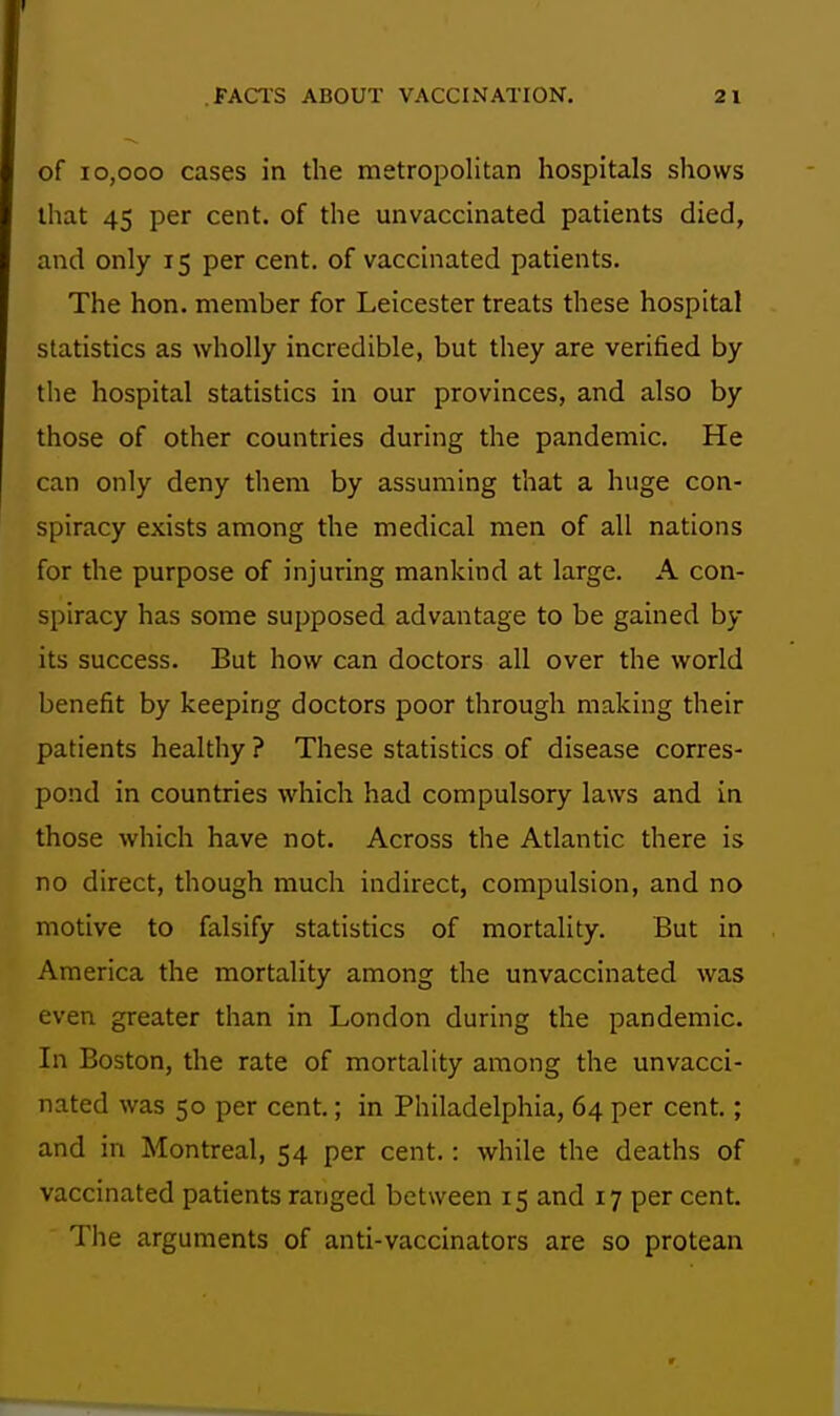 of 10,000 cases in the metropolitan hospitals shows that 45 per cent, of the unvaccinated patients died, and only 15 per cent, of vaccinated patients. The hon. member for Leicester treats these hospital statistics as wholly incredible, but they are verified by tlie hospital statistics in our provinces, and also by those of other countries during the pandemic. He can only deny them by assuming that a huge con- spiracy exists among the medical men of all nations for the purpose of injuring mankind at large. A con- spiracy has some supposed advantage to be gained by its success. But how can doctors all over the world benefit by keeping doctors poor through making their patients healthy ? These statistics of disease corres- pond in countries which had compulsory laws and in those which have not. Across the Atlantic there is no direct, though much indirect, compulsion, and no motive to falsify statistics of mortality. But in America the mortality among the unvaccinated was even greater than in London during the pandemic. In Boston, the rate of mortality among the unvacci- nated was 50 per cent.; in Philadelphia, 64 per cent.; and in Montreal, 54 per cent.: while the deaths of vaccinated patients ranged between 15 and 17 per cent. The arguments of anti-vaccinators are so protean