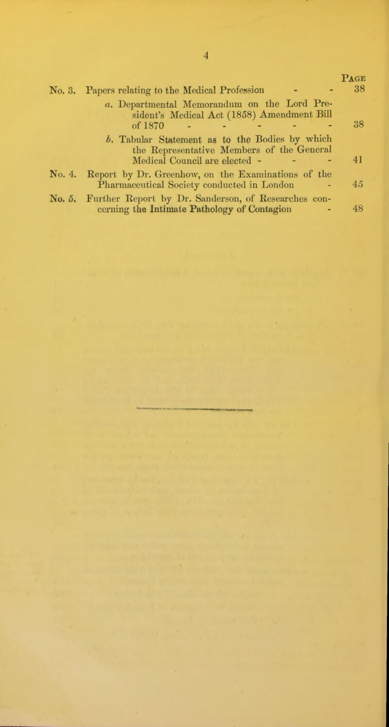 Page No. 3. Papers relating to the Medical Profession - - 38 a. Departmental Memorandum on the Lord Pre- sident's Medical Act (1858) Amendment Bill of 1870 ----- 38 b. Tabular Statement as to the Bodies by which the Representative Members of the General Medical Council are elected - - - 41 No. 4. Report by Dr. Greenhow, on the Examinations of the Pharmaceutical Society conducted in London - 45 No. 5. Further Report by Dr. Sanderson, of Researches con- cerning tho Intimate Pathology of Contagion - 48