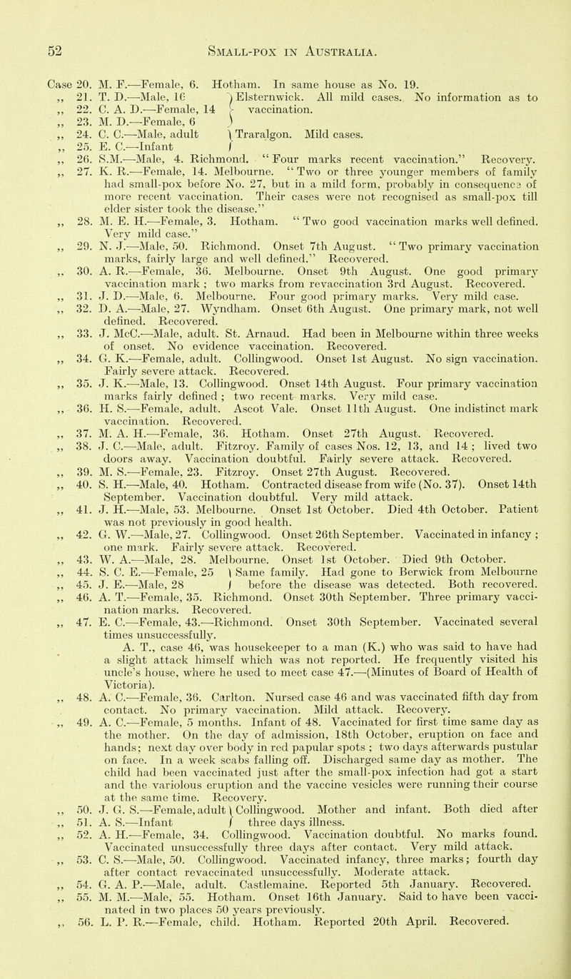 Case 20. M. F.—Female, 6. Hotham. In same house as No. 19. 21. T. D.-—^Male, IG i Elsternwick. All mild cases. No information as to 22. C. A. D.'—Female, 14 [■ vaccination, „ 23. M. D.—Female, 6 ) „ 24. C. C.—Male, adult \Traralgon. Mild cases. „ 25. E. C—Infant I „ 26. S.M.—Male, 4. Richmond.  Four marks recent vaccination. Recovery. 27. K. R.—Female, 14. Melbourne.  Two or three younger members of family had small-pox before No. 27, but in a mild form, probably in consequenc3 of more recent vaccination. Their cases were not recognised as small-pox till elder sister took the disease. „ 28. M. E. H.—Female, 3. Hotham.  Two good vaccination marks well defined. Very mild case. 29. N. J.—Male, 50. Richmond. Onset 7th August. Two primary vaccination marks, fairly large and well defined. Recovered. 30. A. R.—Female, 36. Melbourne. Onset 9th August. One good primar}^ vaccination mark ; two marks from revaccination 3rd August. Recovered. ,, 31. J. D.—Male, 6. Melbourne. Four good primary marks. Very mild case. ,, 32. D. A.—Male, 27. Wyndham. Onset 6th August. One primary mark, not well defined. Recovered. ,, 33. J. McC.—Male, adult. St. Arnaud. Had been in Melbourne within three weeks of onset. No evidence vaccination. Recovered. 34. G. K.—Female, adult. Collingwood. Onset 1st August. No sign vaccination. Fairly severe attack. Recovered. 35. J. K.—Male, 13. Collingwood. Onset 14th August. Four primary vaccination marks fairly defined ; two recent marks. Very mild case. ,, 36. H. S.—-Female, adult. Ascot Vale. Onset 11th August. One indistinct mark vaccination. Recovered. 37. M. A. H.—Female, 36. Hotham. Onset 27th August. Recovered. „ 38. J. C—Male, adult. Fitzroy. Family of cases Nos. 12, 13, and 14 ; lived two doors away. Vaccination doubtful. Fairly severe attack. Recovered. ,, 39. M. S.—Female, 23. Fitzroy. Onset 27th August. Recovered. 40. S. H.—Male, 40. Hotham. Contracted disease from wife (No. 37). Onset 14th September. Vaccination doubtful. Very mild attack. ,, 41. J. H.^—Male, 53. Melbourne. Onset 1st October. Died 4th October. Patient was not previously in good health. „ 42. G. W.—Male, 27. Collingwood. Onset 26th September. Vaccinated in infancy ; one mark. Fairly severe attack. Recovered. „ 43. W. A.—Male, 28. Melbourne. Onset 1st October. Died 9th October. ,, 44. S. C. E.—Female, 25 ^ Same family. Had gone to Berwick from Melbourne 45. J. E.—Male, 28 j before the disease was detected. Both recovered. 46. A. T.—Female, 35. Richmond. Onset 30th September. Three primary vacci- nation marks. Recovered. „ 47. E. C.—Female, 43.—Richmond. Onset 30th September. Vaccinated several times unsuccessfully. A. T., case 46, was housekeeper to a man (K.) who was said to have had a slight attack himself which was not reported. He frequently visited his uncle's house, where he used to meet case 47.—(Minutes of Board of Health of Victoria). 48. A. C.—Female, 36. Carlton. Nursed case 46 and was vaccinated fifth day from contact. No primary vaccination. Mild attack. Recovery. • „ 49. A. C—Female, 5 months. Infant of 48. Vaccinated for first time same day as the mother. On the day of admission, 18th October, eruption on face and hands; next day over body in red papular spots ; two days afterwards pustular on face. In a week scabs falling off. Discharged same day as mother. The child had been vaccinated just after the small-pox infection had got a start and the variolous eruption and the vaccine vesicles were running their course at the same time. Recovery. ,, 50. J. G. S.—Female, adult j Collingwood. Mother and infant. Both died after ,, 51. A. S.—Infant / three days illness. ,, 52. A. H.—Female, 34. Collingwood. Vaccination doubtful. No marks found. Vaccinated unsuccessfully three days after contact. Very mild attack. ,, 53. C. S.—Male, 50. Collingwood. Vaccinated infancy, three marks; fourth day after contact revaccinated unsuccessfully. Moderate attack. 54. G. A. P.—Male, adult. Castlemaine. Reported 5th January. Recovered. ,, 55. M. M.—Male, 55. Hotham. Onset 16th January. Said to have been vacci- nated in two places 50 years previously. 56. L. P. R.'—Female, child. Hotham. Reported 20th April. Recovered.