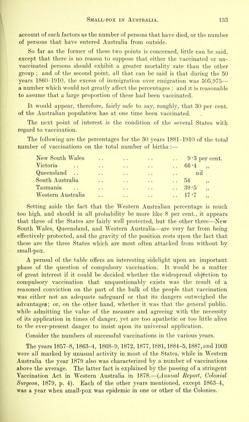 account of such factors as the number of persons that have died, or the number of persons that have entered Australia from outside. So far as the former of these two points is concerned, little can be said, except that there is no reason to suppose that either the vaccinated or un- vaccinated persons should exhibit a greater mortality rate than the other group ; and of the second point, all that can be said is that during the 50 years 1860-1910, the excess of immigration over emigration was 505,975— a number which w^ould not greatly affect the percentages ; and it is reasonable to assume that a large proportion of these had been vaccinated. It would appear, therefore, fairly safe to say, roughly, that 30 per cent, of the Australian population has at one time been vaccinated. The next point of interest is the condition of the several States with regard to vaccination. The following are the percentages for the 30 years 1881-1910 of the total number of vaccinations on the total number of births :— New South Wales .. .. .. ., 9*3 per cent. Victoria .. .. .. .. .. 66'4 „ Queensland . . .. .. .. .. nil South Australia .. . . .. .. 54 Tasmania .. .. .. .. . . 39 5 Western Australia .. .. .. .. 17 '7 ,, Setting aside the fact that the W^estern Australian percentage is much too high, and should in all probability be more like 8 per cent., it appears that three of the States are fairly well protected, but the other three—New South Wales, Queensland, and Western Australia—are very far from being effectively protected, and the gravity of the position rests upon the fact that these are the three States which are most often attacked from without by small-pox. A perusal of the table offers an interesting sidelight upon an important phase of the question of compulsory vaccination. It would be a matter of great interest if it could be decided whether the widespread objection to compulsory vaccination that unquestionably exists was the result of a reasoned conviction on the part of the bulk of the people that vaccination was either not an adequate safeguard or that its dangers outweighed the advantages; or, on the other hand, whether it was that the general public, while admitting the value of the measure and agreeing with the necessity of its application in times of danger, yet are too apathetic or too little alive to the ever-present danger to insist upon its universal application. Consider the numbers of successful vaccinations in the various years. The years 1857-8, 1863-4, 1868-9, 1872, 1877,1881,1884-5,1887, and 1903 were all marked by unusual activity in most of the States, while in Western Australia the year 1879 also was characterized by a number of vaccinations above the average. The latter fact is explained by the passing of a stringent Vaccination Act in Western Australia in 1878.—{Annual Report, Colonial Surgeon, 1879, p. 4). Each of the other years mentioned, except 1863-4, was a year when small-pox was epidemic in one or other of the Colonies.