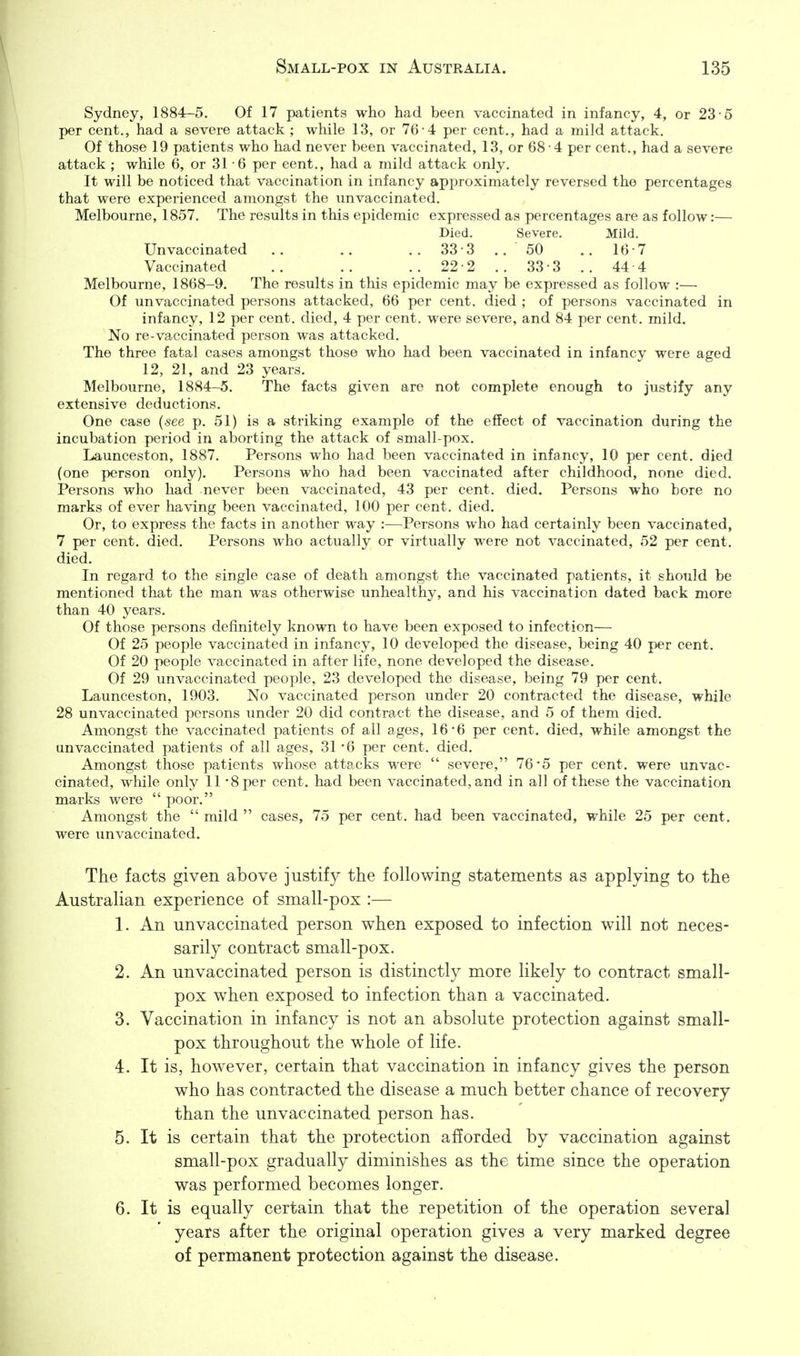 Sydney, 1884-5. Of 17 patients who had been vaccinated in infancy, 4, or 23-5 per cent., had a severe attack ; while 13, or 76 4 per cent., had a mild attack. Of those 19 patients who had never been vaccinated, 13, or 68 4 per cent., had a severe attack ; while 6, or 31-6 per cent., had a mild attack only. It will be noticed that vaccination in infancy approximately reversed the percentages that were experienced amongst the unvaccinated. Melbourne, 1857. The results in this epidemic expressed as percentages are as follow:— Died. Severe. Mild. Unvaccinated .. .. .. 33 3 .. 50 ..16-7 Vaccinated . . .. .. 22 2 .. 33-3 .. 44 ■ 4 Melbourne, 1868-9. The results in this epidemic may be expressed as follow :— Of unvaccinated persons attacked, 66 per cent, died ; of persons vaccinated in infancy, 12 per cent, died, 4 per cent, were severe, and 84 per cent. mild. No re-vaccinated person was attacked. The three fatal cases amongst those who had been vaccinated in infancy were aged 12, 21, and 23 years. Melbourne, 1884-5. The facts given are not complete enough to justify any extensive deductions. One case {see p. 51) is a striking example of the effect of vaccination during the incubation period in aborting the attack of small-pox. Launceston, 1887. Persons who had been vaccinated in infancy, 10 per cent, died (one j)erson only). Persons who had been vaccinated after childhood, none died. Persons who had never been vaccinated, 43 per cent. died. Persons who bore no marks of ever having been vaccinated, 100 per cent. died. Or, to express the facts in another way :—Persons who had certainly been vaccinated, 7 per cent. died. Persons who actually or virtually were not vaccinated, 52 per cent, died. In regard to the single case of death amongst the vaccinated patients, it should be mentioned that the man was otherwise unhealthy, and his vaccination dated back more than 40 years. Of those persons definitely known to have been exposed to infection— Of 25 people vaccinated in infancy, 10 developed the disease, being 40 per cent. Of 20 people vaccinated in after life, none developed the disease. Of 29 unvaccinated people, 23 developed the disease, being 79 per cent. Launceston, 1903. No vaccinated person under 20 contracted the disease, while 28 unvaccinated persons under 20 did contract the disease, and 5 of them died. Amongst the vaccinated patients of all ages, 16*6 per cent, died, while amongst the unvaccinated patients of all ages, 31 6 per cent. died. Amongst those patients whose atta^cks were  severe, 76*5 per cent, were unvac- cinated, while only 11 8 per cent, had been vaccinated, and in all of these the vaccination marks were  poor. Amongst the  mild  cases, 75 per cent, had been vaccinated, while 25 per cent, were unvaccinated. The facts given above justify the following statements as applying to the Australian experience of small-pox :— 1. An unvaccinated person when exposed to infection will not neces- sarily contract small-pox. 2. An unvaccinated person is distinctly more likely to contract small- pox when exposed to infection than a vaccinated. 3. Vaccination in infancy is not an absolute protection against small- pox throughout the whole of life. 4. It is, however, certain that vaccination in infancy gives the person who has contracted the disease a much better chance of recovery than the unvaccinated person has. 5. It is certain that the protection afforded by vaccination against small-pox gradually diminishes as the time since the operation was performed becomes longer. 6. It is equally certain that the repetition of the operation several years after the original operation gives a very marked degree of permanent protection against the disease.