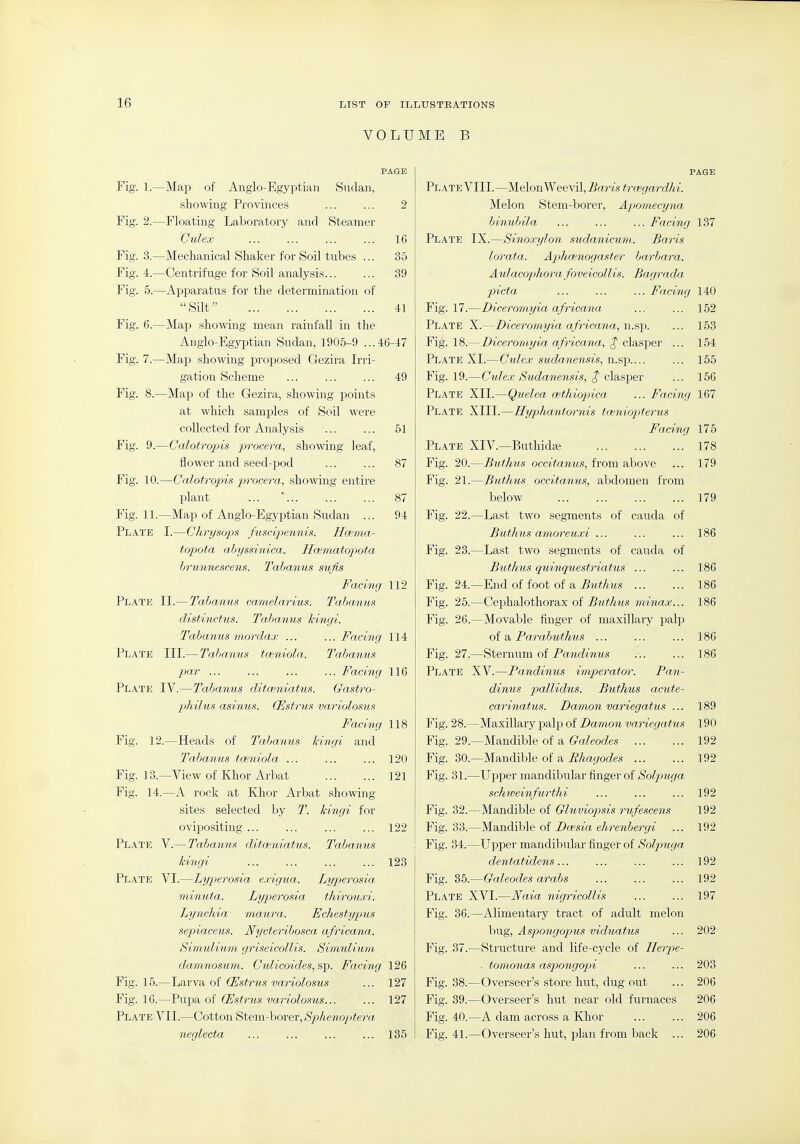 VOLUME B PAGE Fig. 1.—Map of Anglo-Egyptian Sudan, showing Provinces ... ... 2 Fig. 2.—Floating Laboratory and Steamer Culex ... ... ... ... 16 Fig. 3.—Mechanical Shaker for Soil tubes ... 35 Fig. 4.—Centrifuge for Soil analysis 39 Fig. 5.—Apparatus for the determination of Silt 41 Fig. 6.—Maj) showing mean rainfall in the Anglo-Egyptian Sudan, 1905-9 ...46-47 Fig. 7.—Map showing proposed Gezira Ini- gation Scheme 49 Fig. 8.—Map of the Gezira, showing points at which samples of Soil were collected for Analysis 51 Fig. 9.—Calotrojns j^^ocera, showing leaf, flower and seed-pod 87 Fig. 10.—Calotropis procera, showing entire plant ... ■... ... ... 87 Fig. 11.—Map of Anglo-Egyptian Sudan ... 94 Plate I.—Chrysaps fiiscipennis. Hcema- topota abyssinica. Hcematopota brunnescens. Tabanus sufis Facing 112 Plate II.—Tabanus camelarius. Tabanus distinctus. Tabanus Jcingi. Tabanus mordax Fa,cing 114 Plate III.—Tabanus twniola,. Tabanus par Facing 116 Plate IV.—Tabanus ditoeniatus. Gastro- jihilus asinus. (Fstrus variolosus Facing 118 Fig. 12.—Heads of Tabanus hingi and Tabanus twniola ... ... ... 120 Fig. 13.—View of Khor Arbat 121 Fig. 14.—A rock at Khor Arbat showing sites selected by T. hingi for ovipositing 122 Plate V.—Tabanus ditoiniatus. Tabanus hingi ... ... ... ... 123 Plate VI.—Lyperosia exigua. Lyi^erosia minuta. Lyperosia thirouxi. Lynchia maura. Echestyjms sepiaceus. Nycteribosca africana. Simulium griseicollis. Simidiu/ni damnosum. Culicoides,S]). Facing 126 Fig. 15.—Larva of (Estrus variolosus ... 127 Fig. 16.—Pupa of QSstrus variolosus 127 Plate VII.—Cotton f^i&m-hovev^Sjohenoptera neglecta ... 135 PAGE Plate VIII.—MelonWeevil, Baris troegardhi. Melon Stem-borer, Apomecynxi binubila Facing 137 Plate IX.—Sinoxylon sudanicu/m. Baris lorata. Aphcenogaster barbara. Aulacophora foveicollis. Bagrada picta ... ... ... Facing 140 Fig. 17.—Diceromyia africana ... ... 152 Plate X.—Diceromyia africana, tx.s\). ... 153 Fig. 18.—Diceromyia africana, ^ clasper ... 154 Plate XL—Culex sudanensis, n.sp.... ... 155 Fig. 19.—Culex Sudanensis, $ clasper ... 156 Plate XII.—Quelea aethiopica ... Facing 167 Plate XIII.—Hyphantornis tceniopiterus Facing lib Plate XIV.~Buthida3 178 Fig. 20.—BtUhus occitanus, from above ... 179 Fig. 21.—Buthus occitanus, abdomen from below 179 Fig. 22.—Last two segments of cauda of Buthus amoreuxi ... ... ... 186 Fig. 23.—Last two segments of cauda of Buthus quinquestriatus ... ... 186 Fig. 24.—End of foot of a Buthus 186 Fig. 25.—Cej^halothorax of Buthus minax... 186 Fig. 26.—Movable finger of maxillary palp of a Parabuthus ... ... ... 186 Fig. 27.—Sternum of Fandinus 186 Plate XV.—Fandinus invperator. Fan- dinus pallidus. Buthus acute- carinatus. Damon variegatus ... 189 Fig. 28.—Maxillary palp of Damon variegatus 190 Fig. 29.—Mandible of a Galeodes 192 Fig. 30.—Mandible of a Rhagodes 192 Fig. 31.—Upper mandibular finger of 8olp>uga schweinfurthi ... 192 Fig. 32.—Mandible of Gluvio23sis rufescens 192 Fig. 33.—Ma,ndih\e of Dcesia ehrenbe7-gi ... 192 Fig. 34.—Upper mandibular finger of Soljmga dentatidens... ... 192 Fig. 35.—Galeodes arabs 192 Plate XVI.—JVaia nigricollis 197 Fig. 36.—Alimentary tract of adult melon bug, As2)ongopus viduatus ... 202 Fig. 37.—Structure and life-cycle of Herpe- ■ tomonas dspongopi 203 Fig. 38.—Overseer's store hut, dug out ... 206 Fig. 39.—Overseer's hut near old furnaces 206 Fig. 40.—A dam across a Khor 206 Fig. 41.—Overseer's hut, plan from back ... 206