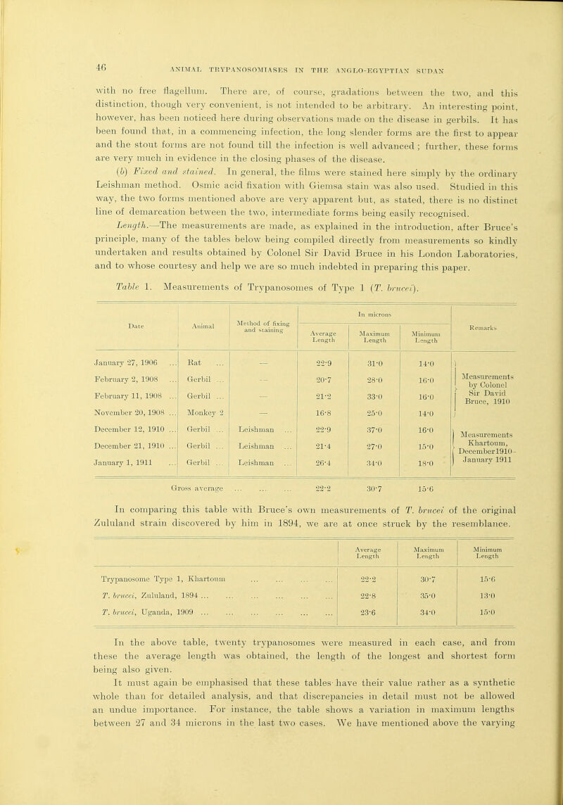with no free flagelliiiii. There are, of course, gradations between the two, and this distinction, though very convenient, is not intended to be arbitrary. An interesting point, however, has been noticed here during observations made on the disease in gerbils. It has been found that, in a commencing infection, the long slender forms are the first to appear and the stout forms are not found till the infection is well advanced ; further, these forms are very much in evidence in the closing phases of the disease. (&) Fixed and stained. In general, the films were stained here simply by the ordinary Leishman method. Osmic acid fixation with Giemsa stain was also used. Studied in this way, the two forms mentioned above are very apparent but, as stated, there is no distinct line of demarcation between the two, intermediate forms being easily recognised. Length.—The measurements are made, as explained in the introduction, after Bruce's principle, many of the tables below being compiled directly from measurements so kindly undertaken and results obtained by Colonel Sir David Bruce in his London Laboratories, and to whose courtesy and help we are so much indebted in preparing this paper. TaUe 1. Measurements of Trypanosomes of Type 1 {T. brucei). Method of fixing and staining In microns Date Animal .'\verage Length Maximum Length Minimum Length Remark.s January 27, 1906 ... February 2, 1908 ... February 11, 1908 ... November 20, 1908 ... December 12, 1910 ... December 21, 1910 ... January 1, 1911 Rat Gerbil ... Gerbil ... Monkey 2 Gerbil ... Gerbil ... Gerbil ... Leishman Leishman Leishman 22-9 20- 7 21- 2 16'8 22- 9 21-4 26-4 31-0 28-0 33- 0 25'0 37-0 27-0 34- 0 14-0 16-0 1(3-0 14- 0 16-0 15- 0 18-0 1 Measurements ' by Colonel 1 Sir David Bruce, 1910 J Measurements 1 Khartoum, 1 Decemberl910- January 1911 Gross average 22-2 30-7 15-6 In comparing this table with Bruce's own measurements of T. brucei of the original Zululand strain discovered by him in 1894, we are at once struck by the resemblance. Average Maximum Minimum Length Length Length Trypanosome Type 1, Khartoum 22-2 30-7 15-G T. brucei, Zululand, 1894 22-8 .35-0 13-0 T. brucei, Uganda, 1909 23-6 34-0 15-0 In the above table, tw-enty trypanosomes were measured in each case, and from these the average length was obtained, the length of the longest and shortest form being also given. It must again be emphasised that these tables- have their value rather as a synthetic whole than for detailed analysis, and that discrepancies in detail must not be allowed an undue importance. For instance, the table shows a variation in maximum lengths between 27 and 34 microns in the last two cases. We have mentioned above the varying