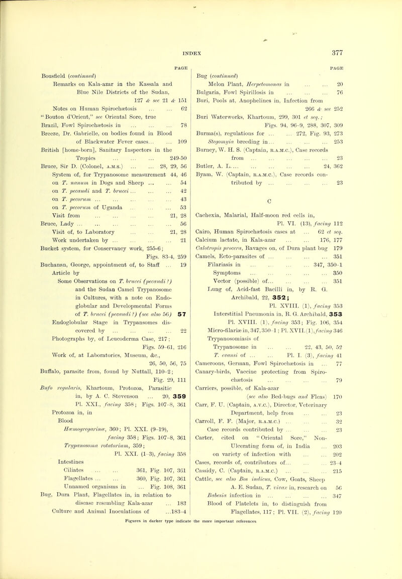 PAGE Bousfleld (continued) Remarks on Kala-azar in the Kassala and Blue Nile Districts of the Sudan, 127 <{■ sec 21 <(■ 151 Notes on Human Spirochsetosis ... ... 62  Bouton d'Orient, see Oriental Sore, true Brazil, Fowl Spirochetosis in ... ... ... 78 Breeze, Dr. Gabrielle, on bodies found in Blood of Blackwater Fever cases... ... 109 I British [home-born]. Sanitary Inspectors in the Tropics ... ... ... 249-50 Bruce, Sir D. (Colonel, a.m.s.) 28, 29, 66 System of, for Trypanosome measurement 44, 46 on T. nanum in Dogs and Sheep ... ... 54 on T. pecaudi and T. brucei ... ... ... 42 on 7'. pecorum ... ... ... ... ... 43 on T. pecorum of Uganda ... ... ... 53 Visit from 21, 28 Bruce, Lady ... ... ... 56 Visit of, to Laboratory ... ... 21, 28 Work undertaken by ... 21 Bucket system, for Conservancy work, 255-6; Figs. 83-4, 259 Buchanan, George, appointment of, to StafE ... 19 Article by Some Observations on T. brucei (pecaudi ?) and the Sudan Camel Trypanosome in Cultures, with a note on Endo- globular and Developmental Forms of T. brucei (pecaudi?) (see also 56) 57 Endoglobular Stage in Trypansomes dis- covered by ... ... ... ... 22 Photographs by, of Leucoderma Case, 217; Figs. 59-61, 216 Work of, at Laboratories, Museum, &c., 26, 50, 56, 75 Buffalo, parasite from, found by Nuttall, 110-2; Fig. 29, 111 Bufo rcgularis, Khartoum, Protozoa, Parasitic in, by A. C. Stevenson ... 20, 359 PI. XXL, facing 358; Figs. 107-8, 361 Protozoa in, in Blood Uemiogregarince, 360; PL XXL (9-19), facing 358; Figs. 107-8, 361 Tri/paitosoiua rotatoriu/n, 359; PL XXI. (1-3), facing 358 Intestines Ciliates 361, Fig. 107, 3G1 Flagellates 360, Fig. 107, 361 Unnamed organisms in ... Fig. 108, 361 Bug, Dura Plant, Flagellates in, in relation to disease resembling Kala-azar ... 183 Culture and Animal Inoculations of ...183-4 PAGE Bug (continued) Melon Plant, Herpetornmia.s in ... ... 20 Bulgaria, Fowl Spirillosis in ... ... ... 76 Buri, Pools at, Anophelines iu. Infection from 266 ,.C' see 252 Buri Waterworks, Khartoum, 299, 301 et seq.; Figs. 94, 96-9, 288, 307, 309 Burma(s), regulations for ... ... 272, Fig. 93, 273 Sfegomgia. breeding in... ... ... ... 253 Burney, W. H. S. (Captain, r.a.m.c). Case records from ... ... ... ... ... 23 Butler, A. L 24, 362 Byam, W. (Captain, b.a.m.c). Case records con- tributed by 23 C Cachexia, Malarial, Half-moon red cells in, PI. VI. (13), facing 112 Cairo, Human Spirochaetosis cases at ... 62 ct seq. Calcium lactate, in Kala-azar ... ... 176, 177 Calotropis proccra, Ravages on, of Dura plant bug 179 Camels, Bcto-parasites of ... ... ... ... 351 Filariasis in 347, 350-1 Symptoms ... ... 350 Vector (possible) of... ... ... ... 351 Ijung of. Acid-fast Bacilli in, by R. G. Archibald, 22, 352; PL XVIII. (1), facing 353 Interstitial Pneumonia in, R. G.Archibald, 353 PL XVIII. (1), facing 353; Fig. 106, .354 Micro-filarice in, 347,350-1; PL ^Yll.{l),fncivg 346 Trypanosomiasis of Trypanosome in ... ... 22, 43, 50, 52 T. evansi of PL I. (3), facing 41 Cameroons, German, Fowl SiairochsEtosis in ... 77 Canary-birds, Vaccine jwotecting from Sjjiro- chsetosis ... ... ... ... 79 Carriers, possible, of Kala-azar [see also Bed-bugs and Pleas) 170 Carr, P. U. (Captain, a.v.c). Director, Veterinary Department, help from ... ... 23 Carroll, P. P. (Major, b.a.m.c.) 32 Case records contributed by 23 Carter, cited on  Oriental Sore, Non- Ulcerating form of, in India ... 203 on variety of infection with ... ... 202 Cases, records of, contributors of... ... ... 23-4 Cassidy, C. (Captain, e.a.m.c.) ... 215 Cattle, see also Bos indicus, Cow, Goats, Sheep A. E. Sudan, 7'. viva.x in, research on 56 Babesia infection in ... ... ... ... 347 Blood of Platelets in, to distinguish from Flagellates, 117 ; PL VII. (2), facing 120