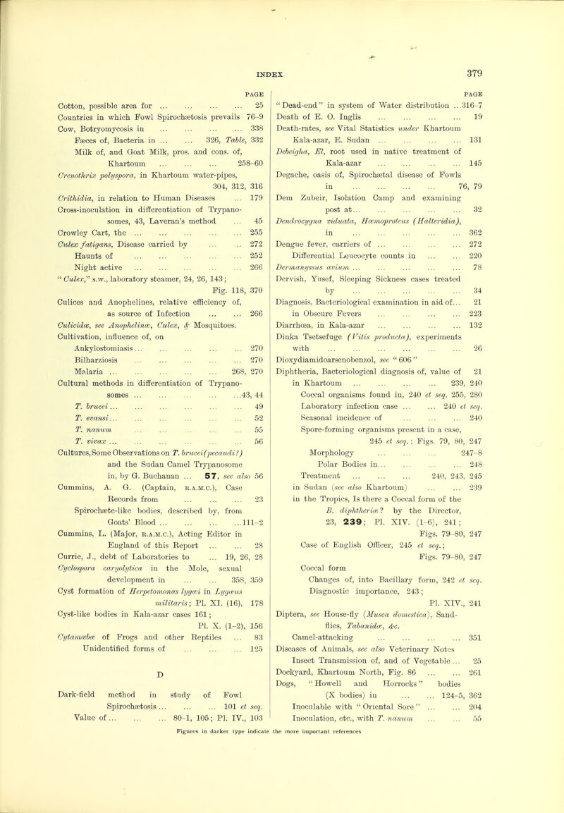 PAGE Cotton, possible area for ... ... ... ... 25 Coantries in which Fowl Spirochistosis prevails 76-9 Cow, Botryomycosis in ... ... ... ... 338 Fisces of, Bacteria in 326, Table, 332 Milk of, and Goat Milk, jDros. and cons, of, Khartoum 258-60 Crenothrix polyspora, in Khartoum water-pipes, 304, 312, .316 Grithidia, in relation to Human Diseases ... 179 Cross-inoculation in differentiation of Trypano- somes, 43, Laveran's method ... 45 Crowley Cart, the 255 Culex fatigans, Disease carried by ... ... 272 Haunts of 252 Night active 266  Culex, S.W., laboratory steamer, 24, 26, 143; Fig. 118, 370 Culices and Anophelines, relative efficiency of, as source of Infection ... ... 266 Oulieidce, see Anophelince, Culex, iSf Mosquitoes. Cultivation, influence of, on Ankylostomiasis... ... ... ... ... 270 Bilharziosis 270 Malaria 268, 270 Cultural methods in differentiation of Trypano- somes ... ... ... ... ...43, 44 T. brueei... ... ... ... ... ... 49 T. evansi... ... ... ... ... ... 52 T. nanum ... ... ... ... ... 55 T. vivax ... ... ... ... ... ... 56 Cultures,Some Observations on T. brucei(pecaudi?) and the Sudan Camel Trypanosome in, by G. Buchanan ... 57, .sec also 56 Cummins, A. G. (Captain, e.a.m.c), Case Records from ... 23 Spirochsete-like bodies, descriljed by, from Goats' Blood 111-2 Cummins, L. (Major, b.a.m.c), Acting Editor in England of this Report 28 Currie, J., debt of Laboratories to ... 19, 26, 28 Cyclospora carijolytica in the Mole, sexual development in ... ... 358, 359 Cyst formation of Herpetomonas lygmi in Lygccus militaris; PL XI. (16), 178 Cyst-like bodies in Kala-azar cases 161; PI. X. (1-2), 156 Cytammbce of Frogs and other Reptiles ... 83 Unidentified forms of ... 125 D Dark-field method in study of Fowl Spirochaetosis 101 ct seq. Value of 80-1, 105; PI. IV., 103 PAGE Dead-end in system of Water di.stribution ...316-7 Death of E. O. Inglis 19 Death-rates, see Vital Statistics under Khartoum Kala-azar, E. Sudan ... ... 131 Dcbeigha, El, root used in native treatment of Kala-azar ... ... ... ... 145 Degache, oasis of, Spirochsetal disease of Fowls in 76, 79 Dem Zubeir, Isolation Camp and examining post at ... 32 Derulroeygna viduata, Hmnioprotcus (Halteridia), in 362 Dengue fever, carriers of ... ... ... ... 272 Differential Leucocyte counts in ... ... 220 Dermanyssus avium... ... ... ... ... 78 Dervish, Yusef, Sleeping Sickness eases treated by 34 Diagnosis, Bacteriological examination in aid of... 21 in Obscure Fevers ... ... ... ... 223 Diarrhoea, in Kala-azar ... ... ... ... 132 Dinka Tsetsefuge (Vitis producta), experiments with 26 Dioxydiamidoarsenobenzol, see  606  Diphtheria, Bacteriological diagnosis of, value of 21 in Khartoum 239, 240 Coccal organisms found in, 240 et seq. 255, 280 Laboratory infection case ... ... 240 et seq. Seasonal incidence of ... ... ... 240 Spore-forming organisms present in a case, 245 ct seq. : Figs. 79, 80, 247 Morphology 247-8 Polar Bodies in 248 Treatment 240, 243, 245 in Sudan {see also Khartoum) ... ... 239 in the Tropics, Is there a Coccal form of the B. diphtherim ? by the Director, 23, 239; PI. XIV. (1-6), 241; Figs. 79-80, 247 Case of English Officer, 245 et seq.; Pigs. 79-80, 247 Coccal form Changes of, into Bacillary form, 242 ct seq. Diagnostic importance, 243; PI. XIV., 241 Diptera, see House-fly {Musea doincstica), Sand- flies, Tabanidce, (kc. Camel-attacking ... ... 351 Diseases of Animals, see also Veterinary Notes Insect Transmission of, and of Vegetable ... 25 Dockyard, Khartoum North, Pig. 86 261 Dogs,  Howell and Horrocks bodies (X bodies) in 124-5, 362 Inoculable with  Oriental Sore  204 Inoculation, etc., with T. nanum ... ... 55