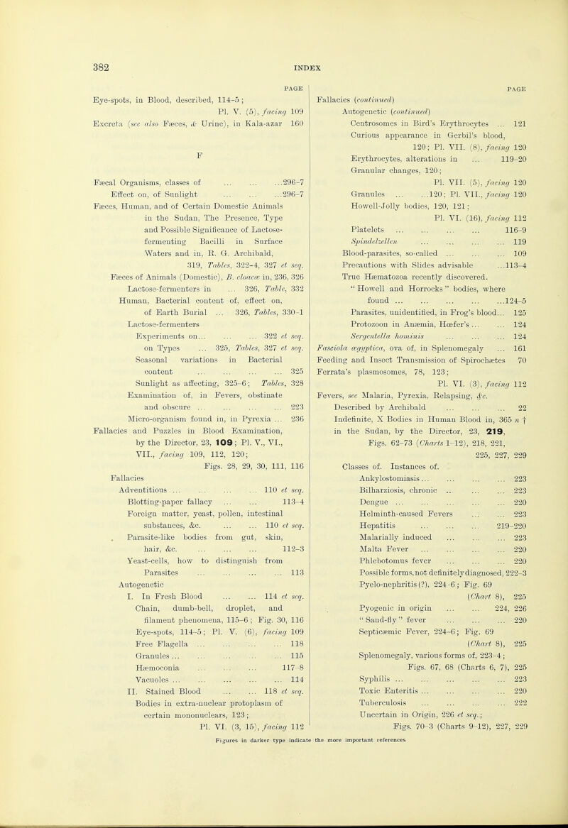 PAGE Eye-spots, in Blood, described, 114-5 ; PI. V. (5), facing 109 Excreta {sea also Piseces, <£■ Urine), in Kala-azar 160 E Frecal Organisms, classes of 296-7 Effect on, of Sunlight 296-7 Faeces, Human, and of Certain Domestic Animals in the Sudan, The Presence, Type and Possible Significance of Lactose- fermenting Bacilli in Surface Waters and in, R. G. Archibald, 319, Tables, 322-4, 327 et seq. Faeces of Animals (Domestic), £. cloaece in, 236, 326 Lactose-fermenters in ... 326, Table, 332 Human, Bacterial content of, effect on, of Earth Burial ... 326, Tables, 330-1 Lactose-fermenters Experiments on 322 et seq. on Types ... 325, Tables, 327 et seq. Seasonal variations in Bacterial content ... 325 Sunlight as affecting, 325-6; Tables, 328 Examination of, in Fevers, obstinate and obscure ... ... ... ... 223 Micro-organism found in, in Pyrexia ... 236 Fallacies and Puzzles in Blood Examination, by the Director, 23, 109; PL V., VI., VII., facing 109, 112, 120; Figs. 28, 29, 30, 111, 116 Fallacies Adventitious ... ... ... ... 110 et seq. Blotting-paper fallacy ... ... 113-4 Foreign matter, yeast, pollen, intestinal substances, &c. ... ... 110 et seq. Parasite-like bodies from gut, skin, hair, &c 112-3 Yeast-cells, how to distinguish from Parasites ... ... 113 Autogenetic I. In Fresh Blood 114 et seq. Chain, dumb-bell, droplet, and filament phenomena, 115-6 ; Fig. 30, 116 Eye-spots, 114-5; PI. V. (6), facing 109 Free Flagella 118 Granules ' 115 Haemoconia 117-8 Vacuoles 114 II. Stained Blood 118 et seq. Bodies in extra-nuclear protoplasm of certain mononuclears, 123; PI. VI. (3, 15), facing 112 PAGE Fallacies (continued) Autogenetic (continued) Centrosomes in Bird's Erythrocytes ... 121 Curious appearance in Gerbil's blood, 120 ; PI. VII. (8), facing 120 Erythrocytes, alterations in ... 119-20 Granular changes, 120; PL VII. (5), facing 120 Granules 120; PL Nil., facing 120 Howell-JoUy bodies, 120, 121; PL VI. (16), facing 112 Platelets 116-9 Hpitvlelzellen ... ... ... ... 119 Blood-parasites, so-called ... ... ... 109 Precautions with Slides advisable ...113-4 True Hsematozoa recently discovered.  Howell and Horrocks  bodies, where found ... ... ... ... ...124-0 Parasites, unidentified, in Frog's blood... 125 Protozoon in Antemia, Hoefer's... ... 124 Sergentella hominis ... ... ... 124 Fasciola cegyptica, ova of, in Splenomegaly ... 161 Feeding and Insect Transmission of Spirochsetes 70 Ferrata's plasmosomes, 78, 123; PL VI. (3), facing 112 Fevers, see Malaria, Pyrexia, Relapsing, cf-c. Described by Archibald ... ... ... 22 Indefinite, X Bodies in Human Blood in, 365 n f in the Sudan, by the Director, 23, 219, Figs. 62-73 {Charts 1-12), 218, 221, 225, 227, 229 Classes of. Instances of. Ankylostomiasis 223 Bilharziosis, chronic ... ... ... 223 Dengue 220 Helminth-caused Fevers 223 Hepatitis 219-220 Malarially induced 223 Malta Fever 220 Phlebotomus fever ... ... ... 220 Possible forms,not definitely diagnosed, 222-3 Pyelo-nephritis(?), 224-6; Fig. 69 (Chart 8), 225 Pyogenic in origin 224, 226  Sand-fly fever 220 Septicgemic Fever, 224-6; Fig. 69 (Chart 8), 226 Splenomegaly, various forms of, 223-4 ; Figs. 67, 68 (Charts 6, 7), 225 Syphilis 223 Toxic Enteritis 220 Tuberculosis ... ... ... ... 222 Uncertain in Origin, 226 et seq.; Figs. 70-3 (Charts 9-12), 227, 229