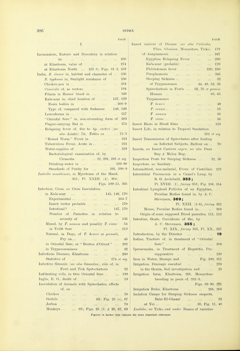 Incinerators, Enteric and Dysentery in relation to 280 at Khartoum, value of ... ... ... 274 at Khartoum North ... 257-8 ; Pigs. 81-2, 259 India, B. doaccc in, habitat and character of ... 236 B. typhosus in, Sunlight resistance of ... 250 Chicken-pox in ... ... ... ... ... 254 GimicidoB of, as vectors ... ... ... 184 Filaria in Horses' blood in ... 349 Kala-azar in, chief location of ... 127, 129 Bosin bodies in ... ... ... ...208-9 Type of, compared with Sudanese 148, 149 Leucoderma in ... ... ... ... ... 217  Oriental Sore in, non-ulcerating form of 203 Plague-carrying Eat in ... ... ... 274 Relapsing fever of, due to Sp. cartcri {see also Asiatic) 74; Tables on ... 72-3  Bound Worm  Fever in 223 Tuberculous Fever, Acute in 222 Water-supplies of ... ... ... ... 319 Bacteriological examination of, by Glemesha 22, 291, 293 et seq. Drinking-water in ... ... ... 289-90 Standards of Purity for 291, 298-9 Indiclla somaliensis, in Mycetoma of the Hand, 365; PI. XXIII. (4), 364; Figs. 109-11, 366 Infection, Cross, see Cross Inoculation in Kala-azar ... ... ... 145, 146, 170 Experimental ... ... ... ... 164-7 Insect vector probable ... ... ... 170 Intestinal? 147, 170 Number of Parasites in relation to severity of Mixed, by T. nanuni and possibly T. vivax in Veldt Sore Natural, in Dogs, of T. brucei or pecaudi, Pry on... in Oriental Sore, or  Bouton d'Orient ... in Trypanosomiases Infectious Diseases, Khartoum Statistics of 274 et seq. Infective Granule {see also Granules), role of, in Fowl and Tick Spirochsetosis Infiltrating cells, iu true Oriental Sore ... Inglis, B. O., death of Inoculation of Animals with Spirochsetes, effects of, on Chicken 70 Gerbils 68; Fig. 25 (o), 67 Jerboa 70 Monkeys 69; Figs. 25 (6) cf- 26, 67, 69 PAGE Insect carriers of Disease {sec also Culicidce, Flies, Glossinoa, Mosquitoes, Ticks), 179 of Anaplasmosis ... .. ... ... 347 Egyptian Relapsing Fever 280 136 54 213 45 202 42 280 22 199 19 170 220, 280 345 32 44, 49, 62, 56 22, 76 et passim 63, 65 49 52 56 56 110 Kala-azar (probable) Phlebotomus fever Piroplasmosis Sleeping Sickness ... of Trypanosomes Spirochastosis in Fowls Human ... Trypanosomes T. brucei T. evansi... T. nanum T. vivax ... Insect Hairs in Blood films Insect Life, in relation to Tropical Sanitation 252 et seq. Insect Transmission of Spirochsetes after feeding on Infected Subjects, Balfour on ... 70 Insects, see Insect Carriers supra, see also Dura Bug 4~ Melon Bug. Inspection Posts for Sleeping Sickness ... 32, 36 Inspectors, see Sanitary. Intermittent, non-malarial. Fever, of Castellani 223 Interstitial Pneumonia in a Camel's Lung, by R. G. Archibald, 353 ; PI. XVIII. {1), facing 353; Fig. 106, 354 Intestinal Lymphoid Follicles of an Egyptian, Peculiar Bodies found in, by A. C. Stevenson, 369 ; PI. XXII. (2-6), facing 362 Mouse, Peculiar Bodies found in 369 Origin of some sup]30sed Blood parasites. 111, 112 Intestine, Goats, Coccidiosis of the, by A. C. Stevenson, 355 ; PI. XIX., facing 355, PI. XX., 357 Introduction, by the Director ... ... ... 19 Iodine, Tincture of, in treatment of  Oriental Sore 204 Ipecacuanha, in Treatment of Hepatitis, Pre- suppurative ... ... ... ... 220 Iron in Water, Storage and ... Fig. 100, 311 Irrigation, Drainage essential ... ... ... 270 in the Gezira, Soil investigation and ... 25 Irrigation farm, Khartoum, 266, Mosquitoes breeding in pools of, 252-3; Pigs. 89-90, 271 Irrigation Rules, Khartoum ... ... 266, 268 Isolation Camps for Sleeping Sickness suspects, Bahr-El-Ghazal 32 at Yei 38, Fig. 11, 40 Ixodida:, see Ticks, and under Names of varieties