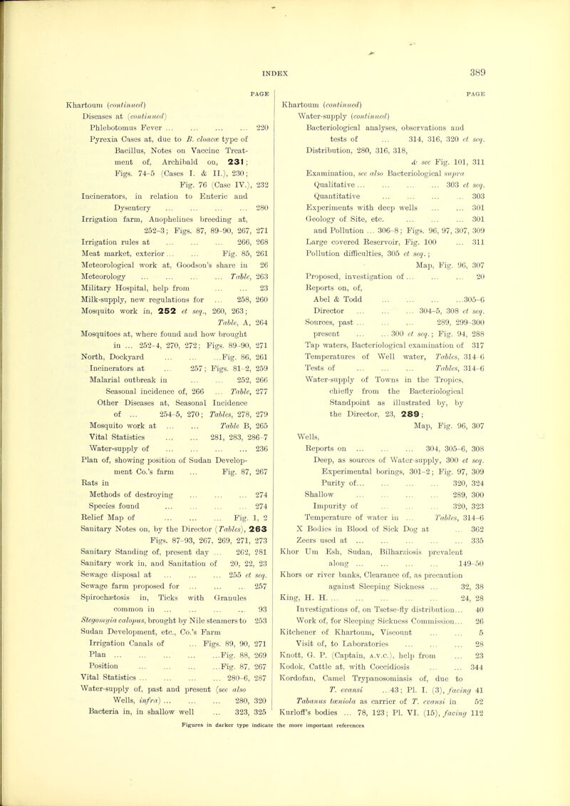 PAGE Khartoum (rnntinucil) Diseases at (cont/'ii ucd) Phlebotomus Fever ... 2'20 Pyrexia Cases at, due to £. cloacae type of Bacillus, Notes on Vaccine Treat- ment of, Archibald on, 231 ; Pigs. 74-5 (Cases I. & II.), 230; Pig. 76 (Case IV.), 232 Incinerators, in relation to Enteric and Dysentery ... ... ... ... 280 Irrigation farm, Anopbelines breeding at, 252-3; Pigs. 87, 89-90, 267, 271 Irrigation rules at 266, 268 Meat market, exterior... ... Pig. 85, 261 Meteorological work at, Goodson's share in 26 Meteorology Tnlle, 263 Military Hospital, heli3 from ... ... 23 Milk-supply, new regulations for ... 258, 260 Mosquito work in, 252 et. seq., 260, 263; Table, A, 264 Mosquitoes at, where found and how brought in ... 252-4, 270, 272: Pigs. 89-90, 271 North, Dockyard Fig. 86, 261 Incinerators at ... 257; Pigs. 81-2, 259 Malarial outbreak in 252, 266 Seasonal incidence of, 266 ... Table, 277 Other Diseases at. Seasonal Incidence of ... 254-5, 270; Tables, 278, 279 Mosquito work at 'Table B, 265 Vital Statistics 281, 283, 286-7 Water-supply of 236 Plan of, showing position of Sudan Develoj)- ment Co.'s farm ... Pig. 87, 267 Rats in Methods of destroying ... 274 Species found ... ... ... ... 274 Relief Map of Fig. 1, 2 Sanitary Notes on, by the Director (Tables), 263 Figs. 87-93, 267, 269, 271, 273 Sanitary Standing of, present day ... 262, 281 Sanitary work iu, and Sanitation of 20, 22, 23 Sewage disposal at ... 255 et seq. Sewage farm proposed for ... ... ... 257 Spirochetosis in. Ticks with Granules common iu ... ... ... ... 93 Stegomyia calopus, brought l)y Nile steamers to 253 Sudan Development, etc., Co.'s Farm Irrigation Canals of ... Figs. 89, 90, 271 Plan Fig. 88, 269 Position Pig. 87, 267 Vital Statistics 280-6, 287 Water-supply of, past and present [see also Wells, infra) 280, 320 Bacteria in, in shallow well ... 323, 325 PAGE Khartoum (continued) Watcr-suj^ply (con tinned) Bacteriological analyses, observations and tests of ... 314, 316, 320 et seq. Distribution, 280, 316, 318, d.' sec Fig. 101, 311 Examination, see also Bacteriological sv.pra Qualitative 303 et seq. Quantitative ... ... ... ... 303 Experiments with deep wells ... ... 301 Geology of Site, etc. ... ... ... 301 and Pollution ... 306-8; Figs. 96, 97, 307, 309 Large covered Reservoir, Fig. 100 ... 311 Pollution difficulties, 305 et seq.; Map, Fig. 96, 307 Proposed, investigation of ... ... ... 20 Reports on, of, Abel & Todd 305-6 Director 304-5, -308 et seq. Sources, past 289, 299-300 present 300 seq. ; Fig. 94, 288 Tap waters. Bacteriological examination of 317 Temperatures of Well water, 2'ables, 314-6 Tests of Tables, 314-0 Water-supply of Towns in the Tropics, chiefly from the Bacteriological Standpoint as illustrated by, by the Director, 23, 289; Map, Pig. 96, 307 Wells, Reports on 304, 305-6, 308 Deep, as sources of Water-supply, 300 et seq. Experimental borings, 301-2; Pig. 97, 309 Purity of 320, 324 Shallow 289, 300 Impurity of 320, 323 Temperature of water in ... Tables, 314-6 X Bodies in Blood of Sick Dog at ... 362 Zeers used at ... ... ... ... ... 335 Khor Um Esh, Sudan, Bilharziosis prevalent along 149-50 Khors or river banks. Clearance of, as precaution against Sleeping Sickness ... 32, 38 King, H. H 24, 28 Investigations of, on Tsetse-fly distribution... 40 Work of, for Sleeping Sickness Commission... 26 Kitchener of Khartoum, Viscount ... ... 5 Visit of, to Laboratories ... 28 Knott, G. P. (Captain, a.v.c), help from ... 23 Kodok, Cattle at, with Coccidiosis ... ... 344 Kordofan, Camel Trypanosomiasis of, due to T. evansi ...43; PI. I. (2), facing 41 Tabanus tteniola as carrier of T. evansi in 52 Kurloff's bodies ... 78, 123; PI. VI. (lb), facing 112