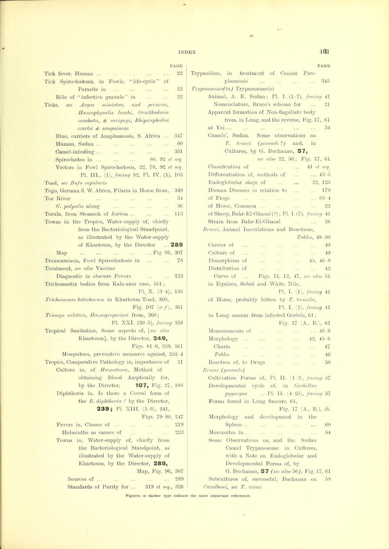 PAGE Tick fever, Huimui ... ... ... ... ... 22 Tick Spirochaetosis, in Fowls,  life-cycle of Parasite iu ... ... ... ... 22 Role of infective granule in ... ... 22 Ticks, sec Argas iiiiniatus, and pcrsiciis, Hcmiaphysalis leachi, Ornithodoros moicbata, <k savignyi, Rhipicephalus evertsi db sanguineus Blue, carriers of Auaplasmosis, S. Africa ... 347 Human, Sudan ... ... ... ... ... 80 Camel-infesting ... ... ... ... ... 351 Spirocheetes in 80, 92 ct seq. Vectors in Fowl Spirochaitosis, 22, 78, 92 et seq^ PL III., (1), facing 82, PL IV. (1), 103 Toad, sec Bafo rogularis Togo, German S. W. Africa, Pilaria in Horse from, 349 Tor River ... ... ... ... ... ... 34 Ct. palpalis along ... ... ... ... 36 Torula, from Stomach of Jerboa 113 Towns iu the Tropics, Water-supply of, chiefly from the Bacteriological Standpoint, as illustrated by the Water-supply of Khartoum, by the Director ... 289 Map Fig 96, 307 Transcaucasia, Fowl Spirochaetosis in 78 Treatment, see also Vaccine Diagnostic iu obscure Fevers ... ... 223 Trichomastix bodies from Kala-azar case, IGl; Pl._ X. (3-4), 15G Triclioiiumm batcclwraiii in Khartoum Toad, 360, Fig. 107 («-/■), 361 Triomjx iiilotiea, Ha;inogrcga)'imc from, 360; PL XXI. (20-5), facing 358 Tropical Sanitation, Some aspects of, \_scc also Khartoum], hj the Director, 249, Figs. 81-6, 259, 261 Mosquitoes, preventive measures against, 252-4 Tropics, Comparative Pathology in, importance of 21 Culture in, of Hcemntozoa, Method of obtaining Blood Aseptically for, by the Director, 107, Fig. 27, 108 Diphtheria in. Is there a Coccal form of the B. diphthxriie '! by the Director, 239; PL XIII. (1-6), 241, Figs. 79-80, 247 Fevers iu. Classes of ... 219 Helminths as causes of ... ... ... 223 Towns iu. Water-supply of, chiefly from the Bacteriological Standpoint, as illustrated by the Water-supply of Khartoum, by the Director, 289, Map, Fig. 96, 307 Sources of ... ... ... ... ... 289 Standards of Purity for ... 319 ct saj., 326 Figures in darker type indicate till PAGE Trypauliluc, in treatment of Canine Piro- plasmosis ... ... ... ... 345 Trijpa)wsoiiia(ta) Trypanosomc(s) Animal, A. E. Sudan; PL I. (1-7), facing 41 Nomenclature, Bruce's scheme for ... 21 Apparent formation of Non-flagellate body from, iu Lung, and the reverse, Fig. 17, 61 at Yei 34 Camels', Sudan. Some observations on T. hnicci (pccaudil) and, in Cultures, by G. Buchanan, 57, sec alsu 22, 56; Fig. 17, 61 Classitication of ... ... ... 41 ct seq Differentiation of, methods of ... ... 43-5 Endoglobular stage of ... ... 22, 125 Human Diseases in relation to ... ... 179 of Frogs 83-4 of Horse, Common ... ... ... ... 22 of Sheep, Bahr-El-Ghazal (?); PL I. (7), facing 41 Strain from Bahr-El-Ghazal ... ... 26 Briicei, Animal Inoculations and Reactions, Tables, 48-50 Carrier of ... ... ... ... ... 49 Culture of ... ... ... ... ... 49 Dimorphism of ... ... ... 45, 46-8 Distribution of ... ... ... ... 42 Curve of ... Figs. 11, 12, 47, sec alsu 51 iu Equiues, Sobat and White Nile, PL I. (1), facing 41 of Horse, probably bitten hy T. taniola, PL I. (2), facing 41 in Lung smears from infected Gerbils, 61; Pig. 17 (A., B.), 61 Measurements of ... ... ... ... 46-8 Morphology ... ... ... ... 42, 4.5-8 Charts 47 Tables 46 Reaction of, to Drugs ... ... ... 50 Brmei (pccaudi) Cultivation Forms of, PL II. (1-3), facing 57 Developmental cycle of, iu Gerbillns jrggargus ... PL II. (4-26), facing 57 Forms found in Lung Smears, 61, Fig. 17 (A., B.), ib. Morpihology and development iu the Spleen ... ... ... ... ... 60 Merozoites in... ... ... ... ... 84 Some Observations on, and the Sudan Camel Trypanosome in Cultures, with a Note on Endoglobular and Developmental Forms of, by G. Buchanan, 57 (see also 56); Fig. 17, 61 Subcultures of, successful, Buchauan on 58 Cazalboui, see T. vivax