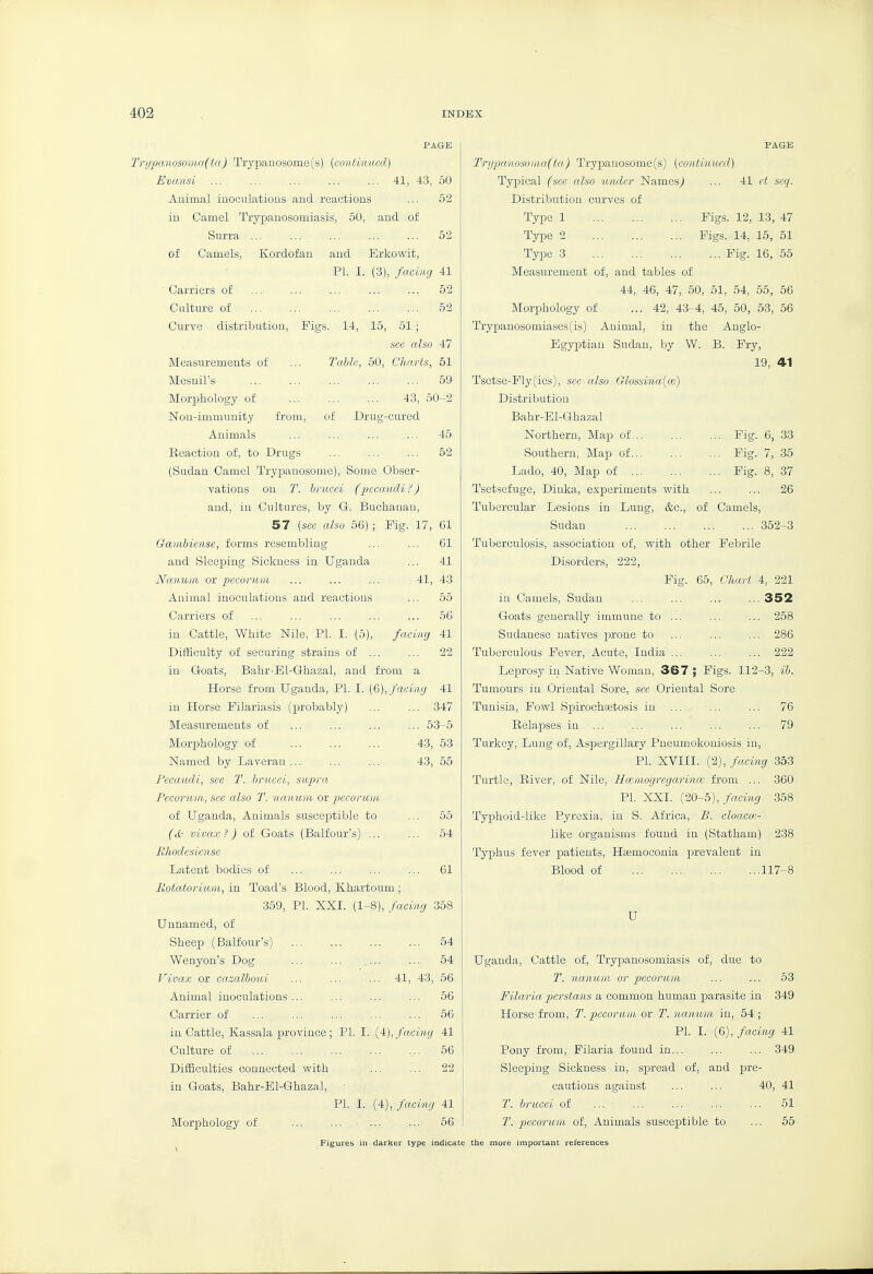 PAGE Trypanosoriia(ta) Trypanosome(s) [continued] Evansi ... ... ... ... ... 41, 43, 50 Auimal iuoculatious and reactious ... 52 iu Camel Trypauosomiasis, 50, and of of Surra Camels, Kordofan Carriers of Culture of Curve distribution, 52 and Erkowit, PI. I. (3), facinrj 41 52 52 Figs. 14, 15, 51; sec also 47 Table, 50, Charts, 61 59 43, 50-2 of Drug-cured Measurements of Mesnil's Morphology of Non-immunity from, Animals ... ... ... ... 45 Reaction of, to Drugs ... ... ... 52 (Sudan Camel Trypanosome), Some Obser- vations on T. hrucci (pccamli ?) and, in Cultures, by G. Buchanan, 57 (see also 56); Pig. 17, 61 Gamhiense, forms resembling ... ... 61 and Sleeping Sickness in Uganda ... 41 NaMum or pceoi'urii ... ... ... 41, 43 Animal inoculations and reactions ... 55 Carriers of ... ... ... ... ... 56 in Cattle, White Nile, PI. I. (5), facing 41 Difficulty of securing strains of ... ... 22 in Goats, Bahr-Bl-Ghazal, and from a Horse from Uganda, PI. I. (6), facing 41 in Horse Filariasis (probablj^) ... ... 347 Measurements of ... ... ... ... 53-5 Morphology of 43, 53 Named by Laveran ... ... ... 43, 55 Pecaucli, see T. lirucei, supra Pecorum, see also T. nanum or pecormn of Uganda, Animals susceptible to (i(; vivax ?) of Goats (Balfour's) ... lihodesiense Latent bodies of Rotatorium, in Toad's Blood, Khartoum ; 359, PI. XXI. (1-8), facing Unnamed, of Sheep (Balfour's) Wenyon's Dog Vivax or cazalboui Animal inoculations . Carrier of iu Cattle, Kassala province ; PI. I. Culture of Difficulties connected with in Goats, Bahr-El-Ghazal, 65 54 61 358 . 64 . 64 43, 66 66 56 [4:), facing 41 66 22 41, Morphology of PI. I. (4), facing 41 56 PAGE Trypanosoma(ta) Trypanosome(s) (continued) Typical (sec also under Names) ... 41 et scq. Distribution curves of Type 1 Figs. 12, 1.3, 47 Type 2 Figs. 14, 15, 51 Type 3 Fig. 16, 55 Measurement of, and tables of 44, 46, 47, 50, 51, 54, 55, 66 Morphology of ... 42, 43-4, 45, 50, 53, 56 Trypanosomiases(is) Animal, in the Anglo- EgyiDtian Sudan, by W. B. Fry, 19, 41 Tsetse-Fly (ies), sec also Glossi)ia(ce) Distribution Bahr-El-Ghazal Northern, Map of Fig. 6, 33 Southern, Map of Pig. 7, 35 Lado, 40, Map of Fig. 8, 37 Tsetsefuge, Dinka, experiments with ... ... 26 Tubercular Lesions in Lung, &c., of Camels, Sudan 352-3 Tuberculosis, association of, with other Febrile Disorders, 222, Pig. 65, Chart 4, 221 iu Camels, Sudan ... ... ... ... 352 Goats generally immune to ... ... ... 258 Sudanese natives prone to ... ... ... 286 Tuberculous Fever, Acute, India ... ... ... 222 Leprosy in Native Woman, 367 ; Figs. 112-3, ili. Tumours in Oriental Sore, sec Oriental Sore Tunisia, Fowl Spirochaetosis iu ... ... ... 76 Relapses in 79 Turkey, Lung of, Aspergillary Pneumokouiosis in, PI. XVIII. (2), facing 353 Turtle, River, of Nile, Ila'inogregarincc from ... 360 PL XXI. (■20-5), facing 358 Typhoid-like Pyrexia, iu S. Africa, B. eJoaca> like organisms found in (Statham) 238 Typhus fever patients, Hsemoconia prevalent in Blood of 117-8 Uganda, Cattle of. Trypanosomiasis of, due to 1\ nanum or pecorum ... ... 53 Filaria perstans a common human parasite in 349 Horse from, T. pecorum or T. nanxmn in, 54 ; PI. I. (6), facing 41 Pony from, Filaria found in... ... ... 349 Sleeping Sickness in, spread of, and pre- cautions against ... ... 40, 41 T. brucei of ... ... ... ... ... 51 T. pecorum of, Animals susceptible to ... 55